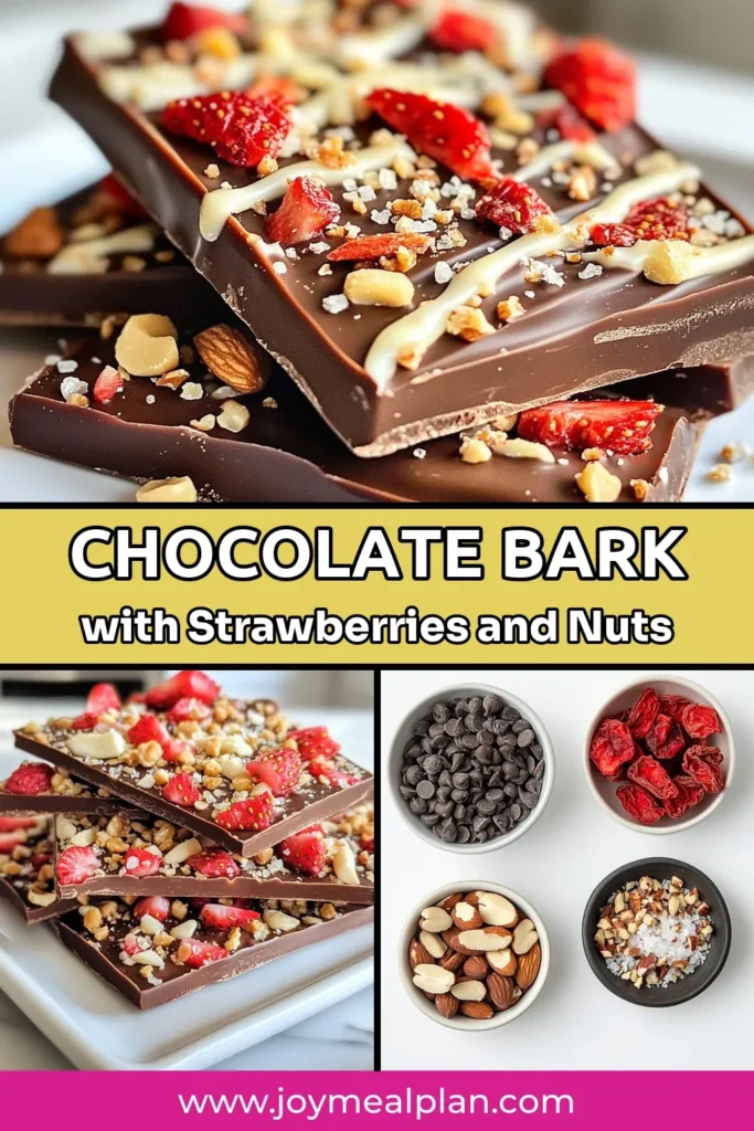 Indulge in this delicious chocolate-covered strawberry bark, a simple and easy chocolate dessert recipe perfect for any occasion! Made with rich dark and creamy white chocolate, and topped with freeze-dried strawberry treats and crunchy nuts, this homemade chocolate snack is sure to impress. Follow our easy steps and enjoy a delightful treat that’s both beautiful and tasty! Save this recipe for your next sweet craving! #ChocolateCoveredStrawberryBark #EasyDessert #HomemadeSnacks #ChocolateLovers