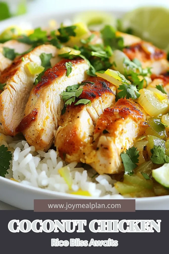 Enjoy a delicious Coconut Chicken & Rice that combines the best of flavors in a quick, easy chicken and rice dish. This Coconut chicken recipe features tender chicken thighs marinated in spices and served over a creamy coconut rice recipe made with jasmine rice. Perfect for a cozy night, this Thai chicken curry-inspired meal is sure to impress! Try it today! #CoconutChicken #EasyChickenAndRice #CoconutRice #JasmineRiceDish