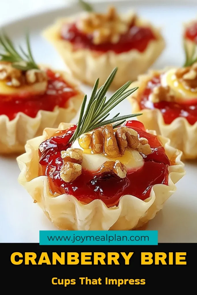 Impress your guests with these Mini Phyllo Brie Cranberry Cups! This mini phyllo cups recipe combines creamy Brie cheese with tangy cranberry sauce, making them perfect easy holiday appetizers. Baked phyllo pastry bites are a delicious addition to any gathering. Try these savory snacks with Brie that are sure to delight. Save this recipe for your next festive event! #BrieCranberryAppetizers #EasyHolidayAppetizers #BakedPhylloPastryBites #SavorySnacksWithBrie