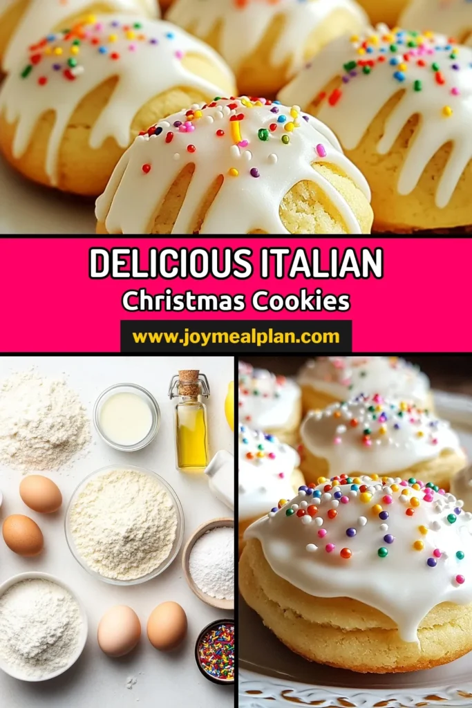 Get into the holiday spirit with these delightful Italian Christmas cookies! This festive cookie recipe features soft, easy Christmas cookies topped with colorful sugar cookies with sprinkles for a perfect celebration treat. Perfect for your holiday baking ideas, these cookies are sure to impress family and friends. Follow the steps to create a batch of 24 scrumptious cookies. Save this recipe for your Christmas baking! #ItalianChristmasCookies #HolidayBaking #ChristmasCookies #FestiveTreats