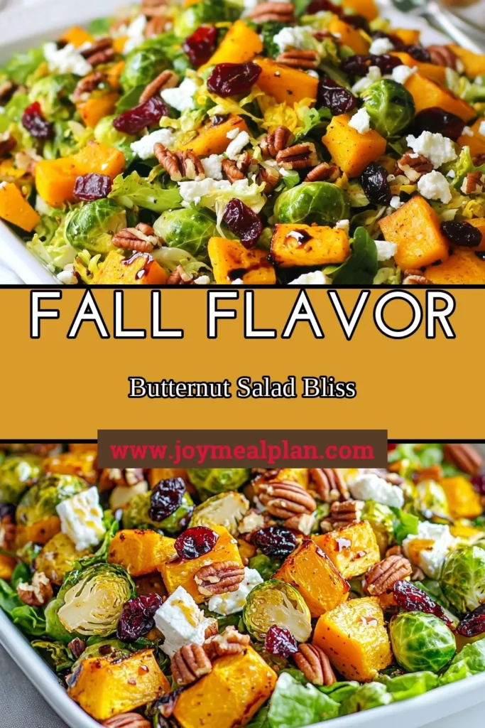 Discover the perfect fall dish with this harvest roasted butternut squash salad featuring Brussels sprouts. This Brussels sprouts salad recipe combines roasted veggies, sweet cranberries, and crunchy pecans for a deliciously healthy roasted vegetable salad. Topped with creamy feta, it's a must-try fall salad with cranberries. Save this recipe for your next gathering and enjoy a burst of flavors! #FallSalad #HealthyEating #ButternutSquash #PecanSalad