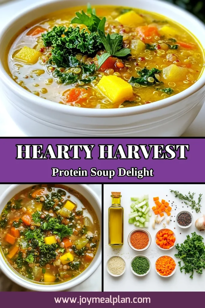 Warm up this fall with our harvest protein-packed soup, featuring nutrient-rich lentils and quinoa. This high-protein soup is a delicious vegan soup with kale that the whole family will love. Perfect for meal prep, this healthy vegetable soup recipe offers comforting flavors while keeping you satisfied. Try this lentil quinoa soup recipe today and savor the goodness! Save for later and discover more healthy meals. #HealthySoup #VeganRecipes #HighProtein #ComfortFood