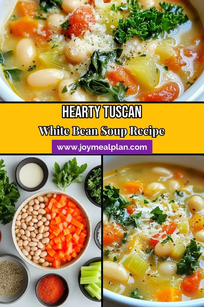 Warm up your meals with this delicious Tuscan white bean soup! This easy white bean soup recipe is packed with nutrients and flavor, featuring healthy kale and aromatic herbs. Perfect as a comforting vegetable soup recipe, it's a flavorful Italian soup recipe that your family will love. Enjoy a hearty bowl of goodness that’s simple to make! Save this recipe for your next cozy night in. #TuscanWhiteBeanSoup #HealthySoupWithKale #EasyWhiteBeanSoup #ItalianSoupRecipe