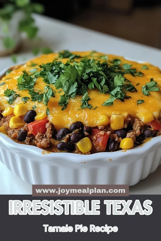 Discover the ultimate Texas tamale pie recipe that combines ground beef and savory spices for a delicious one dish tamale pie. This easy tamale pie is perfect for weeknight dinners and is baked to perfection with a cheesy topping. Ready in just 55 minutes, it's a hearty meal that the whole family will love! Try this baked tamale pie recipe today and experience the rich flavors of Texas comfort food. Save this pin for later! #TamalePie #HomemadeRecipes #ComfortFood #EasyDinner