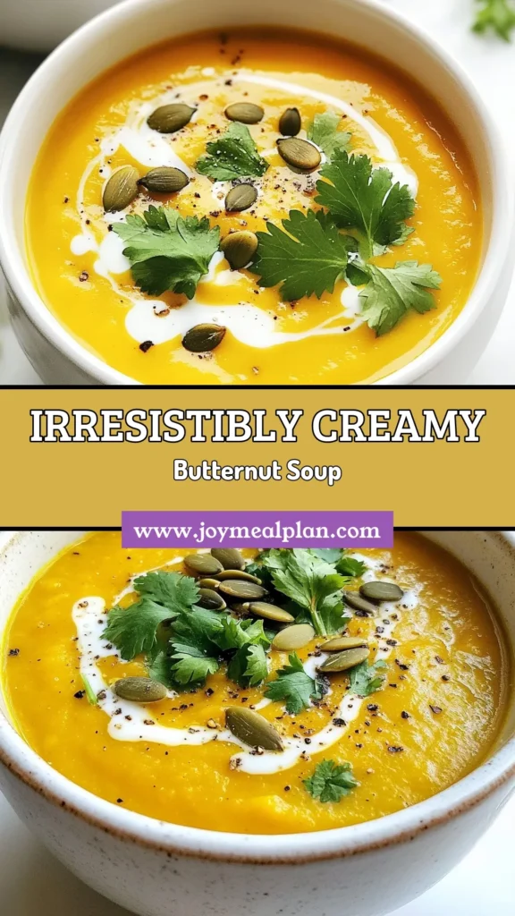 Warm up your chilly evenings with this cozy autumn soup: Roasted Butternut Squash Soup. This vegan soup recipe features velvety pureed butternut squash, aromatic spices, and creamy coconut milk, creating the perfect comfort food. Easy to make and deliciously satisfying, it's a must-try roasted butternut squash recipe for your fall menu. Click to discover how to create this delightful creamy squash soup and save for later! #ButternutSquashSoup #VeganSoupRecipes #AutumnRecipes #SoupSeason