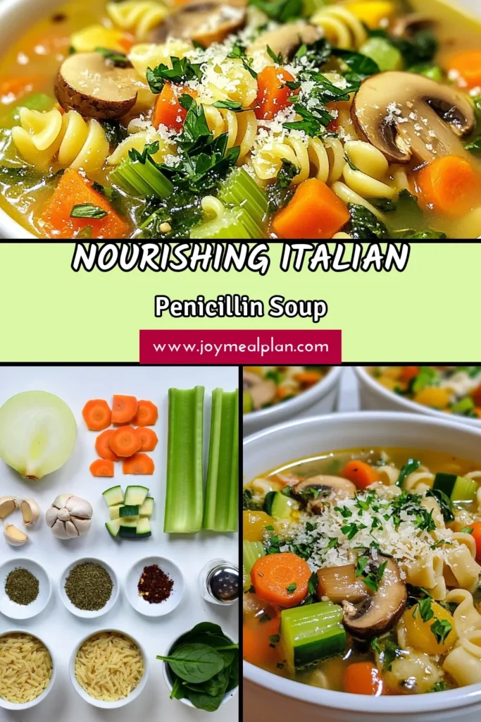 Warm up with our Italian Penicillin Soup, a healthy Italian soup packed with nutrients! This easy homemade soup features tender chicken, fresh vegetables, and comforting pasta, making it perfect for cozy nights. Satisfy your cravings while enjoying a delicious Chicken Vegetable Soup that will uplift your spirits. Don't miss out on this delightful recipe—save it for later and share it with your friends! #ItalianPenicillinSoup #HealthyItalianSoup #EasyHomemadeSoup #ComfortingPastaSoup