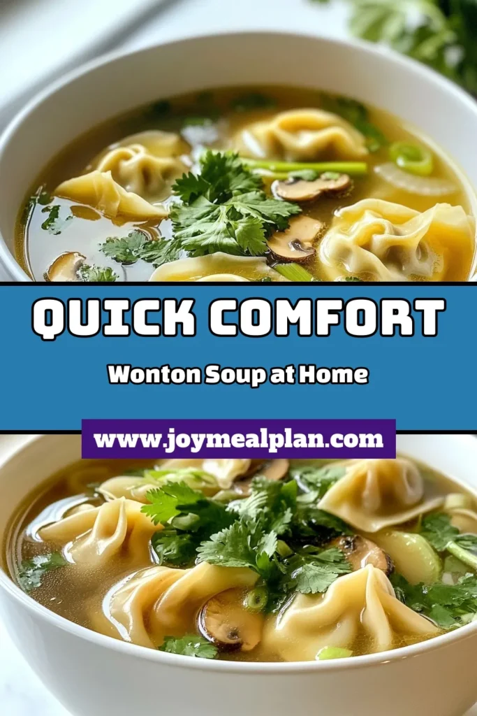 Discover the ultimate comfort with this easy wonton soup recipe! This easy chicken wonton soup is filled with homemade wontons and nestled in a flavorful Asian broth soup. Perfect for cozy nights or sharing with loved ones, this comforting soup recipe is simple to make and delicious. Try this recipe today and warm your soul! Save it for later and let your taste buds rejoice! #WontonSoup #ComfortFood #SoupRecipes #AsianCuisine