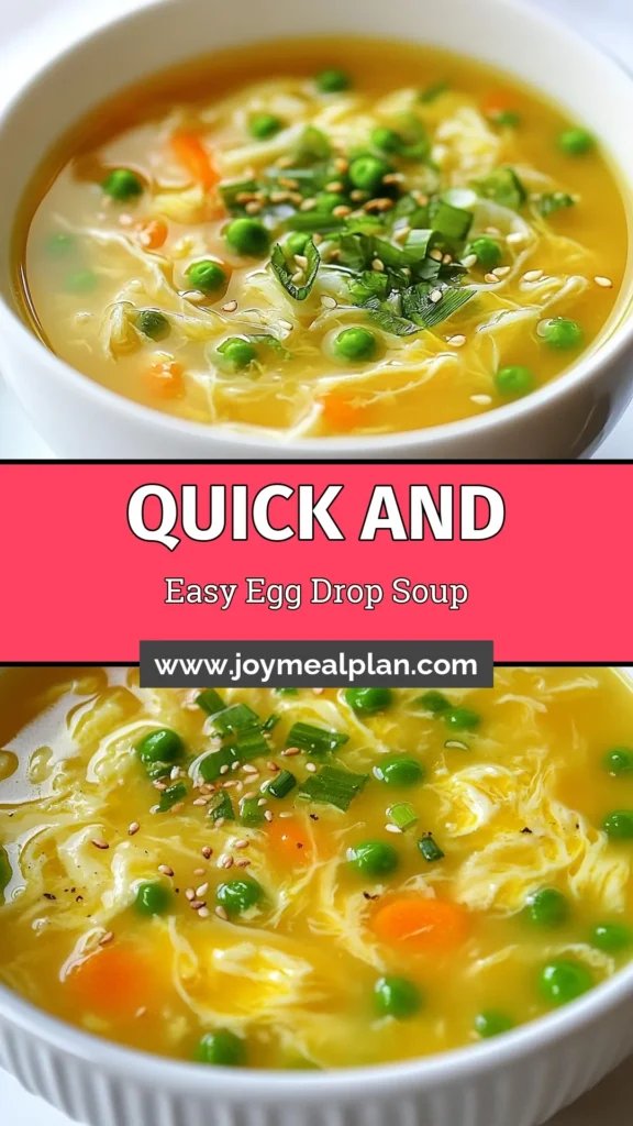 Discover how to make Minute Egg Drop Soup in just 10 minutes with this quick egg drop soup recipe! This easy egg drop soup is not only delicious but also a healthy vegetarian option packed with flavor. Perfect for a cozy dinner or a light lunch, it’s a nutritious choice for any day. Try out this simple recipe today and delight your taste buds! Save it for later to enjoy any time! #EggDropSoup #QuickRecipes #HealthyEating #VegetarianCooking