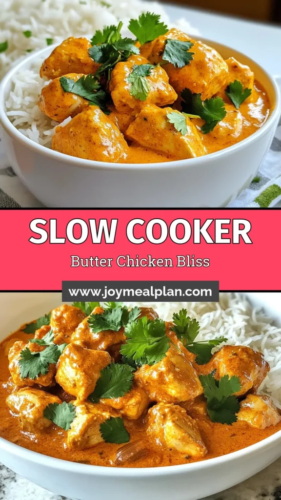 Savor the rich flavors of slow cooker butter chicken with this easy butter chicken recipe! Made with tender chicken thighs simmered in a creamy sauce of coconut milk and spices, this Indian curry slow cooker recipe is perfect for a weeknight dinner. Just prep, set, and enjoy a delicious meal that the whole family will love. Don't forget to save this creamy butter chicken recipe for later! #SlowCookerButterChicken #EasyButterChicken #IndianCurryRecipe #ButterChickenWithCoconutMilk