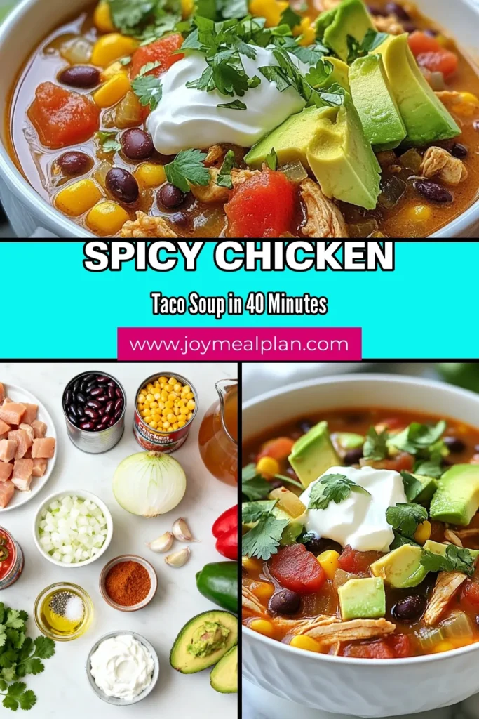 Discover the ultimate Spicy Chicken Taco Soup that’s perfect for a cozy night in! This easy taco soup recipe combines juicy chicken, black beans, and vibrant veggies all in one pot for a hearty meal. Whether you're looking for a healthy chicken soup or a zesty Tex-Mex soup recipe, this one-pot chicken soup is deliciously satisfying. Save this recipe to warm up your weeknight dinners! #ChickenTacoSoup #OnePotMeals #HealthyRecipes #TexMexFlavors