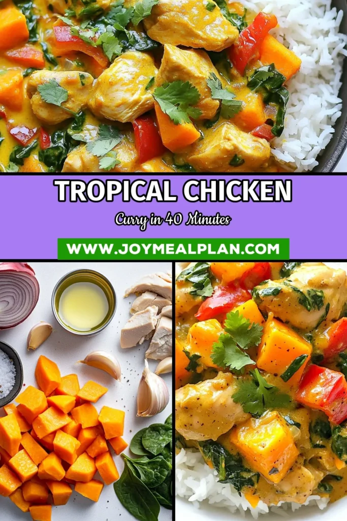 Indulge in this Tropical Chicken Sweet Potato Curry, an easy weeknight dinner your family will love! This healthy chicken curry features tender chicken thighs, vibrant sweet potatoes, and creamy coconut milk for a delightful flavor. Perfect for those craving a satisfying, comforting meal. Try this sweet potato curry recipe tonight and savor every bite! Don’t forget to save for later! #TropicalChickenCurry #SweetPotatoCurryRecipe #CoconutMilkCurry #HealthyChickenCurry
