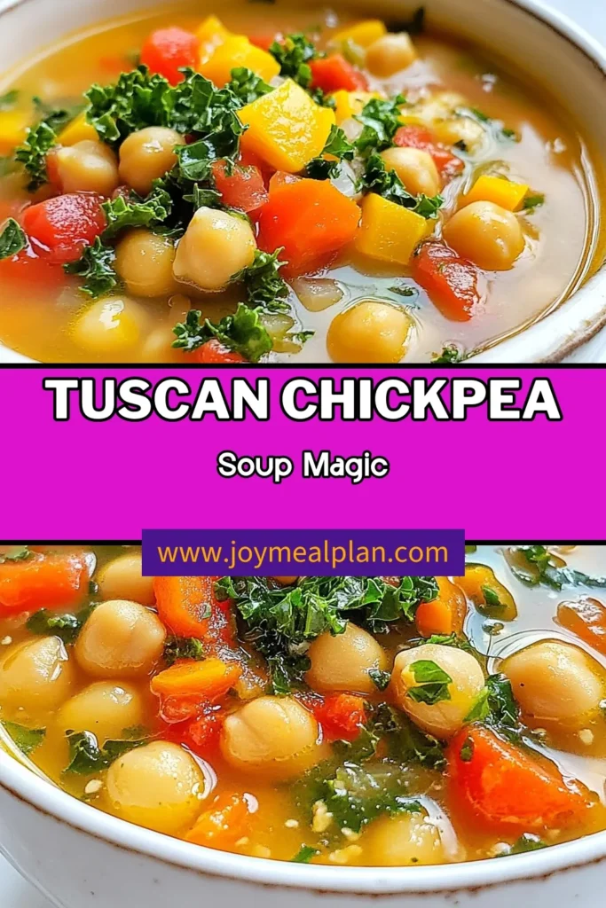 Discover the warmth of Tuscan chickpea soup, a nutritious and satisfying dish perfect for any meal! This vegan Tuscan soup combines chickpeas, kale, and flavorful spices in a cozy vegetable broth chickpea stew. Easy to make, this healthy chickpea recipe is perfect for busy weeknights. Try this kale and chickpea soup for a delicious, wholesome option. Save this recipe for a healthy dinner idea today! #TuscanChickpeaSoup #HealthyRecipes #VeganCooking #ChickpeaStew
