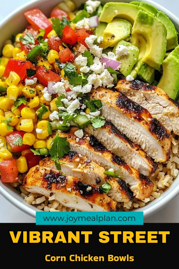 Discover the ultimate street corn chicken bowls that combine grilled chicken, fresh sweet corn, and creamy avocado for a deliciously healthy chicken bowl recipe. Perfect as a grilled chicken rice bowl for meal prep or a quick dinner. This sweet corn bowl recipe is vibrant and packed with flavor, making it a must-try! Save this avocado chicken bowl idea for your next meal! #StreetCornChickenBowls #HealthyEating #MealPrep #RecipeIdeas