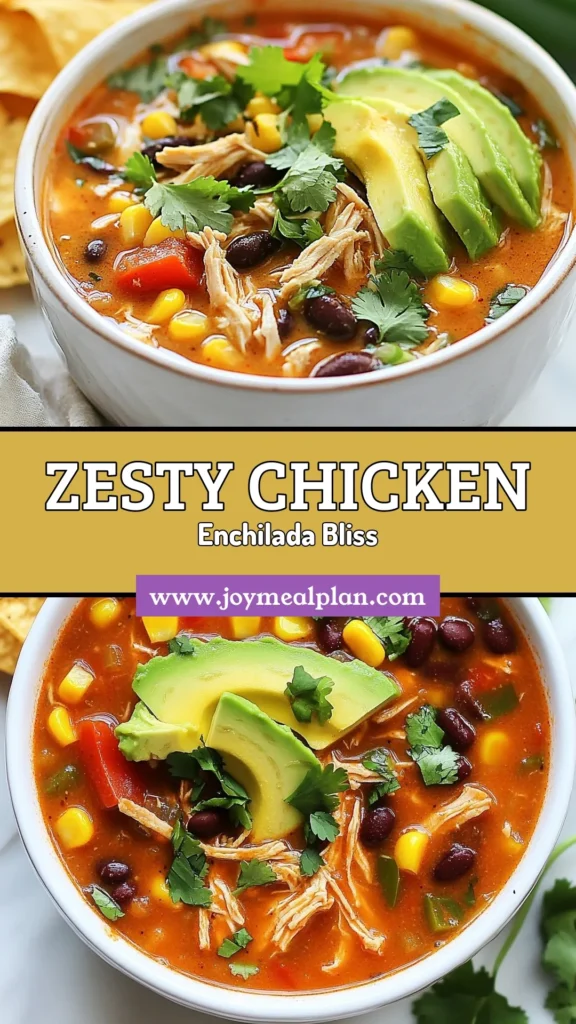 Discover the ultimate comfort food with this Zesty Chicken Enchilada Soup! This easy Chicken Enchilada Soup recipe blends flavors of spicy chicken soup with creamy textures, making it perfect for any occasion. Enjoy the delightful combination of shredded chicken, black beans, and fresh veggies. Ready in just 35 minutes, it’s an ideal weeknight meal. Try this creamy chicken tortilla soup and impress your family! Save this recipe now! #ChickenEnchiladaSoup #ZestySoup #EasyEnchiladaSoup #SpicyChickenSoup