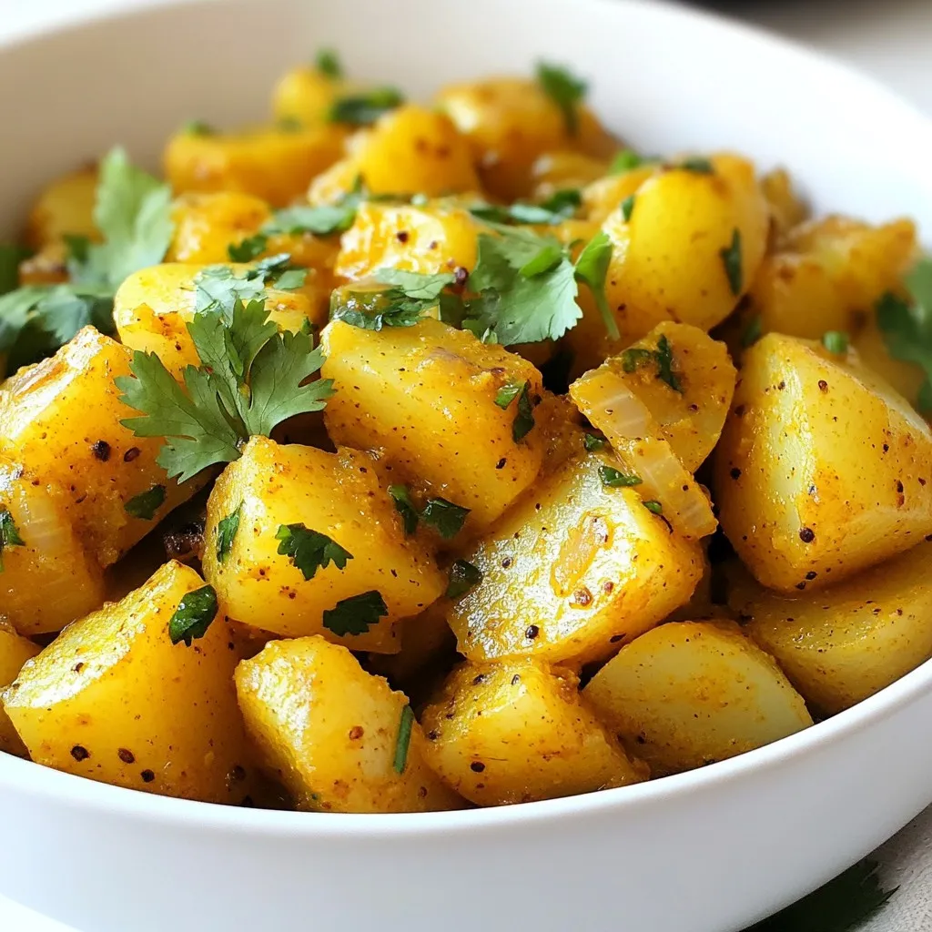 - 4 medium-sized potatoes, diced into 1-inch cubes - 2 large onions, thinly sliced - 2 tablespoons vegetable oil - 1 teaspoon ground turmeric - 1 teaspoon cumin seeds - 1 teaspoon ground coriander - 2 tablespoons tomato paste - 2 cups vegetable broth - Fresh cilantro leaves, chopped, for garnish This dish starts with simple, fresh ingredients. The potatoes give a hearty base. The onions add sweetness and depth. Using vegetable oil helps to sauté the onions perfectly. Spices bring the dish to life. Turmeric gives a warm color and earthy taste. Cumin seeds add a nutty flavor, while ground coriander balances everything with citrus notes. Don’t forget the tomato paste! It adds richness and a hint of tang. The vegetable broth keeps the dish moist and flavorful. Finally, fresh cilantro gives a pop of color and freshness on top. These ingredients come together to create a comforting and tasty meal. Each one plays a role, making Dopiazeh Aloo a delightful dish to share with family and friends. {{ingredient_image_2}} - Caramelizing the onions Start by heating 2 tablespoons of vegetable oil in a large pot over medium heat. Next, add 2 large onions, thinly sliced. Stir them often for about 10 to 15 minutes. You want the onions to turn a rich golden brown. This step adds deep flavor to your dish. - Adding spices to the onions Once the onions are caramelized, it’s time to add flavor. Sprinkle in 1 teaspoon of ground turmeric, 1 teaspoon of cumin seeds, and 1 teaspoon of ground coriander. Stir well and cook for another 2 to 3 minutes. This will let the spices release their wonderful aromas. - Incorporating tomatoes and potatoes Now, add 2 tablespoons of tomato paste to the pot. Stir it in for about 2 minutes, mixing it well with the heated spices. Then, carefully add 4 medium-sized potatoes, diced into 1-inch cubes. Pour in 2 cups of vegetable broth, along with 1 teaspoon of salt and ½ teaspoon of freshly ground black pepper. Gently mix everything together, ensuring the potatoes are fully coated. - Cooking until tender Bring the pot to a boil, then lower the heat to a gentle simmer. Cover the pot and let it cook for 25 to 30 minutes. Stir occasionally to prevent sticking. You’ll know it’s ready when the potatoes are tender and easy to pierce with a fork. Taste your dish and adjust the seasoning if needed. Allow it to sit for a few minutes before serving to boost the flavors. Timing and temperature are key for great caramelized onions. Start with medium heat. This helps the onions cook slowly. Stir them every few minutes. This keeps them from burning. Aim for a rich golden brown color. This can take about 10 to 15 minutes. Take your time. Rushing can lead to uneven cooking. Tasting and seasoning let you control the dish's flavor. After cooking, taste the Dopiazeh Aloo. This is your chance to make it perfect. If it's bland, add more salt or pepper. A little extra can go a long way. Adjusting spices can boost the overall taste. Don’t be afraid to experiment! Stirring and simmering are vital for a good texture. When adding potatoes, gently stir them in. This helps them mix well with the spices. Keep the heat low when simmering. This allows the flavors to meld together. Stir occasionally to prevent sticking. This keeps your dish smooth and tasty. Pro Tips Caramelize the Onions: Take your time to sauté the onions until they reach a deep golden brown; this will enhance the sweetness and depth of flavor in the dish. Adjust the Spice Level: Feel free to tweak the spices to your liking. Adding a pinch of chili powder or cayenne can give it a nice kick if you enjoy heat. Use Fresh Herbs: For the best flavor, use fresh cilantro as a garnish. It adds a vibrant touch and elevates the overall taste of the dish. Perfect Potato Texture: Check the potatoes towards the end of cooking. They should be tender but not mushy; this will ensure a delightful texture in your Dopiazeh Aloo. {{image_4}} You can switch up the vegetables in Dopiazeh Aloo. Instead of potatoes, try sweet potatoes or carrots. These choices add a different texture and taste. You can also use eggplant or zucchini for a unique twist. Just remember, adjust the cooking time for softer veggies. Want to boost the flavor? Add spices like smoked paprika or chili powder. These spices can give your dish a smoky or spicy kick. You might also try adding fresh herbs, like parsley or mint, for a fresh taste. Experiment with flavors until it feels perfect for you. Dopiazeh Aloo pairs well with warm flatbread or fluffy rice. You can serve it alongside a fresh salad for crunch. Consider a side of yogurt for creaminess. These accompaniments help balance the hearty potato dish. Enjoy your meal with family or friends for a delightful experience. To store leftovers of Persian Dopiazeh Aloo, let it cool first. Place it in an airtight container. This dish stays fresh in the fridge for about 3 to 4 days. When you are ready to eat, just take it out. The best way to reheat Dopiazeh Aloo is on the stove. Pour the dish into a pot and add a splash of water or broth. Heat on low, stirring often. You can also use a microwave. Just cover it loosely and heat in short bursts, stirring in between. To freeze Dopiazeh Aloo, allow it to cool completely. Transfer it to a freezer-safe container. It can last for up to 3 months in the freezer. To defrost, move it to the fridge overnight. Then, reheat it on the stove or in the microwave. Enjoy every bite! Dopiazeh Aloo is a Persian potato dish. It is rich and comforting. The name means "two onions" in Persian, and that's key. The dish uses lots of onions, which adds deep flavor. Historically, Dopiazeh Aloo dates back centuries. It is popular in Persian homes. The dish pairs simple ingredients with warm spices. The result is a tasty meal that feels special. Yes, you can make Dopiazeh Aloo vegan easily. Just use vegetable broth instead of chicken broth. This dish is already meat-free, so it’s a great option. For a creamier texture, add coconut milk. This adds a nice twist to the flavor. You can also include chickpeas for extra protein. They work well with the spices. You can serve Dopiazeh Aloo in a large bowl. Garnish it with fresh cilantro leaves. This adds a pop of color and freshness. For sides, warm flatbread is perfect. You can also pair it with steamed rice. It makes a filling and satisfying meal. Dopiazeh Aloo comes from Iran, a country with rich food traditions. The dish has roots in Persian cuisine. It reflects the culture's love for bold flavors. Onions play a big role in Persian cooking. They symbolize prosperity and health. This dish captures the spirit of family meals in Iran. Enjoying Dopiazeh Aloo connects you with this rich history. You learned how to make Dopiazeh Aloo by using simple ingredients and steps. Start with potatoes and onions, and add spices like turmeric and cumin. Remember to caramelize the onions well for rich flavor. You can try different veggies or spices to make it your own. When storing leftovers, keep them in the fridge or freeze for later. Cooking can be fun and creative. Enjoy this dish with friends and family for a comforting meal. Dive into this delicious recipe and make it yours!