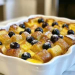 To make Blueberry French Toast Casserole, gather these ingredients: - 1 loaf of day-old brioche or challah bread, cut into 1-inch cubes - 2 cups fresh blueberries, rinsed and drained - 6 large eggs, at room temperature - 1 ½ cups whole milk, warmed - ¼ cup pure maple syrup - 1 teaspoon pure vanilla extract - 1 teaspoon ground cinnamon - A pinch of sea salt - 2 tablespoons unsalted butter, melted and slightly cooled - Powdered sugar for dusting (optional) When choosing blueberries, look for bright colors. The berries should be firm and plump. Avoid any that are soft or have wrinkles. Fresh blueberries should smell sweet and fruity. If you find any green or unripe berries, skip them. They won’t taste as good in your casserole. If you can't find brioche or challah, use other breads. French bread or sourdough works well. You can even try whole wheat or gluten-free bread. Just ensure the bread is sturdy enough to hold the egg mixture. The key is to use day-old bread, as it soaks up flavors better. {{ingredient_image_2}} First, I preheat my oven to 350°F (175°C). This step is key for even cooking. Next, I grab a 9x13-inch baking dish and lightly grease it with butter. You can also use cooking spray if you prefer. This helps the casserole come out easily after baking. In a large mixing bowl, I crack six large eggs. I let them sit at room temperature for best results. Then, I add 1 ½ cups of warmed whole milk. This warms up the eggs and helps mix well. Next, I pour in ¼ cup of pure maple syrup and 1 teaspoon of pure vanilla extract. These add sweetness and flavor. I also add 1 teaspoon of ground cinnamon and a pinch of sea salt. Using a whisk, I mix everything until it is smooth. This mixture will soak into the bread and blueberries later. Now, I start layering. I take half of my cubed brioche or challah bread and spread it evenly in the prepared dish. It’s important to cover the bottom well. Then, I sprinkle half of the fresh blueberries over the bread. This gives bursts of flavor in every bite. After that, I carefully pour half of the egg mixture over the bread and blueberries. I want to make sure every piece is soaked. Next, I repeat the process. I add the rest of the cubed bread, followed by the remaining blueberries. Finally, I pour the last of the egg mixture over the top. To finish, I drizzle two tablespoons of melted butter evenly over everything. This adds richness and flavor to the casserole. Soaking your casserole overnight helps the bread absorb the egg mix. I recommend using day-old bread for the best texture. Cut the bread into 1-inch cubes to ensure even soaking. Once layered in the dish, pour the egg mixture over the bread. Cover the dish tightly and chill it overnight. This adds flavor and makes baking easier. To bake perfectly, preheat your oven to 350°F (175°C). Bake the casserole for about 30 minutes covered with foil. Remove the foil and bake for another 15-20 minutes. Look for a golden brown top. The center should feel firm when touched. If it jiggles, give it more time. Always allow the casserole to cool for about 10 minutes before slicing. Serve warm slices on individual plates for a lovely presentation. Add a dusting of powdered sugar for a sweet touch. A drizzle of maple syrup elevates the dish. You can also garnish with extra blueberries for color and flavor. This dish is perfect for brunch or a cozy breakfast! Pro Tips Use Day-Old Bread: Day-old brioche or challah absorbs the custard mixture better, giving you a richer flavor and texture. Overnight Soak: For the best results, refrigerate the casserole overnight. This allows the flavors to meld beautifully and ensures a soft, custardy center. Fresh Blueberries: Using fresh blueberries adds a burst of flavor and natural sweetness. Frozen blueberries can be used, but they may release more moisture. Serving Suggestions: Serve with additional maple syrup or whipped cream for an indulgent touch. Fresh mint leaves can also add a pop of color! {{image_4}} You can change the flavor by adding other fruits or nuts. Strawberries, raspberries, or bananas work well. Just slice them and sprinkle them in layers like the blueberries. If you like nuts, try walnuts or pecans. Chop them up and add them for a nice crunch. This will make your casserole unique and tasty. To make this casserole vegan, swap out the eggs and milk. Use a plant-based milk like almond or coconut. For eggs, use flax eggs or a commercial egg replacer. Mix one tablespoon of ground flaxseed with three tablespoons of water for each egg. Let it sit for a few minutes to thicken. Your casserole will still taste great and be friendly for all diets. If you need a gluten-free option, choose gluten-free bread. You can find many types in stores now. Just make sure it is fresh and soft to get the best texture. Check for gluten-free oats as a topping if you want a unique twist. Your casserole will still be delicious and safe to eat for those who avoid gluten. To reheat leftover Blueberry French Toast Casserole, preheat your oven to 350°F (175°C). Place your casserole in an oven-safe dish. Cover it loosely with foil to keep it from drying out. Bake for about 20 minutes or until it's warm throughout. You can also use a microwave for quick reheating. Just cut a slice and warm it for about 1-2 minutes. If you want to freeze the casserole, let it cool completely first. Cut it into individual portions. Wrap each piece tightly in plastic wrap, then place them in a freezer-safe bag. This way, you can pull out just what you need. It will keep well in the freezer for up to three months. When you are ready to eat, thaw it overnight in the fridge before reheating. The Blueberry French Toast Casserole will last in the fridge for about 3-4 days. Store it in an airtight container to keep it fresh. Always check for any signs of spoilage before eating. If it looks or smells off, it’s best to discard it. Following these best practices helps you enjoy your delicious casserole safely. Yes, you can use frozen blueberries. They work well in this casserole. Just be sure to thaw and drain them first. This step helps keep the bread from getting too soggy. If you like, you can add a bit more cinnamon to balance the extra moisture. The casserole is done when the top is golden brown. You should also check if the center is firm to touch. If it jiggles too much, it needs more time. Bake it covered for 30 minutes, then uncovered for 15 to 20 minutes. This method helps it cook evenly. Absolutely! Preparing it the night before is a great idea. After layering the ingredients, cover the dish tightly. Place it in the fridge overnight. This extra time helps all the flavors mix well, making your meal even tastier. Just remember to bake it in the morning! You now have a clear path to make a delicious blueberry casserole. We covered the key ingredients, tips for picking fresh blueberries, and the best alternatives for bread. I guided you through each step, from prepping your dish to perfecting your bake. Don’t forget to explore variations that can make this dish even more fun. With the right storage tips, you can enjoy leftovers too. Enjoy making your casserole, and remember, the joy of cooking comes from trying new things. Enjoy every bite!