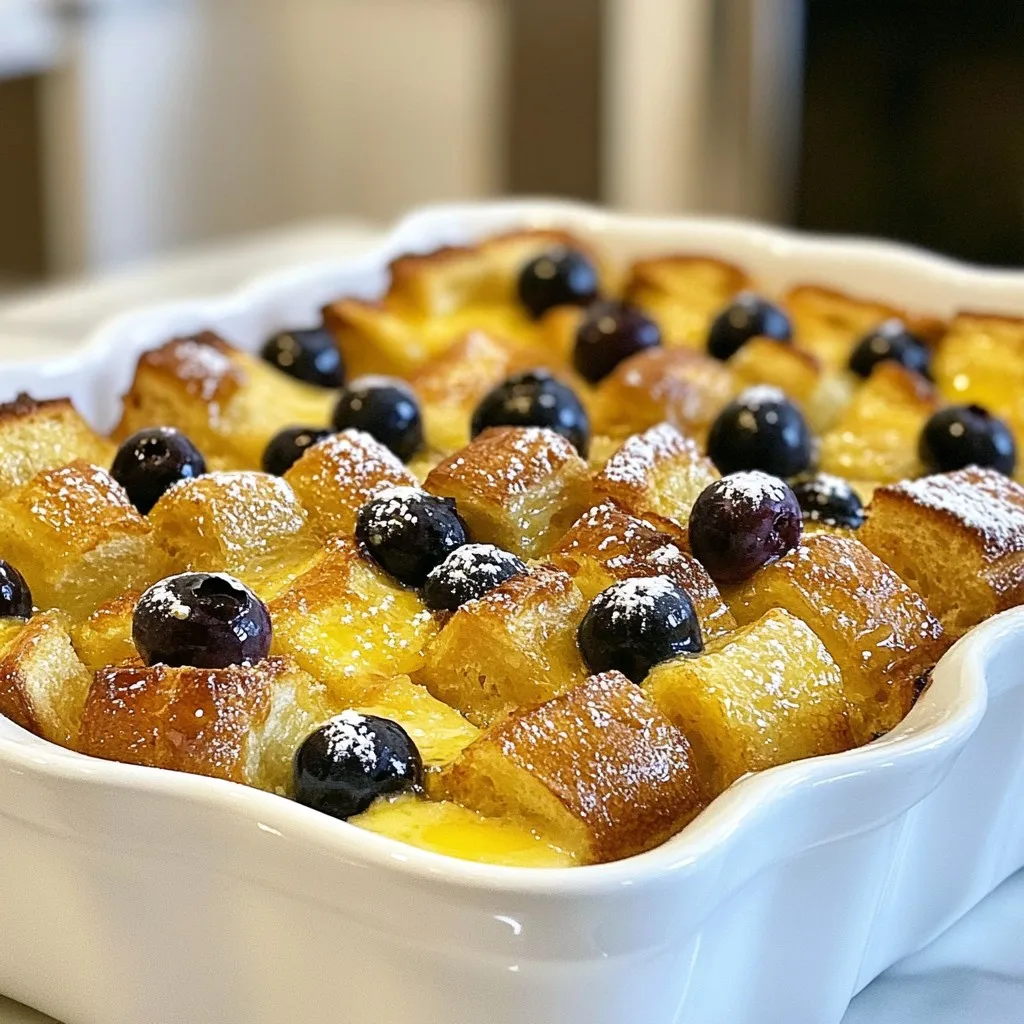 To make Blueberry French Toast Casserole, gather these ingredients: - 1 loaf of day-old brioche or challah bread, cut into 1-inch cubes - 2 cups fresh blueberries, rinsed and drained - 6 large eggs, at room temperature - 1 ½ cups whole milk, warmed - ¼ cup pure maple syrup - 1 teaspoon pure vanilla extract - 1 teaspoon ground cinnamon - A pinch of sea salt - 2 tablespoons unsalted butter, melted and slightly cooled - Powdered sugar for dusting (optional) When choosing blueberries, look for bright colors. The berries should be firm and plump. Avoid any that are soft or have wrinkles. Fresh blueberries should smell sweet and fruity. If you find any green or unripe berries, skip them. They won’t taste as good in your casserole. If you can't find brioche or challah, use other breads. French bread or sourdough works well. You can even try whole wheat or gluten-free bread. Just ensure the bread is sturdy enough to hold the egg mixture. The key is to use day-old bread, as it soaks up flavors better. {{ingredient_image_2}} First, I preheat my oven to 350°F (175°C). This step is key for even cooking. Next, I grab a 9x13-inch baking dish and lightly grease it with butter. You can also use cooking spray if you prefer. This helps the casserole come out easily after baking. In a large mixing bowl, I crack six large eggs. I let them sit at room temperature for best results. Then, I add 1 ½ cups of warmed whole milk. This warms up the eggs and helps mix well. Next, I pour in ¼ cup of pure maple syrup and 1 teaspoon of pure vanilla extract. These add sweetness and flavor. I also add 1 teaspoon of ground cinnamon and a pinch of sea salt. Using a whisk, I mix everything until it is smooth. This mixture will soak into the bread and blueberries later. Now, I start layering. I take half of my cubed brioche or challah bread and spread it evenly in the prepared dish. It’s important to cover the bottom well. Then, I sprinkle half of the fresh blueberries over the bread. This gives bursts of flavor in every bite. After that, I carefully pour half of the egg mixture over the bread and blueberries. I want to make sure every piece is soaked. Next, I repeat the process. I add the rest of the cubed bread, followed by the remaining blueberries. Finally, I pour the last of the egg mixture over the top. To finish, I drizzle two tablespoons of melted butter evenly over everything. This adds richness and flavor to the casserole. Soaking your casserole overnight helps the bread absorb the egg mix. I recommend using day-old bread for the best texture. Cut the bread into 1-inch cubes to ensure even soaking. Once layered in the dish, pour the egg mixture over the bread. Cover the dish tightly and chill it overnight. This adds flavor and makes baking easier. To bake perfectly, preheat your oven to 350°F (175°C). Bake the casserole for about 30 minutes covered with foil. Remove the foil and bake for another 15-20 minutes. Look for a golden brown top. The center should feel firm when touched. If it jiggles, give it more time. Always allow the casserole to cool for about 10 minutes before slicing. Serve warm slices on individual plates for a lovely presentation. Add a dusting of powdered sugar for a sweet touch. A drizzle of maple syrup elevates the dish. You can also garnish with extra blueberries for color and flavor. This dish is perfect for brunch or a cozy breakfast! Pro Tips Use Day-Old Bread: Day-old brioche or challah absorbs the custard mixture better, giving you a richer flavor and texture. Overnight Soak: For the best results, refrigerate the casserole overnight. This allows the flavors to meld beautifully and ensures a soft, custardy center. Fresh Blueberries: Using fresh blueberries adds a burst of flavor and natural sweetness. Frozen blueberries can be used, but they may release more moisture. Serving Suggestions: Serve with additional maple syrup or whipped cream for an indulgent touch. Fresh mint leaves can also add a pop of color! {{image_4}} You can change the flavor by adding other fruits or nuts. Strawberries, raspberries, or bananas work well. Just slice them and sprinkle them in layers like the blueberries. If you like nuts, try walnuts or pecans. Chop them up and add them for a nice crunch. This will make your casserole unique and tasty. To make this casserole vegan, swap out the eggs and milk. Use a plant-based milk like almond or coconut. For eggs, use flax eggs or a commercial egg replacer. Mix one tablespoon of ground flaxseed with three tablespoons of water for each egg. Let it sit for a few minutes to thicken. Your casserole will still taste great and be friendly for all diets. If you need a gluten-free option, choose gluten-free bread. You can find many types in stores now. Just make sure it is fresh and soft to get the best texture. Check for gluten-free oats as a topping if you want a unique twist. Your casserole will still be delicious and safe to eat for those who avoid gluten. To reheat leftover Blueberry French Toast Casserole, preheat your oven to 350°F (175°C). Place your casserole in an oven-safe dish. Cover it loosely with foil to keep it from drying out. Bake for about 20 minutes or until it's warm throughout. You can also use a microwave for quick reheating. Just cut a slice and warm it for about 1-2 minutes. If you want to freeze the casserole, let it cool completely first. Cut it into individual portions. Wrap each piece tightly in plastic wrap, then place them in a freezer-safe bag. This way, you can pull out just what you need. It will keep well in the freezer for up to three months. When you are ready to eat, thaw it overnight in the fridge before reheating. The Blueberry French Toast Casserole will last in the fridge for about 3-4 days. Store it in an airtight container to keep it fresh. Always check for any signs of spoilage before eating. If it looks or smells off, it’s best to discard it. Following these best practices helps you enjoy your delicious casserole safely. Yes, you can use frozen blueberries. They work well in this casserole. Just be sure to thaw and drain them first. This step helps keep the bread from getting too soggy. If you like, you can add a bit more cinnamon to balance the extra moisture. The casserole is done when the top is golden brown. You should also check if the center is firm to touch. If it jiggles too much, it needs more time. Bake it covered for 30 minutes, then uncovered for 15 to 20 minutes. This method helps it cook evenly. Absolutely! Preparing it the night before is a great idea. After layering the ingredients, cover the dish tightly. Place it in the fridge overnight. This extra time helps all the flavors mix well, making your meal even tastier. Just remember to bake it in the morning! You now have a clear path to make a delicious blueberry casserole. We covered the key ingredients, tips for picking fresh blueberries, and the best alternatives for bread. I guided you through each step, from prepping your dish to perfecting your bake. Don’t forget to explore variations that can make this dish even more fun. With the right storage tips, you can enjoy leftovers too. Enjoy making your casserole, and remember, the joy of cooking comes from trying new things. Enjoy every bite!