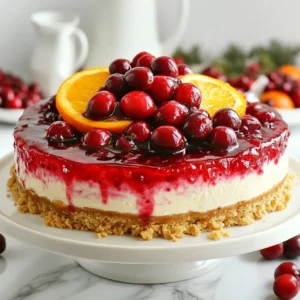 - 1 ½ cups graham cracker crumbs - ½ cup unsalted butter, melted - 2 tablespoons granulated sugar - 16 oz cream cheese, softened at room temperature - 1 cup granulated sugar (for filling) - 1 teaspoon pure vanilla extract - 3 large eggs - Zest of 1 large orange - ½ cup freshly squeezed orange juice - 1 cup fresh cranberries, roughly chopped - ¼ cup granulated sugar (for cranberry topping) - 1 cup water To make the best cranberry orange cheesecake, you need good ingredients. Start with graham cracker crumbs. They create a great crust. Mix the crumbs with melted unsalted butter and sugar. This gives your crust a sweet and rich taste. Use fresh cream cheese for the filling. Softened cream cheese mixes well and gives a nice, smooth texture. Add granulated sugar to sweeten it up. The pure vanilla extract adds a warm aroma and flavor. Next, you will need eggs. They help bind the filling together. Don't forget the orange zest and juice! They bring bright flavors and a lovely scent. Fresh cranberries add a tart kick to your cheesecake. To top it all off, prepare a simple cranberry topping. You will need more fresh cranberries, sugar, and water for this. The topping will balance the cheesecake's sweetness and add a pop of color. Now you have everything you need to make a delightful cranberry orange cheesecake. Each ingredient plays a vital role in creating layers of flavor and texture. {{ingredient_image_2}} - Preheat oven to 325°F (165°C). - Grease the springform pan well with non-stick spray. First, I set my oven to the right temperature. This step is key for even baking. While the oven warms up, I prepare the springform pan. Greasing it well helps the cheesecake come out easily later. - Combine graham cracker crumbs, melted butter, and sugar. - Press the mixture into the pan. In a bowl, I mix the graham cracker crumbs with melted butter and sugar. The crumbs should be coated well. Next, I press the mixture firmly into the bottom of the springform pan. This creates a sturdy base for my cheesecake. I bake it for 10 minutes and let it cool. - Beat cream cheese and incorporate sugar. - Add eggs, orange zest, and juice. Now, I take a large mixing bowl. I beat the softened cream cheese until smooth. I then add in the granulated sugar and mix until fluffy. Next, I add eggs one by one, mixing well each time. Finally, I gently fold in the orange zest and juice, which gives a fresh flavor. - Pour filling into crust and bake. - Cool in the oven. I pour the cheesecake filling over the cooled crust. I smooth the top for an even look. Then, I bake it for 55-60 minutes. The center should be set but still jiggles a bit. After baking, I turn off the oven and leave the door slightly open. This helps the cheesecake cool slowly for one hour. - Simmer cranberries, sugar, and water. - Cool the cranberry topping before use. While the cheesecake cools, I make the cranberry topping. I combine fresh cranberries, sugar, and water in a small saucepan. I bring it to a simmer and stir occasionally. After 10-15 minutes, the cranberries break down, forming a syrupy mix. I remove it from heat and let it cool. - Refrigerate the cheesecake. - Serve with toppings. Once the cheesecake is cool, I carefully remove it from the pan. I spoon the cranberry topping on top. Next, I cover it with plastic wrap and refrigerate for at least four hours. This allows all the flavors to blend. When I’m ready to serve, I take it out and let it sit for 10 minutes. Then, I slice it and enjoy! Use room temperature ingredients. This is key for a smooth filling. Cold cream cheese can lead to lumps. Let it sit out for about an hour before mixing. Avoid cracks during baking. Bake your cheesecake gently. A sudden change in temperature can cause cracks. After baking, leave the oven door slightly open for an hour. This helps the cheesecake cool slowly. Garnish your cheesecake. Use fresh cranberries and orange slices for a bright look. These add a pop of color and a touch of flavor. Serve with accompaniments. A dollop of whipped cream pairs well. You can also add a drizzle of chocolate sauce for an extra treat. Pro Tips Room Temperature Ingredients: Make sure your cream cheese and eggs are at room temperature before mixing. This helps achieve a smooth and creamy filling without lumps. Prevent Cracking: To avoid cracks on the surface of your cheesecake, bake it in a water bath. Wrap the springform pan in aluminum foil and place it in a larger pan filled with hot water during baking. Flavor Enhancements: For an extra flavor boost, consider adding a pinch of cinnamon or nutmeg to the filling. This will complement the orange and cranberry beautifully. Chill Overnight: For the best texture and flavor, allow the cheesecake to chill in the refrigerator overnight. This will help the flavors meld together and result in a firmer slice. {{image_4}} If you or your guests have dietary needs, you can easily adjust the recipe. Here are two common substitutions: - Gluten-free crust options: Try using almond flour or gluten-free cookie crumbs instead of graham cracker crumbs. Mix them with melted butter and sugar for a tasty base. - Dairy-free cream cheese alternatives: Look for plant-based cream cheese. Brands like Tofutti or Kite Hill work well. They give you a creamy texture without dairy. You can add extra flavor to the cheesecake with a few simple tweaks: - Adding chocolate or vanilla elements: Swirl in some melted chocolate or add a dash of cocoa powder to the filling. This will create a rich, layered flavor. You can also add a teaspoon of vanilla extract for a sweet touch. - Alternative fruit toppings: While cranberries shine in this recipe, you can mix it up. Try using strawberries, raspberries, or blueberries on top. Each fruit brings a new taste and color to your dessert. To keep your cranberry orange cheesecake fresh, cover it well. Use plastic wrap or foil to seal it tightly. Store it in the fridge for up to five days. If you want to keep it longer, freezing is a great option. Slice the cheesecake first and wrap each piece in plastic wrap. Then, place the slices in an airtight container or freezer bag. It can stay in the freezer for up to three months. When you're ready to serve your cheesecake, let it thaw in the fridge overnight. This keeps it cool and tasty. If you need it fast, take it out and let it sit at room temperature for about 30 minutes. This helps the flavors shine. For the best taste, serve your cheesecake slightly chilled. Enjoy every bite of that creamy, tangy delight! Cranberry orange cheesecake lasts about 5 to 7 days in the fridge. Make sure to cover it well. This keeps it fresh and tasty. You can also freeze it for up to 2 months. Just wrap it tightly before freezing. Yes, you can use other fruits. Blueberries, raspberries, or cherries work well. They add a nice twist to the flavor. Just make sure to chop them if needed. Adjust the sugar based on the fruit's sweetness. Refrigerating the cheesecake overnight is best. It helps the cheesecake set and flavors blend. If you're short on time, refrigerate it for at least 4 hours. This still works, but the texture may not be as firm. Check the center of the cheesecake. It should be set but still jiggle slightly. A toothpick inserted should come out clean or with a few moist crumbs. Avoid overbaking to keep it creamy. Yes! This cheesecake is perfect for making ahead. You can make it up to a day or two in advance. Just keep it in the fridge until you are ready to serve. It tastes even better after a day. This blog post covered how to make a delicious cranberry orange cheesecake. You learned about the key ingredients like cream cheese, fresh cranberries, and orange zest. I provided step-by-step instructions for baking, along with tips for a perfect outcome. You can try variations to meet dietary needs or enhance flavors. Remember to store your cheesecake properly for the best taste. Enjoy making this treat for your next gathering or special occasion!