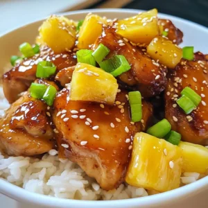 To make Brown Sugar Pineapple Chicken, you need the following simple ingredients: - 1 lb boneless, skinless chicken thighs - 1 cup fresh pineapple, diced - 1/2 cup brown sugar - 1/4 cup soy sauce - 2 tablespoons apple cider vinegar - 3 cloves garlic, minced - 1 teaspoon fresh ginger, grated - 1 tablespoon cornstarch - 2 tablespoons water - Salt and pepper to taste - 2 tablespoons green onions, sliced (for garnish) - 1 tablespoon sesame seeds (for garnish) Each ingredient plays a key role in this dish. The chicken thighs give you a juicy base. Brown sugar adds sweetness, while the soy sauce brings in savory notes. Fresh pineapple adds a tropical twist. Apple cider vinegar balances the flavors. Garlic and ginger give warmth and depth. Cornstarch helps thicken the sauce. You can finish with green onions and sesame seeds for crunch. Gather these items before you start. This way, you will enjoy cooking without any rush. {{ingredient_image_2}} To start, gather your marinade ingredients. In a medium bowl, mix together: - 1/2 cup brown sugar - 1/4 cup soy sauce - 2 tablespoons apple cider vinegar - 3 cloves garlic, minced - 1 teaspoon fresh ginger, grated Stir until the brown sugar dissolves completely. Next, add your chicken thighs. Make sure they are fully coated in the marinade. Cover the bowl with plastic wrap and place it in the fridge. I recommend marinating for at least 30 minutes. For deeper flavor, let it sit for 1-2 hours. After marinating, heat a large skillet over medium heat. Remove the chicken from the marinade. Set the marinade aside for later. Place the chicken in the hot skillet. Sear the chicken for 5-7 minutes on each side. Look for a golden brown color and ensure it’s fully cooked. Once done, transfer the chicken to a plate and set it aside. In the same skillet, pour in the reserved marinade. Bring it to a gentle simmer over medium heat. Let it bubble for about 3-4 minutes. While waiting, mix 1 tablespoon of cornstarch with 2 tablespoons of water. This creates a slurry. Gradually add the slurry into the simmering sauce. Keep stirring until it thickens to your liking. Now, gently fold in 1 cup of diced pineapple into the sauce. Let it simmer for 2-3 minutes. This will warm the pineapple and let it caramelize slightly. Next, return the cooked chicken to the skillet. Make sure the chicken is fully coated with the sauce and pineapple. Cook for one more minute to blend the flavors. When ready to serve, divide the chicken among plates. Spoon the rich sauce and pineapple over each portion. For a pop of color, garnish with: - 2 tablespoons green onions, sliced - 1 tablespoon sesame seeds This not only adds flavor but also makes the dish visually appealing. Consider serving it over fluffy jasmine rice or quinoa for a complete meal. - Marinade tips for increased flavor: Marinate your chicken thighs for at least 30 minutes. For best results, let them soak for 1-2 hours. This time allows the brown sugar and soy sauce to seep into the chicken. It creates a sweet and savory taste that is hard to beat. - Recommended cooking techniques: Sear the chicken in a hot skillet. This brings out rich flavors and gives a nice color. Cook it for about 5-7 minutes on each side until golden brown. This step is key for a juicy chicken. - Ideas for plating: Serve the chicken on a bed of fluffy jasmine rice or quinoa. This adds a lovely contrast. Spoon the sauce and pineapple generously over the chicken. It looks and tastes great! - Suggestions for serving sides: Pair this dish with steamed vegetables or a fresh salad. The crunch complements the sweet chicken. You can also serve it with a slice of lime for a zesty touch. - Tips for cooking chicken: Always check that your chicken is cooked through. Use a meat thermometer to ensure it reaches 165°F. This keeps it safe and tasty. Avoid overcrowding the skillet, as this can lower the heat and make the chicken steam. - Issues with sauce consistency: If your sauce is too thin, mix more cornstarch with water. Stir this slurry into the sauce while it simmers. This thickens it up nicely. If it gets too thick, simply add a little water to reach your desired consistency. Pro Tips Marinate Longer for Flavor: For the best flavor, marinate the chicken for at least 1-2 hours, or even overnight if time allows. Use Fresh Pineapple: Fresh pineapple gives a brighter flavor and better texture compared to canned; just make sure to dice it evenly. Control the Sweetness: Adjust the amount of brown sugar based on your taste preference and the sweetness of the pineapple. Perfect Your Sauce: If the sauce is too thick, add a splash of water or chicken broth to achieve your desired consistency. {{image_4}} You can switch up the protein in this dish. Try chicken breast for a leaner choice. Pork also works well if you want a different flavor. Tofu is a fantastic option for a vegetarian meal. Just make sure to press the tofu first to remove extra water. It soaks up the marinade better that way. If you are out of an ingredient, don’t worry! You can use light brown sugar instead of dark. Tamari sauce is a good swap for soy sauce if you need it gluten-free. For vinegar, rice vinegar or lemon juice can be used too. If you can't have garlic, try shallots for a milder taste. Always adjust your spices for your taste or dietary needs. Want to kick it up a notch? Add a pinch of chili flakes for some heat. You can also splash in a bit more pineapple juice for sweetness. Fresh herbs like cilantro or basil can brighten the dish. Experimenting with these flavors can change the meal into something new each time you make it. To keep your Brown Sugar Pineapple Chicken fresh, store leftovers in an airtight container. Place the chicken in the fridge within two hours of cooking. This helps prevent bacteria growth. The chicken will last for 3 to 4 days when refrigerated. Make sure to check for any off smells or signs of spoilage before eating. If you want to save some for later, freezing is a great option. First, let the chicken cool completely. Then, place it in a freezer-safe bag or container. Remove as much air as possible to prevent freezer burn. Properly stored, it can last for 3 to 4 months in the freezer. When you're ready to eat, thaw the chicken overnight in the fridge. Reheating is easy, and you want to keep it juicy. The best method is to use a skillet over medium heat. Add a splash of water or broth to help retain moisture. Stir occasionally until heated through. If you use a microwave, cover the dish but leave a small gap for steam to escape. Heat in short bursts to avoid drying it out. Either way, enjoy your flavorful meal! You can pair this chicken with several tasty sides. Here are some great options: - Steamed jasmine rice - Quinoa for a nutty flavor - Stir-fried vegetables for crunch - A fresh green salad for brightness - Coconut rice for added sweetness These sides balance the sweet and savory notes of the chicken. They also add color to your plate. Yes, you can prepare this dish ahead of time! Here are some tips for meal prep: - Marinate the chicken up to 24 hours in advance. - Cook the chicken and keep it warm in the oven. - Store the sauce separately in the fridge. This way, you can quickly finish the dish when ready to serve. This dish is not spicy at all. The flavor profile is sweet and tangy. The brown sugar and pineapple add sweetness. The garlic and ginger give warmth but no heat. You can add chili flakes if you want a kick. For the best flavor, marinate the chicken for at least 30 minutes. If you have time, let it sit for 1 to 2 hours. This allows the flavors to soak into the chicken. The longer you marinate, the tastier it will be! This blog post covered the essentials for making Brown Sugar Pineapple Chicken. You learned about ingredients, step-by-step cooking, and tips for best results. Remember to marinate your chicken for great flavor and avoid common mistakes. Feel free to explore variations that suit your palate. With proper storage, your leftovers will stay tasty. Enjoy serving this dish with your favorite sides. Now you’re ready to impress with your cooking skills!