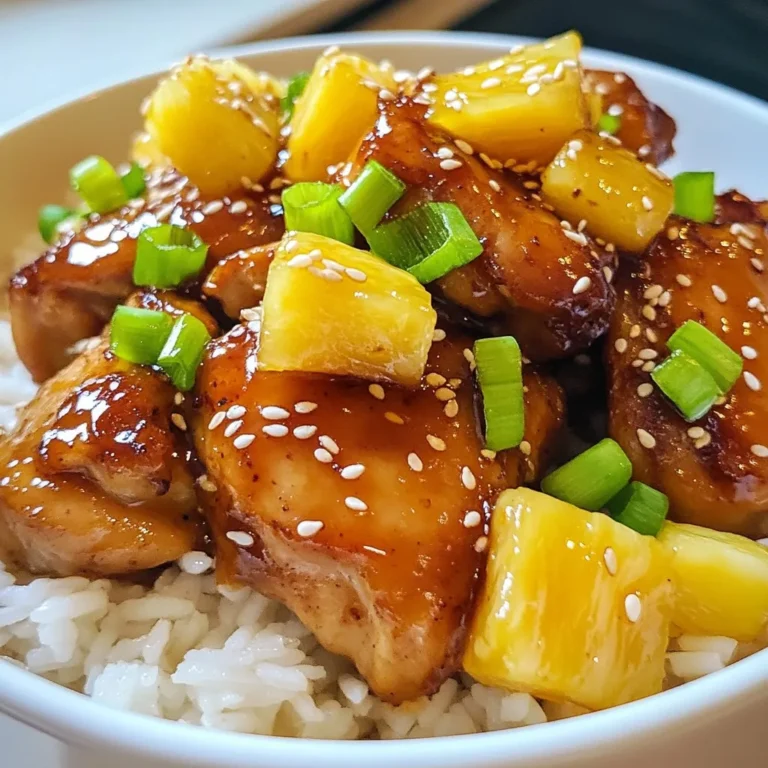 To make Brown Sugar Pineapple Chicken, you need the following simple ingredients: - 1 lb boneless, skinless chicken thighs - 1 cup fresh pineapple, diced - 1/2 cup brown sugar - 1/4 cup soy sauce - 2 tablespoons apple cider vinegar - 3 cloves garlic, minced - 1 teaspoon fresh ginger, grated - 1 tablespoon cornstarch - 2 tablespoons water - Salt and pepper to taste - 2 tablespoons green onions, sliced (for garnish) - 1 tablespoon sesame seeds (for garnish) Each ingredient plays a key role in this dish. The chicken thighs give you a juicy base. Brown sugar adds sweetness, while the soy sauce brings in savory notes. Fresh pineapple adds a tropical twist. Apple cider vinegar balances the flavors. Garlic and ginger give warmth and depth. Cornstarch helps thicken the sauce. You can finish with green onions and sesame seeds for crunch. Gather these items before you start. This way, you will enjoy cooking without any rush. {{ingredient_image_2}} To start, gather your marinade ingredients. In a medium bowl, mix together: - 1/2 cup brown sugar - 1/4 cup soy sauce - 2 tablespoons apple cider vinegar - 3 cloves garlic, minced - 1 teaspoon fresh ginger, grated Stir until the brown sugar dissolves completely. Next, add your chicken thighs. Make sure they are fully coated in the marinade. Cover the bowl with plastic wrap and place it in the fridge. I recommend marinating for at least 30 minutes. For deeper flavor, let it sit for 1-2 hours. After marinating, heat a large skillet over medium heat. Remove the chicken from the marinade. Set the marinade aside for later. Place the chicken in the hot skillet. Sear the chicken for 5-7 minutes on each side. Look for a golden brown color and ensure it’s fully cooked. Once done, transfer the chicken to a plate and set it aside. In the same skillet, pour in the reserved marinade. Bring it to a gentle simmer over medium heat. Let it bubble for about 3-4 minutes. While waiting, mix 1 tablespoon of cornstarch with 2 tablespoons of water. This creates a slurry. Gradually add the slurry into the simmering sauce. Keep stirring until it thickens to your liking. Now, gently fold in 1 cup of diced pineapple into the sauce. Let it simmer for 2-3 minutes. This will warm the pineapple and let it caramelize slightly. Next, return the cooked chicken to the skillet. Make sure the chicken is fully coated with the sauce and pineapple. Cook for one more minute to blend the flavors. When ready to serve, divide the chicken among plates. Spoon the rich sauce and pineapple over each portion. For a pop of color, garnish with: - 2 tablespoons green onions, sliced - 1 tablespoon sesame seeds This not only adds flavor but also makes the dish visually appealing. Consider serving it over fluffy jasmine rice or quinoa for a complete meal. - Marinade tips for increased flavor: Marinate your chicken thighs for at least 30 minutes. For best results, let them soak for 1-2 hours. This time allows the brown sugar and soy sauce to seep into the chicken. It creates a sweet and savory taste that is hard to beat. - Recommended cooking techniques: Sear the chicken in a hot skillet. This brings out rich flavors and gives a nice color. Cook it for about 5-7 minutes on each side until golden brown. This step is key for a juicy chicken. - Ideas for plating: Serve the chicken on a bed of fluffy jasmine rice or quinoa. This adds a lovely contrast. Spoon the sauce and pineapple generously over the chicken. It looks and tastes great! - Suggestions for serving sides: Pair this dish with steamed vegetables or a fresh salad. The crunch complements the sweet chicken. You can also serve it with a slice of lime for a zesty touch. - Tips for cooking chicken: Always check that your chicken is cooked through. Use a meat thermometer to ensure it reaches 165°F. This keeps it safe and tasty. Avoid overcrowding the skillet, as this can lower the heat and make the chicken steam. - Issues with sauce consistency: If your sauce is too thin, mix more cornstarch with water. Stir this slurry into the sauce while it simmers. This thickens it up nicely. If it gets too thick, simply add a little water to reach your desired consistency. Pro Tips Marinate Longer for Flavor: For the best flavor, marinate the chicken for at least 1-2 hours, or even overnight if time allows. Use Fresh Pineapple: Fresh pineapple gives a brighter flavor and better texture compared to canned; just make sure to dice it evenly. Control the Sweetness: Adjust the amount of brown sugar based on your taste preference and the sweetness of the pineapple. Perfect Your Sauce: If the sauce is too thick, add a splash of water or chicken broth to achieve your desired consistency. {{image_4}} You can switch up the protein in this dish. Try chicken breast for a leaner choice. Pork also works well if you want a different flavor. Tofu is a fantastic option for a vegetarian meal. Just make sure to press the tofu first to remove extra water. It soaks up the marinade better that way. If you are out of an ingredient, don’t worry! You can use light brown sugar instead of dark. Tamari sauce is a good swap for soy sauce if you need it gluten-free. For vinegar, rice vinegar or lemon juice can be used too. If you can't have garlic, try shallots for a milder taste. Always adjust your spices for your taste or dietary needs. Want to kick it up a notch? Add a pinch of chili flakes for some heat. You can also splash in a bit more pineapple juice for sweetness. Fresh herbs like cilantro or basil can brighten the dish. Experimenting with these flavors can change the meal into something new each time you make it. To keep your Brown Sugar Pineapple Chicken fresh, store leftovers in an airtight container. Place the chicken in the fridge within two hours of cooking. This helps prevent bacteria growth. The chicken will last for 3 to 4 days when refrigerated. Make sure to check for any off smells or signs of spoilage before eating. If you want to save some for later, freezing is a great option. First, let the chicken cool completely. Then, place it in a freezer-safe bag or container. Remove as much air as possible to prevent freezer burn. Properly stored, it can last for 3 to 4 months in the freezer. When you're ready to eat, thaw the chicken overnight in the fridge. Reheating is easy, and you want to keep it juicy. The best method is to use a skillet over medium heat. Add a splash of water or broth to help retain moisture. Stir occasionally until heated through. If you use a microwave, cover the dish but leave a small gap for steam to escape. Heat in short bursts to avoid drying it out. Either way, enjoy your flavorful meal! You can pair this chicken with several tasty sides. Here are some great options: - Steamed jasmine rice - Quinoa for a nutty flavor - Stir-fried vegetables for crunch - A fresh green salad for brightness - Coconut rice for added sweetness These sides balance the sweet and savory notes of the chicken. They also add color to your plate. Yes, you can prepare this dish ahead of time! Here are some tips for meal prep: - Marinate the chicken up to 24 hours in advance. - Cook the chicken and keep it warm in the oven. - Store the sauce separately in the fridge. This way, you can quickly finish the dish when ready to serve. This dish is not spicy at all. The flavor profile is sweet and tangy. The brown sugar and pineapple add sweetness. The garlic and ginger give warmth but no heat. You can add chili flakes if you want a kick. For the best flavor, marinate the chicken for at least 30 minutes. If you have time, let it sit for 1 to 2 hours. This allows the flavors to soak into the chicken. The longer you marinate, the tastier it will be! This blog post covered the essentials for making Brown Sugar Pineapple Chicken. You learned about ingredients, step-by-step cooking, and tips for best results. Remember to marinate your chicken for great flavor and avoid common mistakes. Feel free to explore variations that suit your palate. With proper storage, your leftovers will stay tasty. Enjoy serving this dish with your favorite sides. Now you’re ready to impress with your cooking skills!