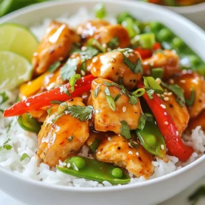 - 2 chicken breasts, diced into bite-sized pieces - 1 cup sweet chili sauce - 2 cups jasmine rice - 1 can (14 oz) coconut milk - 1 lime, zested and juiced - 1 red bell pepper, sliced into thin strips - 1 cup snap peas, trimmed and rinsed - 1 tablespoon olive oil - 1 tablespoon soy sauce - Salt and pepper to taste - Fresh cilantro, torn, for garnish - Sliced green onions, for garnish You can swap the chicken for tofu or shrimp for a different protein. If you want less sweetness, use a low-sugar chili sauce. Brown rice can replace jasmine rice, but it needs more water and time to cook. For a fresh touch, try lemon juice instead of lime juice. To make this dish, you need: - A medium mixing bowl for marinating the chicken - A medium-sized pot for cooking the rice - A large skillet or wok for sautéing vegetables and cooking the chicken - A cutting board and knife for chopping - Measuring cups and spoons for accuracy - A fork for fluffing the rice These tools make the process simple and fun. Enjoy your cooking! {{ingredient_image_2}} Start by taking a medium bowl. Here, combine the diced chicken and sweet chili sauce. Add a pinch of salt and pepper to taste. Mix well until all the chicken pieces are coated. Cover the bowl and chill it in the fridge. Let the chicken marinate for at least 30 minutes. This step helps the chicken soak up the sweet and spicy flavors. For cooking the jasmine rice, grab a medium pot. Add the jasmine rice and coconut milk. For every cup of rice, pour in an equal amount of water. Bring this mixture to a boil over high heat. Once it boils, reduce the heat to low. Cover the pot with a lid and let it simmer for about 15-20 minutes. The rice should absorb the liquid and become fluffy. While the rice cooks, get a large skillet or wok. Heat olive oil over medium heat. Add the sliced red bell pepper and snap peas. Stir-fry the vegetables for about 4-5 minutes. You want them to be tender but still bright in color. Once cooked, remove the veggies from the skillet and set them aside. In the same skillet, add the marinated chicken, including any leftover marinade. Cook the chicken over medium-high heat for about 7-10 minutes. Stir frequently to cook the chicken evenly. This way, it caramelizes without burning. Cook until the chicken is golden brown and fully cooked through. Before serving, add the soy sauce, lime juice, and lime zest to the cooked chicken. Stir well to mix all the flavors. Let it meld for a minute, allowing the lime to brighten the dish. Fluff the coconut jasmine rice with a fork. This separates the grains. In each serving bowl, place a generous scoop of rice. Layer on the sweet chili chicken next. Top with the sautéed vegetables. For an extra touch, garnish with torn fresh cilantro and sliced green onions. This adds a nice crunch and fresh flavor to each bite. Marinating chicken helps it soak up flavors. Use a bowl to mix diced chicken with sweet chili sauce. Add a pinch of salt and pepper. Cover the bowl and place it in the fridge for at least 30 minutes. For best results, marinate for a few hours. This lets the chicken absorb every bit of that sweet and spicy goodness. Cooking jasmine rice in coconut milk gives it a rich taste. Combine one cup of rice with one cup of coconut milk and one cup of water. Bring it to a boil over high heat. Once boiling, lower the heat, cover with a lid, and let it simmer. In about 15-20 minutes, the rice will be fluffy and tender. Fluff it with a fork for the best texture. To boost flavor, add soy sauce, lime juice, and lime zest to the chicken just before serving. This adds a tangy twist that pairs well with sweet chili. You can also try adding garlic or ginger for a spicy kick. If you want more heat, add some red pepper flakes or fresh chili slices. Garnishing makes your dish look appealing. Use torn fresh cilantro and sliced green onions for a bright finish. A wedge of lime on the side adds color and freshness. You can also sprinkle sesame seeds for a nutty flavor. Serve in colorful bowls to enhance the dish's visual appeal. Pro Tips Marination Matters: Letting the chicken marinate longer than 30 minutes will enhance the flavor even more. Consider marinating it overnight for a deeper taste. Rice Cooking Method: When cooking rice, always rinse it under cold water before cooking to remove excess starch, ensuring fluffier grains. Vegetable Crunch: To retain the vibrant color and crunchiness of the vegetables, avoid overcooking them. A quick stir-fry is all you need to keep them fresh. Garnish for Flavor: Fresh herbs like cilantro and green onions not only add a pop of color but also enhance the overall flavor profile of the dish. {{image_4}} You can switch the chicken for other proteins. Tofu works great for a vegetarian option. Use firm tofu and press it first to remove excess water. Cut it into cubes and marinate just like chicken. Shrimp is another tasty choice. Cook them until they turn pink and opaque. Feel free to mix in your favorite veggies. Broccoli, carrots, or zucchini add great color and taste. Try adding baby corn or mushrooms for extra texture. You can even toss in some spinach at the end for a healthy boost. Want more heat? Add red pepper flakes or fresh chili slices to the chicken while cooking. If you prefer milder flavors, reduce the sweet chili sauce. You can also balance spice with a little extra lime juice or coconut milk. It’s all about finding the right taste for you. Store any leftover sweet chili chicken bowls in an airtight container. This keeps the food fresh for longer. Make sure to let the dish cool down to room temperature before sealing it. You can keep it in the fridge for up to three days. To reheat, use a microwave or a skillet. If using a microwave, heat for about 2-3 minutes on medium power. Stir halfway through to ensure even heating. If using a skillet, add a splash of water or broth and heat over medium heat until warm. This helps keep the rice soft. If you want to freeze the dish, it’s best to do this before adding garnishes. Place the sweet chili chicken and rice in a freezer-safe container. Make sure to leave some space for expansion. You can freeze it for up to three months. When ready to eat, thaw it overnight in the fridge before reheating. You can marinate the chicken for at least 30 minutes. This helps the chicken absorb the sweet chili sauce flavor. For even more taste, try marinating for up to 2 hours. Just be careful not to go overboard, as too long can change the chicken's texture. Yes, you can use brown rice if you prefer. It adds a nutty flavor and is more nutritious. Just keep in mind that brown rice takes longer to cook. You’ll need about 40-50 minutes instead of 15-20 minutes. If you don’t have sweet chili sauce, try using teriyaki sauce or a mix of honey and soy sauce. These will add sweetness and depth. You can even make your own sweet chili sauce if you have the time! This recipe can be gluten-free if you choose the right soy sauce. Look for gluten-free soy sauce or tamari. The rest of the ingredients are naturally gluten-free, so you can enjoy this dish worry-free! This blog post covered all you need for a tasty meal. I shared a full list of ingredients, their subs, and tools. You learned to make chicken marinade, cook jasmine rice, and sauté veggies. We explored ways to enhance flavors, build bowls, and store leftovers. Remember, cooking can be fun and easy. Feel free to swap ingredients and try new flavors. Enjoy making this dish your own!