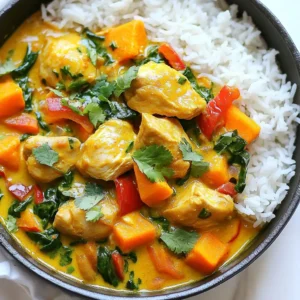 To make Chicken Sweet Potato Curry, you need a few key ingredients. These bring flavor and texture to the dish. Here’s what you need: - 1 pound boneless, skinless chicken thighs, cut into bite-sized pieces - 2 medium sweet potatoes, peeled and diced into 1-inch cubes - 1 can (14 oz) coconut milk - 1 medium onion, diced - 1 red bell pepper, sliced into thin strips - 2 cups fresh spinach, roughly chopped - 2 tablespoons olive oil The right spices make this curry shine. They add warmth and depth. Here’s what you’ll need: - 1 tablespoon curry powder - 1 tablespoon fresh ginger, finely grated - 2 garlic cloves, minced - Salt and pepper to taste You can add some extra flavor if you like. These options can make your curry unique: - Red pepper flakes for an extra kick - Fresh cilantro leaves for garnish These ingredients work together to create a rich and tasty dish. The chicken becomes tender, while sweet potatoes add sweetness. Coconut milk gives it a creamy feel. Don't forget to adjust the spices to your taste! {{ingredient_image_2}} Start with a large pot or Dutch oven. Heat two tablespoons of olive oil over medium heat. Once hot, add one diced onion. Sauté for about 3 to 4 minutes. You want it soft and clear. Next, add two minced garlic cloves and one tablespoon of fresh ginger, finely grated. Stir and cook for another minute. This step fills your kitchen with a lovely aroma. Now, it’s time to add flavor. Sprinkle in one tablespoon of curry powder. Stir this for another minute. This toasting brings out the spice’s best taste. You can almost smell the warmth from the spices. It makes your curry so much better. Add one pound of boneless, skinless chicken thighs, cut into bite-sized pieces. Season it with salt and pepper. Cook for about 5 to 7 minutes. Stir often, so all the chicken gets brown on every side. Browning adds flavor and gives the dish a nice color. Now, it’s time to add the veggies. Toss in two medium sweet potatoes, peeled and diced into 1-inch cubes. Add one sliced red bell pepper too. Stir gently to mix everything. This helps all the flavors blend together. Pour in one can of coconut milk. Stir it well to combine with the chicken and veggies. This creamy addition makes the curry rich and delicious. Bring the mixture to a gentle simmer. Then, reduce the heat to low and cover the pot. Let it cook for 15 to 20 minutes. This time lets the sweet potatoes become tender and the chicken cooks through. After that, add two cups of roughly chopped spinach. Let it cook for another 2 to 3 minutes. The spinach will wilt and add a lovely green color. Now, taste your curry and adjust with more salt, pepper, or red pepper flakes if you want some heat. Adjusting Spice Levels You can change the spice level to suit your taste. Start with a mild curry powder. If you want more heat, add red pepper flakes. You can also use fresh chili peppers for a bold kick. Always taste as you go to find the right balance. Substituting Ingredients Feel free to swap out ingredients based on what you have. If you don’t have sweet potatoes, try butternut squash or carrots. You can also use different proteins, like chickpeas or tofu, for a vegan option. The goal is to keep it fun and easy. Importance of Toasting Spices Toasting spices is key to a great curry. It brings out their natural oils and flavors. When you add curry powder, stir it for one minute. This simple step makes a big difference in taste. Do not rush this part; it’s worth the time. Proper Sautéing Methods Proper sautéing helps build flavor. Start with onions; cook them until soft. Then, add garlic and ginger to the mix. This order allows the flavors to blend well. Always keep an eye on the heat to prevent burning. Pairing with Rice or Quinoa Serve your curry over fluffy rice or quinoa. Both options soak up the sauce well. You can also try brown rice for added nutrition. This combo makes the meal hearty and satisfying. Adding Fresh Garnishes Fresh garnishes can elevate your dish. Cilantro adds a fresh kick. You can also use sliced green onions or lime wedges. These toppings not only look great but also add flavor. Pro Tips Fresh Ingredients Matter: Use fresh ginger and garlic for the best flavor. Dried versions can be convenient, but fresh ingredients will elevate your curry significantly. Adjust the Spice Level: If you prefer a milder curry, reduce the amount of curry powder or omit the red pepper flakes. Conversely, add more for an extra kick. Perfectly Cooked Sweet Potatoes: Make sure to cut your sweet potatoes into even 1-inch cubes to ensure they cook uniformly and become tender at the same time. Garnish for Flavor: Don’t skip the fresh cilantro garnish. It adds a burst of freshness and color that complements the rich flavors of the curry. {{image_4}} To make this dish vegetarian or vegan, you can substitute chickpeas for chicken. Chickpeas add protein and a nice texture. They soak up the curry flavor well. You can also try using firm tofu for a different twist. Using different vegetables can enhance your curry. Try carrots, peas, or zucchini for added color and taste. You can mix and match based on what you have at home. Keep the sweet potatoes, as they add sweetness and creaminess. For an Indian-style curry, add more spices. Use cumin, coriander, and turmeric for warmth. You can also add a dash of garam masala at the end for depth. Serve it with naan bread for a full experience. If you want something Thai-inspired, swap the curry powder for red or green curry paste. This will give your dish a bright, fresh flavor. Adding lime leaves or Thai basil can also elevate the taste. Ensure your coconut milk is gluten-free and dairy-free. Most canned coconut milk is safe, but check labels to be sure. Some brands add additives that may contain gluten. You can use alternative coconut products like coconut cream for a richer texture. This works well if you like a creamier curry. Just adjust the amount to keep the balance of flavors right. To keep your Chicken Sweet Potato Curry fresh, store it in airtight containers. It helps prevent spills and keeps out air. Chill the curry within two hours of cooking. This keeps bacteria away. - Refrigeration Tips: Store in the fridge for up to four days. Make sure it cools down first. Use clear containers so you can see what’s inside. - Freezing Instructions: For longer storage, freeze the curry. Use freezer bags or containers. It lasts up to three months in the freezer. When ready to eat, thaw it in the fridge overnight. You can heat the curry either in the microwave or on the stovetop. Each method has its benefits. - Microwave vs. Stovetop: The microwave is quick. Just heat in short bursts, stirring each time. The stovetop takes a bit longer but keeps the flavors better. Heat on low until warm. - How to Maintain Flavor: Add a splash of coconut milk when reheating. This keeps the curry creamy and tasty. Stir well to mix the flavors back together. Knowing how long your curry lasts is important for safety. - How Long Curry Lasts in the Fridge: The curry stays good in the fridge for about four days. After that, it might spoil. - Signs of Spoilage: Look for off smells or changes in color. If the curry looks or smells strange, it’s best to throw it away. Always trust your senses! For this recipe, you can use several protein options. Tofu works well as a meat substitute. It soaks up flavors and adds a nice texture. You can also use chickpeas for a hearty, plant-based option. If you want more protein, try using shrimp or tofu. Both will cook quickly and add flavor. Yes, you can make this curry in a slow cooker! Here’s how: 1. Prepare Ingredients: Sauté the onion, garlic, and ginger in a pan first. 2. Combine in Slow Cooker: Add the chicken, sweet potatoes, pepper, coconut milk, and spices. 3. Set Cooking Time: Cook on low for 6 hours or high for 3 hours. 4. Add Spinach: Stir in the spinach during the last 30 minutes. 5. Serve: Enjoy it over rice or quinoa, just like the stove-top version. This curry has a mild spice level. The curry powder adds warmth without too much heat. If you like it spicy, feel free to add red pepper flakes. Start with a pinch and taste as you go. You can always add more heat, but it’s hard to take it away once added! In this post, we explored how to create a tasty Chicken Sweet Potato Curry. We covered key ingredients like chicken, sweet potatoes, and spices that add flavor. You learned step-by-step cooking methods and tips to customize your dish. Remember, cooking is about making it your own. Don't hesitate to swap ingredients or adjust spice levels. Enjoy experimenting with different flavors and variations. Your next meal can be simple and delicious!