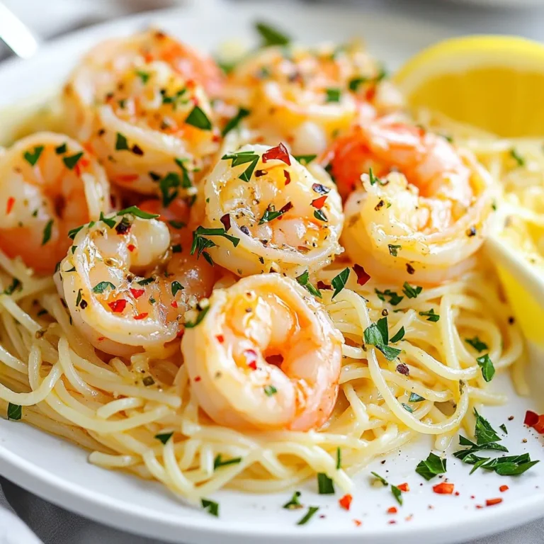 - 1 lb large shrimp, peeled and deveined - 6 cloves garlic, minced - 1/2 cup unsalted butter - 1/4 cup chicken broth - 1 tablespoon fresh lemon juice - 1 teaspoon red pepper flakes - 1/2 teaspoon smoked paprika - Salt and freshly ground black pepper - 8 oz linguine or spaghetti - Fresh parsley, finely chopped - Lemon wedges for serving When making garlic butter shrimp scampi, you need fresh and quality ingredients. The shrimp should be large and juicy. I like to use unsalted butter to control the saltiness. Fresh garlic makes the dish pop with flavor. Chicken broth adds depth to the sauce. Lemon juice gives a bright twist. Red pepper flakes add just the right heat. Smoked paprika adds a hint of smokiness. Don’t forget salt and pepper for seasoning. Finally, fresh parsley brightens up the dish. This list helps you create a rich and tasty meal. Having everything ready makes cooking easier and faster. Trust me, it’s worth it! {{ingredient_image_2}} To boil pasta al dente, start with a large pot of salted water. Bring it to a rolling boil. Add 8 oz of linguine or spaghetti. Cook according to the package instructions. You want it tender but with a slight bite. Before draining, save 1/2 cup of the pasta water. Set it aside for later. Heat a large skillet over medium heat. Once it's hot, add 1/2 cup of unsalted butter. Let it melt fully. Swirl the pan to help it melt evenly. When the butter is melted, add 6 cloves of minced garlic. Sauté for 1 to 2 minutes. Stir constantly until the garlic smells good and turns lightly golden. Watch closely so it does not burn. Now it's time for the shrimp! Add 1 lb of peeled and deveined shrimp to the skillet. Season them with salt, freshly ground black pepper, 1 teaspoon of red pepper flakes, and 1/2 teaspoon of smoked paprika. Cook for about 3 to 4 minutes. Stir gently until the shrimp turn pink and are fully cooked. Pour in 1/4 cup of chicken broth and 1 tablespoon of fresh lemon juice. Stir well to mix. Let this simmer for 2 minutes to blend the flavors. Next, gently toss the drained pasta into the skillet with the shrimp and sauce. If the sauce seems too thick, add some of the reserved pasta water. Mix until the pasta is well coated with the garlic butter sauce. To adjust spice levels, start with one teaspoon of red pepper flakes. You can add more if you like heat. This dish should dance on your taste buds, not overwhelm them. Fresh lemon juice brightens the flavors. It adds a zing that cuts through the richness of the butter. Always use freshly squeezed lemon juice for the best taste. For a creamy sauce, melt the butter slowly. Too much heat may cause the butter to separate. If that happens, your sauce will not be smooth. To prevent overcooked shrimp, watch the color change. Cook them until they turn pink, which takes about 3 to 4 minutes. If they curl tightly, they are overcooked. For serving, use shallow bowls. Twirl the pasta into nests, then add shrimp and sauce on top. This makes your dish look fancy and fun. Garnish with fresh parsley for color and flavor. Add lemon wedges on the side for that extra pop. This not only looks great but also invites your guests to squeeze more lemon juice on their dish. Pro Tips Fresh Ingredients: Always use fresh shrimp and garlic for the best flavor. Fresh ingredients enhance the overall taste and aroma of the dish. Don't Overcook the Shrimp: Shrimp cooks quickly; ensure you don’t overdo it. Once they turn pink, they are ready to be removed from the heat to prevent a rubbery texture. Reserve Pasta Water: Always save some pasta water before draining. This starchy water can help thicken your sauce and create a silky texture. Flavor Adjustments: Taste your dish before serving and adjust seasoning as necessary. A pinch of salt or a squeeze of lemon can make a big difference in flavor. {{image_4}} You can change up the pasta in this dish. Instead of linguine or spaghetti, try fettuccine or penne. These shapes hold sauce well and add a nice twist. You can also add vegetables like spinach or cherry tomatoes. They bring color and nutrients to your meal. Spinach wilts nicely, while cherry tomatoes burst with flavor. For those needing gluten-free options, swap regular pasta for gluten-free pasta. Many brands offer great taste and texture. If you want to make this dish dairy-free, consider using plant-based butter. Look for options made from coconut or olive oil. They work well in this recipe and keep the creamy texture. To boost the taste, add white wine to the sauce. Just pour in a splash after you sauté the garlic and let it simmer. This adds depth and richness. You can also explore different herbs for garnish. Fresh basil, thyme, or oregano can brighten the dish. Each herb gives a unique twist to your shrimp scampi. To store leftover shrimp scampi, let it cool first. Place it in an airtight container. This helps keep it fresh. I recommend using glass or plastic containers with tight lids. You can keep it in the fridge for up to three days. The best way to reheat shrimp scampi is on the stove. This keeps the shrimp juicy. Use a medium heat and add a splash of chicken broth or water. This will help avoid rubbery shrimp. Stir gently until heated through. You can also use the microwave if you’re short on time. Just cover it with a damp paper towel to keep moisture. Yes, you can freeze shrimp scampi! To freeze it, let it cool completely. Then, place it in a freezer-safe container. Make sure to leave some space for expansion. You can also use freezer bags. When you are ready to eat, thaw it overnight in the fridge. Reheat as described earlier for the best taste. I recommend using large shrimp for scampi. They hold up well and have great flavor. Look for shrimp that are labeled as "wild-caught" or "sustainable." Fresh shrimp taste best, but frozen shrimp work well too. Make sure they are peeled and deveined for easy cooking. Yes, you can make shrimp scampi ahead of time. Prepare the shrimp and sauce, then store them separately. Cook the pasta just before serving. This keeps the pasta from getting soggy. Reheat the shrimp and sauce gently on low heat. Add a splash of broth if needed. Garlic butter shrimp scampi pairs nicely with several side dishes. Here are a few ideas: - Garlic bread for dipping in the sauce. - A fresh green salad with lemon vinaigrette. - Steamed vegetables like broccoli or asparagus. - Rice or quinoa to soak up the sauce. Garlic butter shrimp scampi can be mildly spicy. The red pepper flakes add heat, but you can adjust it. For less spice, use less red pepper. If you like more heat, add more flakes. You can also leave them out for a milder dish. This blog post covered how to make a tasty garlic butter shrimp scampi. You learned the key ingredients, the right tools, and detailed steps to cook it perfectly. We also shared tips to enhance flavor and texture, along with variations to suit diets. Finally, we discussed storage and reheating methods. Making shrimp scampi is simple and delicious. You can create many variations to fit your taste. Enjoy cooking and sharing this meal with others!