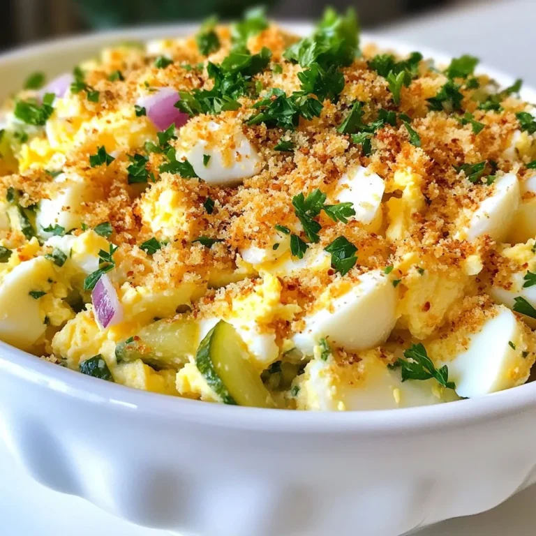 To make a tasty crispy egg salad, you need some key ingredients. Here’s the list: - 6 large eggs - 1/4 cup mayonnaise - 1 tablespoon Dijon mustard - 1 tablespoon fresh lemon juice - 1/4 teaspoon garlic powder - Sea salt and freshly cracked black pepper, to taste - 1/2 cup celery, finely chopped - 1/4 cup red onion, finely chopped - 1/4 cup dill pickles, finely chopped - 1/2 cup panko breadcrumbs - 2 tablespoons extra virgin olive oil - Fresh parsley, finely chopped (for garnish) These ingredients bring a mix of flavors and textures. The eggs give protein and creaminess, while the veggies add crunch. You can change the recipe to suit your taste. Here are some optional ingredients you might like: - Avocado for creaminess - Sriracha for a spicy kick - Chopped herbs like dill or chives - Mustard seeds for extra crunch Feel free to mix and match. Your egg salad can be unique! Knowing the nutritional values helps you make smart choices. Here’s a quick look at some key ingredients: - Eggs: High in protein and good fats. They help keep you full. - Mayonnaise: Adds creaminess. Choose low-fat options if you want fewer calories. - Celery: Low in calories, high in fiber. It adds crunch! - Panko Breadcrumbs: These make the topping crispy. They are lighter than regular breadcrumbs. This dish balances taste and nutrition. You can enjoy it without worry! {{ingredient_image_2}} To start, take six large eggs and place them in a saucepan. Cover them with cold water, about an inch over the eggs. Heat the pan over medium until the water boils. Once it boils, cover the pan and remove it from the heat. Let the eggs sit for 12 minutes. This method gives you firm, hard-boiled eggs without the green ring. While the eggs boil, let's make the dressing. Take a medium bowl and add 1/4 cup mayonnaise. Then, add 1 tablespoon of Dijon mustard, 1 tablespoon of fresh lemon juice, and 1/4 teaspoon of garlic powder. Sprinkle in some sea salt and cracked black pepper to taste. Whisk everything together until it looks smooth and creamy. This dressing will add flavor to your egg salad. Once the eggs are done, cool them in an ice bath for about 5 minutes. This helps stop the cooking. Next, peel the eggs and chop them into small pieces. In a large bowl, combine the chopped eggs, 1/2 cup finely chopped celery, 1/4 cup finely chopped red onion, and 1/4 cup finely chopped dill pickles. Pour the creamy dressing over these ingredients. Gently fold everything together until it’s well mixed. Now, let's make the crispy topping. Heat a skillet over medium heat and add 2 tablespoons of extra virgin olive oil. When the oil is warm, add 1/2 cup of panko breadcrumbs. Stir them constantly for about 3-4 minutes. You want them to turn a nice golden brown and become crispy. Remove them from heat and let them cool a bit. This crunchy layer will add texture to your dish. To serve, spoon the egg salad into bowls or on a platter. Generously sprinkle the crispy panko breadcrumbs on top. For a pop of color, add some finely chopped fresh parsley as a garnish. You can also serve this salad in avocado halves or on a bed of mixed greens for a fun twist. Enjoy your crispy egg salad! To get that perfect crunch, use panko breadcrumbs. Panko is lighter and airier than regular breadcrumbs. Here’s how to make it work: - Heat the oil: Warm your skillet over medium heat. - Toast the panko: Add the panko breadcrumbs to the oil. Stir them often until they turn golden brown. This takes about 3-4 minutes. - Don’t rush: Keep an eye on them. They can burn quickly if you walk away. Adding the crispy panko right before serving makes a big difference. It stays crunchy longer this way! Making egg salad seems easy, but small errors can change everything. Here are a few mistakes to avoid: - Overcooking the eggs: Boil them for too long, and the yolks turn green. Aim for 12 minutes. - Not cooling the eggs: Skipping the ice bath can make peeling hard. Always cool them first! - Too much mayo: This can drown the flavors. Use just enough to bind the salad. By avoiding these errors, you will create a better egg salad. Proper storage keeps your egg salad tasty and safe. Follow these tips: - Use airtight containers: This prevents air from getting in and keeps the salad fresh. - Refrigerate promptly: After making the salad, store it in the fridge right away. - Eat within three days: Egg salad tastes best when fresh. Aim to finish it in three days for quality. By following these tips, your crispy egg salad will stay delicious and enjoyable! Pro Tips Perfectly Boiled Eggs: To ensure your eggs are perfectly boiled, start with eggs that are a few days old. Fresh eggs are harder to peel after boiling. Customize Your Dressing: Feel free to add your favorite herbs or spices to the dressing for a unique flavor twist. Fresh dill or chives work exceptionally well! For Extra Crunch: Mix in some chopped nuts like walnuts or almonds for an unexpected crunch that complements the creamy dressing. Serving Suggestions: Serve the egg salad on toasted bread or in lettuce wraps for a low-carb option. Both add a delightful texture to the dish. {{image_4}} The classic crispy egg salad is simple. It uses eggs, mayo, and a few crunchy bits. The modern twist adds fresh flavors and textures. You can include herbs, spices, or even some zest. This keeps it fresh and exciting. For a classic dish, stick to celery, onion, and pickles. For a modern take, try adding fresh dill or chives. They brighten up the flavors and add color. Want more protein? You can add chicken, tuna, or bacon. Each choice brings a different taste. For chicken, use cooked, shredded pieces. This makes the salad hearty. Tuna adds a nice ocean flavor. Just drain it well before mixing. Bacon gives a salty crunch. Cook it until crispy, then chop it up. These additions make your egg salad even more satisfying. If you prefer a vegan option, swap the eggs for chickpeas. Mash them for a similar texture. Use vegan mayo to keep it creamy. Add chopped veggies like celery and onion for crunch. You can also mix in avocado for richness. Season with lemon juice and herbs to enhance the flavor. This way, you get a delicious, plant-based egg salad that everyone can enjoy. You can serve crispy egg salad in fun ways. Try using avocado halves as bowls. It adds creaminess and a touch of color. You can also scoop the salad into lettuce leaves. This gives a fresh crunch and is low in carbs. For a fancy option, use small pastry cups. The crispy egg salad fits perfectly in these little bites. Crispy egg salad pairs well with many sides. A simple garden salad adds freshness. You can also serve it with crunchy vegetable sticks like carrots or celery. They add a nice contrast to the creamy salad. For something warm, serve it with a cup of tomato soup. The flavors mix nicely. Choosing the right bread can enhance your crispy egg salad. Soft, fresh bread works well. Use whole grain for a healthy touch. You can also pick sourdough for a tangy flavor. Toasted bread adds a delightful crunch. For a lighter option, try serving it on crackers. They offer a satisfying crunch while keeping the focus on the salad. To boil eggs perfectly, start with cold water. Place your eggs in a pot and cover them with water. Bring the water to a gentle boil over medium heat. Once boiling, cover the pot and turn off the heat. Let the eggs sit for 12 minutes. This method helps prevent cracks and keeps the yolks bright. You can prepare the egg salad a day in advance. Boil and chop the eggs, then mix in all the other ingredients. Store it in an airtight container in the fridge. Wait to add the panko breadcrumbs until just before serving. This keeps them crispy. To find crispy egg salad at restaurants, try searching online. Look for local diners or cafes that focus on fresh ingredients. You can also ask for recommendations on social media or food forums. Many places offer unique spins on classic dishes, so explore menus. I do not recommend freezing crispy egg salad. The texture changes when frozen and thawed. The creamy dressing can separate, and the eggs may become rubbery. If you have leftovers, store them in the fridge and eat them within three days for the best flavor. In this blog post, we covered the essential and optional ingredients for a crispy egg salad. I shared easy steps to boil eggs, prepare a creamy dressing, and add a crispy topping. We also discussed tips to avoid common mistakes and keep the salad fresh. For those wanting variety, I presented classic, modern, and plant-based options. Crispy egg salad is versatile and tasty. Try these tips and enjoy your meal!