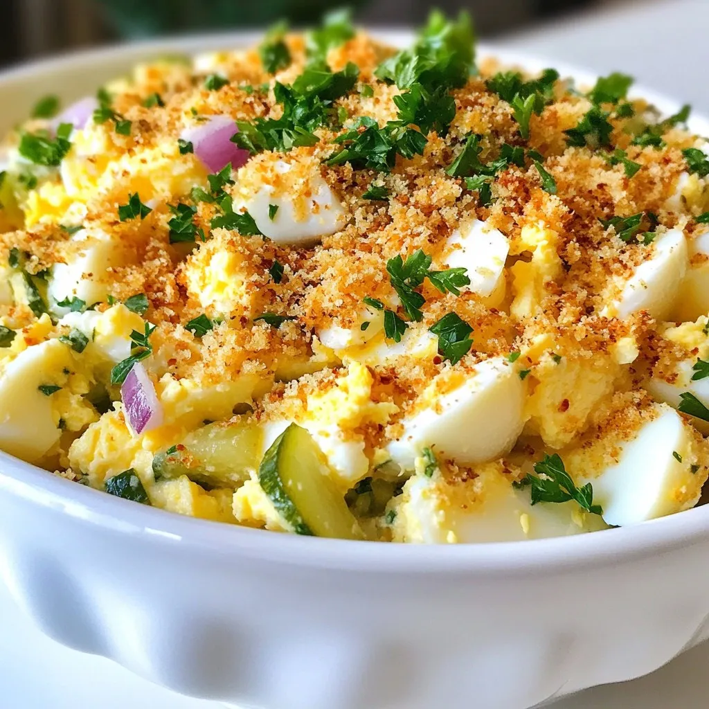 To make a tasty crispy egg salad, you need some key ingredients. Here’s the list: - 6 large eggs - 1/4 cup mayonnaise - 1 tablespoon Dijon mustard - 1 tablespoon fresh lemon juice - 1/4 teaspoon garlic powder - Sea salt and freshly cracked black pepper, to taste - 1/2 cup celery, finely chopped - 1/4 cup red onion, finely chopped - 1/4 cup dill pickles, finely chopped - 1/2 cup panko breadcrumbs - 2 tablespoons extra virgin olive oil - Fresh parsley, finely chopped (for garnish) These ingredients bring a mix of flavors and textures. The eggs give protein and creaminess, while the veggies add crunch. You can change the recipe to suit your taste. Here are some optional ingredients you might like: - Avocado for creaminess - Sriracha for a spicy kick - Chopped herbs like dill or chives - Mustard seeds for extra crunch Feel free to mix and match. Your egg salad can be unique! Knowing the nutritional values helps you make smart choices. Here’s a quick look at some key ingredients: - Eggs: High in protein and good fats. They help keep you full. - Mayonnaise: Adds creaminess. Choose low-fat options if you want fewer calories. - Celery: Low in calories, high in fiber. It adds crunch! - Panko Breadcrumbs: These make the topping crispy. They are lighter than regular breadcrumbs. This dish balances taste and nutrition. You can enjoy it without worry! {{ingredient_image_2}} To start, take six large eggs and place them in a saucepan. Cover them with cold water, about an inch over the eggs. Heat the pan over medium until the water boils. Once it boils, cover the pan and remove it from the heat. Let the eggs sit for 12 minutes. This method gives you firm, hard-boiled eggs without the green ring. While the eggs boil, let's make the dressing. Take a medium bowl and add 1/4 cup mayonnaise. Then, add 1 tablespoon of Dijon mustard, 1 tablespoon of fresh lemon juice, and 1/4 teaspoon of garlic powder. Sprinkle in some sea salt and cracked black pepper to taste. Whisk everything together until it looks smooth and creamy. This dressing will add flavor to your egg salad. Once the eggs are done, cool them in an ice bath for about 5 minutes. This helps stop the cooking. Next, peel the eggs and chop them into small pieces. In a large bowl, combine the chopped eggs, 1/2 cup finely chopped celery, 1/4 cup finely chopped red onion, and 1/4 cup finely chopped dill pickles. Pour the creamy dressing over these ingredients. Gently fold everything together until it’s well mixed. Now, let's make the crispy topping. Heat a skillet over medium heat and add 2 tablespoons of extra virgin olive oil. When the oil is warm, add 1/2 cup of panko breadcrumbs. Stir them constantly for about 3-4 minutes. You want them to turn a nice golden brown and become crispy. Remove them from heat and let them cool a bit. This crunchy layer will add texture to your dish. To serve, spoon the egg salad into bowls or on a platter. Generously sprinkle the crispy panko breadcrumbs on top. For a pop of color, add some finely chopped fresh parsley as a garnish. You can also serve this salad in avocado halves or on a bed of mixed greens for a fun twist. Enjoy your crispy egg salad! To get that perfect crunch, use panko breadcrumbs. Panko is lighter and airier than regular breadcrumbs. Here’s how to make it work: - Heat the oil: Warm your skillet over medium heat. - Toast the panko: Add the panko breadcrumbs to the oil. Stir them often until they turn golden brown. This takes about 3-4 minutes. - Don’t rush: Keep an eye on them. They can burn quickly if you walk away. Adding the crispy panko right before serving makes a big difference. It stays crunchy longer this way! Making egg salad seems easy, but small errors can change everything. Here are a few mistakes to avoid: - Overcooking the eggs: Boil them for too long, and the yolks turn green. Aim for 12 minutes. - Not cooling the eggs: Skipping the ice bath can make peeling hard. Always cool them first! - Too much mayo: This can drown the flavors. Use just enough to bind the salad. By avoiding these errors, you will create a better egg salad. Proper storage keeps your egg salad tasty and safe. Follow these tips: - Use airtight containers: This prevents air from getting in and keeps the salad fresh. - Refrigerate promptly: After making the salad, store it in the fridge right away. - Eat within three days: Egg salad tastes best when fresh. Aim to finish it in three days for quality. By following these tips, your crispy egg salad will stay delicious and enjoyable! Pro Tips Perfectly Boiled Eggs: To ensure your eggs are perfectly boiled, start with eggs that are a few days old. Fresh eggs are harder to peel after boiling. Customize Your Dressing: Feel free to add your favorite herbs or spices to the dressing for a unique flavor twist. Fresh dill or chives work exceptionally well! For Extra Crunch: Mix in some chopped nuts like walnuts or almonds for an unexpected crunch that complements the creamy dressing. Serving Suggestions: Serve the egg salad on toasted bread or in lettuce wraps for a low-carb option. Both add a delightful texture to the dish. {{image_4}} The classic crispy egg salad is simple. It uses eggs, mayo, and a few crunchy bits. The modern twist adds fresh flavors and textures. You can include herbs, spices, or even some zest. This keeps it fresh and exciting. For a classic dish, stick to celery, onion, and pickles. For a modern take, try adding fresh dill or chives. They brighten up the flavors and add color. Want more protein? You can add chicken, tuna, or bacon. Each choice brings a different taste. For chicken, use cooked, shredded pieces. This makes the salad hearty. Tuna adds a nice ocean flavor. Just drain it well before mixing. Bacon gives a salty crunch. Cook it until crispy, then chop it up. These additions make your egg salad even more satisfying. If you prefer a vegan option, swap the eggs for chickpeas. Mash them for a similar texture. Use vegan mayo to keep it creamy. Add chopped veggies like celery and onion for crunch. You can also mix in avocado for richness. Season with lemon juice and herbs to enhance the flavor. This way, you get a delicious, plant-based egg salad that everyone can enjoy. You can serve crispy egg salad in fun ways. Try using avocado halves as bowls. It adds creaminess and a touch of color. You can also scoop the salad into lettuce leaves. This gives a fresh crunch and is low in carbs. For a fancy option, use small pastry cups. The crispy egg salad fits perfectly in these little bites. Crispy egg salad pairs well with many sides. A simple garden salad adds freshness. You can also serve it with crunchy vegetable sticks like carrots or celery. They add a nice contrast to the creamy salad. For something warm, serve it with a cup of tomato soup. The flavors mix nicely. Choosing the right bread can enhance your crispy egg salad. Soft, fresh bread works well. Use whole grain for a healthy touch. You can also pick sourdough for a tangy flavor. Toasted bread adds a delightful crunch. For a lighter option, try serving it on crackers. They offer a satisfying crunch while keeping the focus on the salad. To boil eggs perfectly, start with cold water. Place your eggs in a pot and cover them with water. Bring the water to a gentle boil over medium heat. Once boiling, cover the pot and turn off the heat. Let the eggs sit for 12 minutes. This method helps prevent cracks and keeps the yolks bright. You can prepare the egg salad a day in advance. Boil and chop the eggs, then mix in all the other ingredients. Store it in an airtight container in the fridge. Wait to add the panko breadcrumbs until just before serving. This keeps them crispy. To find crispy egg salad at restaurants, try searching online. Look for local diners or cafes that focus on fresh ingredients. You can also ask for recommendations on social media or food forums. Many places offer unique spins on classic dishes, so explore menus. I do not recommend freezing crispy egg salad. The texture changes when frozen and thawed. The creamy dressing can separate, and the eggs may become rubbery. If you have leftovers, store them in the fridge and eat them within three days for the best flavor. In this blog post, we covered the essential and optional ingredients for a crispy egg salad. I shared easy steps to boil eggs, prepare a creamy dressing, and add a crispy topping. We also discussed tips to avoid common mistakes and keep the salad fresh. For those wanting variety, I presented classic, modern, and plant-based options. Crispy egg salad is versatile and tasty. Try these tips and enjoy your meal!