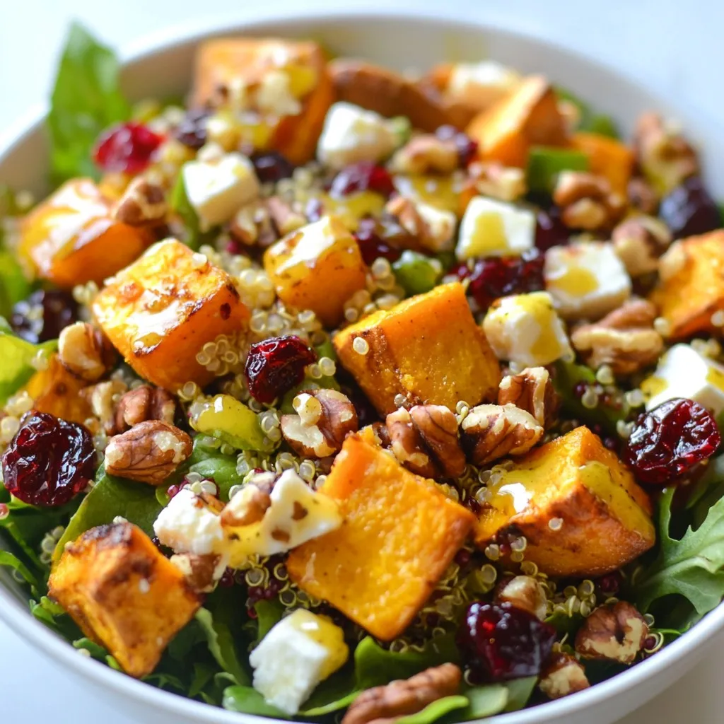 - 2 cups mixed greens (spinach, arugula, or kale) - 1 cup roasted sweet potatoes, cubed - 1/2 cup cooked quinoa - 1/2 cup crumbled feta cheese - 1/2 cup toasted walnuts, coarsely chopped - 1/2 cup dried cranberries - 1/4 cup red onion, finely sliced - 1/4 cup extra virgin olive oil - 2 tablespoons apple cider vinegar - 2 tablespoons cranberry sauce (homemade is best) - 1 tablespoon honey or maple syrup - Salt and freshly ground black pepper to taste Add extra flavors with these options: - Fresh herbs like parsley or cilantro - Sliced avocados for creaminess - Pomegranate seeds for a burst of color - Grilled chicken or chickpeas for protein - Spicy pepper flakes for heat Fresh herbs offer bright, bold flavors. Use them to enhance dishes. They work well in salads and dressings. Dried herbs are more concentrated. They give depth to cooked meals. If using dried herbs, use less than fresh. Always adjust based on your taste. For this salad, fresh parsley or cilantro adds a lovely touch. Try both to see what you like best! {{ingredient_image_2}} First, preheat your oven to 400°F (200°C). Grab a mixing bowl. Toss the cubed sweet potatoes with olive oil, salt, and black pepper. Make sure they are well coated. Spread them on a baking sheet lined with parchment paper. Roast them for 25 to 30 minutes. Stir halfway through cooking. They should turn golden brown and be tender when pierced with a fork. Once done, let them cool slightly. Next, rinse the quinoa under cold water. Use a fine-mesh sieve to remove bitterness. Cook the quinoa according to the package instructions. Usually, you will use a ratio of 1 part quinoa to 2 parts water. Bring the water to a boil, then reduce to a simmer. Cover and cook for about 15 minutes. The water should be absorbed, and the quinoa should look fluffy. Remove it from heat and let it cool with the lid on for a few minutes. Fluff it with a fork before using. In a small bowl, mix the extra virgin olive oil, apple cider vinegar, cranberry sauce, and honey or maple syrup. Whisk the mixture until smooth and well blended. Taste it and adjust the sweetness or salt if needed. You want a balanced flavor that complements the salad. Now it’s time to put the salad together. In a large salad bowl, layer the mixed greens at the bottom. Then add the roasted sweet potatoes, cooked quinoa, crumbled feta, toasted walnuts, dried cranberries, and sliced red onion. Each layer adds unique flavors and textures. Drizzle your homemade dressing over the salad. Use salad tongs or two large spoons to gently toss everything together. Ensure that all the ingredients are mixed well and coated in the dressing. This step is key to a delicious salad. For a beautiful presentation, share the salad into individual plates or bowls. You can serve it on a large, shallow dish. Garnish with extra toasted walnuts and dried cranberries on top. Adding fresh herbs like parsley or cilantro gives the dish a vibrant look. Enjoy this fresh and flavorful salad! To roast sweet potatoes well, start with the right cut. Cut them into even cubes. This helps them cook evenly. Toss the cubes in olive oil, salt, and pepper. Spread them in a single layer on a baking sheet. Bake at 400°F (200°C) for 25-30 minutes. Stir them halfway to get an even golden color. They are done when they are tender and slightly caramelized. Cooking quinoa is easy if you rinse it first. This removes any bitter taste. Use a 1:2 ratio of quinoa to water. Bring water to a boil, then lower the heat to simmer. Cover the pot and cook for about 15 minutes. When done, let it sit for a few minutes with the lid on. Fluff it gently with a fork to keep it light and airy. Assembling the salad in layers makes it look nice. Start with the mixed greens as your base. Then add roasted sweet potatoes and quinoa. Sprinkle crumbled feta and walnuts on top. Add dried cranberries and red onion for a pop of flavor. This order helps keep the greens fresh and crisp. For a beautiful presentation, use a large, shallow dish. This allows each layer to show. Garnish the top with extra walnuts and cranberries. A sprinkle of fresh herbs like parsley adds color. Aim for a vibrant look with a mix of textures and colors. This makes your salad not only tasty but also eye-catching. Pro Tips Choosing Greens: Opt for a mix of greens to enhance the flavor and texture of your salad. Spinach adds a tender touch, while kale offers a hearty crunch. Sweet Potato Secrets: For extra sweetness, try using garnet yams instead of regular sweet potatoes, and season them with a pinch of cinnamon before roasting. Perfect Quinoa: For added flavor, cook your quinoa in vegetable broth instead of water. This will elevate the taste profile of your salad significantly. Dressing Variations: Experiment with different vinegars or add a splash of orange juice to the dressing for a citrusy twist that complements the cranberries beautifully. {{image_4}} You can change the greens in the salad. Spinach adds a soft, mild taste. Arugula brings a peppery kick. Kale gives a hearty crunch. If you want more protein, try adding grilled chicken or chickpeas. These options boost flavor and nutrition. Use seasonal veggies for fresh flavors. In fall, add roasted Brussels sprouts or butternut squash. In spring, try fresh snap peas or radishes. Carrots add sweetness all year. Mixing in seasonal vegetables makes your salad vibrant and exciting. You can switch the dressing for new tastes. A lemon vinaigrette brightens the dish. A creamy tahini dressing adds richness. For a spicy twist, mix in some sriracha. Each dressing can change the salad's feel, so experiment and find your favorite! To keep your Cranberry-Glazed Harvest Veggie Salad fresh, store it in the fridge. Place any leftovers in an airtight container. This way, the salad stays crisp and tasty. Aim to eat it within three days for the best flavor and texture. I recommend using glass or high-quality plastic containers. These containers seal tightly and keep moisture out. If you have a salad with dressing, keep the dressing separate until you're ready to eat. This helps maintain the crunch of the greens. If you want to refresh the salad, add a little olive oil and vinegar before serving. For the sweet potatoes or quinoa, you can reheat them in the microwave. Heat in short bursts to avoid overcooking. Enjoy your salad with a burst of flavor, just like the first time! Yes, you can make this salad ahead of time. Just keep the dressing separate until serving. This helps keep the greens fresh and crisp. You can prepare the roasted sweet potatoes and quinoa a day before. Store them in the fridge. Combine everything when you’re ready to eat. If you need a substitute for cranberries, try raisins or chopped apples. Both add sweetness and texture. You can also use other dried fruits like cherries or apricots. They will give the salad a unique twist. Experiment with what you have on hand. Yes, this salad is gluten-free! It uses quinoa, which is a gluten-free grain. All the other ingredients, like veggies and nuts, are also gluten-free. This makes it a great option for those with gluten sensitivities. Absolutely! You can use almonds, pecans, or even sunflower seeds. Each nut adds a different flavor and crunch. Choose what you love best or what you have in your pantry. Mixing nuts can also create a great taste. Cooked quinoa can last about 3 to 5 days in the fridge. Be sure to store it in an airtight container. If you notice any off smells or changes in texture, it’s best to toss it. Always check before you use it again! Cranberry-glazed harvest veggie salad is a hearty and tasty dish. We covered the main and optional ingredients, each with their role in flavor. I shared steps for roasting sweet potatoes, cooking quinoa, and making a great dressing. You learned tips for perfecting each step and ideas for variations to suit your taste. Proper storage helps your salad last longer. With these insights, you can make and enjoy this salad all season long. Embrace your creativity, and share this delicious salad with others!