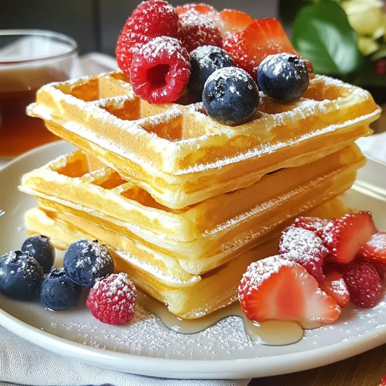 - 2 cups all-purpose flour - 2 tablespoons granulated sugar - 1 tablespoon baking powder - 1/2 teaspoon fine salt - 2 large eggs, at room temperature - 1 3/4 cups milk, preferably whole or 2% - 1/2 cup vegetable oil or melted unsalted butter - 1 teaspoon pure vanilla extract - Optional: 1/2 teaspoon ground cinnamon for added warmth You can add extra flavor to your waffles with some simple choices. Ground cinnamon adds warmth. You can also try chocolate chips or fresh blueberries. These ingredients make each bite more exciting. Feel free to get creative with your favorite flavors! Choosing the best ingredients matters for great waffles. Here are some tips: - Flour: Use fresh all-purpose flour. Check the date on the bag. - Sugar: Granulated sugar works best for sweetness. Avoid brown sugar for this recipe. - Eggs: Room temperature eggs mix better and help create fluffiness. - Milk: Whole milk gives a rich taste, but 2% will work too. - Oil or Butter: Use good quality vegetable oil or fresh unsalted butter. This adds flavor. - Vanilla: Always choose pure vanilla extract for the best taste. When you select quality ingredients, you ensure your waffles taste amazing! {{ingredient_image_2}} Start by gathering your dry ingredients. In a large bowl, mix 2 cups of all-purpose flour, 2 tablespoons of granulated sugar, 1 tablespoon of baking powder, and 1/2 teaspoon of fine salt. If you want a hint of warmth, add 1/2 teaspoon of ground cinnamon. Whisk these together well until there are no lumps. This step is key for fluffy waffles! In a separate medium bowl, crack 2 large eggs. Beat them lightly. Then add 1 3/4 cups of milk, 1/2 cup of vegetable oil (or melted unsalted butter), and 1 teaspoon of pure vanilla extract. Whisk the mixture until it is smooth and combined. This blend adds richness to your waffles. Now it's time to combine! Make a well in the center of your dry mix and pour in the wet ingredients. Using a spatula, gently fold them together. Be careful not to overmix. The batter should stay a bit lumpy. This helps keep your waffles airy and fluffy. Preheat your waffle iron. Check the manual for the right settings. Lightly grease the iron with non-stick spray or oil. Once hot, pour about 1/2 to 3/4 cup of batter onto the center of the iron. Close the lid firmly and cook for about 4-5 minutes. Your waffles should turn golden brown and crisp. Once cooked, lift the waffles carefully using a fork or tongs. Place them on a wire rack to keep them crisp. Serve warm with various toppings. Try fresh berries, rich maple syrup, or fluffy whipped cream. A light dusting of powdered sugar makes them look extra special! Stack them on a plate for a beautiful breakfast display. To get that light and airy bite, you must mix the batter just right. Start by whisking the dry ingredients well. This helps blend the flour, sugar, and baking powder. When you combine the wet and dry mixtures, fold gently. You want a few lumps in the batter. Overmixing makes your waffles tough, not fluffy. One common mistake is using cold eggs and milk. They should be at room temperature. This helps the batter blend better. Another error is pouring too much batter into the waffle iron. Stick to about 1/2 to 3/4 cup, depending on your iron. If you add too much, the batter will overflow and make a mess. Always preheat your waffle iron before cooking. This ensures even cooking and a nice, crispy outside. Lightly grease the iron with cooking spray or oil. This helps prevent sticking. Once the waffles are done, lift them out carefully using a fork or tongs. Place them on a wire rack to keep them crisp. Enjoy with your favorite toppings like berries or syrup! Pro Tips Room Temperature Ingredients: Ensure your eggs and milk are at room temperature before mixing. This helps create a smoother batter and results in fluffier waffles. Don’t Overmix: When combining the wet and dry ingredients, fold them together gently until just combined. Overmixing can lead to tough waffles. Preheat the Waffle Iron: Make sure your waffle iron is fully preheated before adding the batter. This ensures even cooking and helps achieve that golden brown color. Keep Waffles Crisp: Place cooked waffles on a wire rack instead of a plate to prevent them from steaming and becoming soggy while you cook the remaining batter. {{image_4}} You can make these waffles even more fun! Try adding chocolate chips for a sweet twist. Just mix in about 1 cup of chips into the batter before cooking. If you like fruit, blueberries work great too. Use 1 cup of fresh or frozen blueberries. They add natural sweetness and a burst of flavor. You can also try nuts or spices like cinnamon for extra flavor. If you need gluten-free waffles, swap all-purpose flour for a gluten-free blend. Look for one that works in baking. For a dairy-free option, use almond milk or oat milk instead of regular milk. You can also use coconut oil instead of butter. These changes keep your waffles tasty while meeting your needs. Serving your waffles can be just as fun as making them! Stack them high on a plate and top with fresh fruit. Add whipped cream or a drizzle of chocolate syrup for a treat. You can also serve them with yogurt for a healthier option. Try different toppings like peanut butter or honey. Each time can be a new experience! To store uncooked waffle batter, place it in a bowl with a lid. You can also use plastic wrap. Make sure the lid fits tightly to keep air out. It is best to use the batter within 24 hours. The longer it sits, the less fluffy your waffles may turn out. You can chill it in the fridge. Just remember to give it a good stir before using. After cooking, let the waffles cool on a wire rack. This helps keep them crisp. Once cooled, stack them in an airtight container. You can keep them in the fridge for up to three days. For longer storage, freeze the waffles. Place parchment paper between them to prevent sticking. Seal them in a freezer bag. Cooked waffles can last up to three months in the freezer. To reheat waffles, you can use a toaster or an oven. Using a toaster is quick and easy. Toast them until they are hot and crispy again. If using an oven, preheat it to 350°F (175°C). Place the waffles on a baking sheet for about 10 minutes. This method keeps them crispy. Avoid the microwave, as it can make them soggy. Enjoy your fluffy waffles again with your favorite toppings! Fluffy waffles come from the right mix of ingredients and technique. The baking powder gives the batter lift. Beating the eggs adds air, which helps too. Mixing the wet and dry ingredients gently keeps some lumps. These lumps trap air, creating that light, fluffy texture we love. Yes, you can use whole wheat flour. It will give the waffles a nutty flavor. However, the texture might be denser. To keep them fluffy, you might mix half whole wheat and half all-purpose flour. This way, you enjoy health benefits without losing fluffiness. To prevent sticking, always grease your waffle iron. Use non-stick spray or a thin coat of oil. Preheating the iron also helps. If it’s hot enough, the waffles will release easily. Make sure to follow the manufacturer’s instructions for best results. You can prepare the batter ahead of time. Store it in the fridge for up to 24 hours. When ready, give it a quick stir before cooking. However, fresh batter gives the best texture. Allowing it to sit too long may reduce fluffiness. Many toppings can enhance your waffles. Fresh berries add a burst of flavor. Maple syrup is a classic choice. Whipped cream brings a light, sweet touch. You can also use chocolate chips or nuts for extra crunch. The possibilities are endless! This blog explored how to make delicious waffles from scratch. We covered key ingredients, mixing techniques, and cooking tips to get the perfect fluff. You can also try fun flavor variations or dietary changes. Storing and reheating waffles is easy with the right methods. Making waffles can be simple and fun. Armed with this knowledge, you can create tasty meals for everyone. Enjoy experimenting in your kitchen!