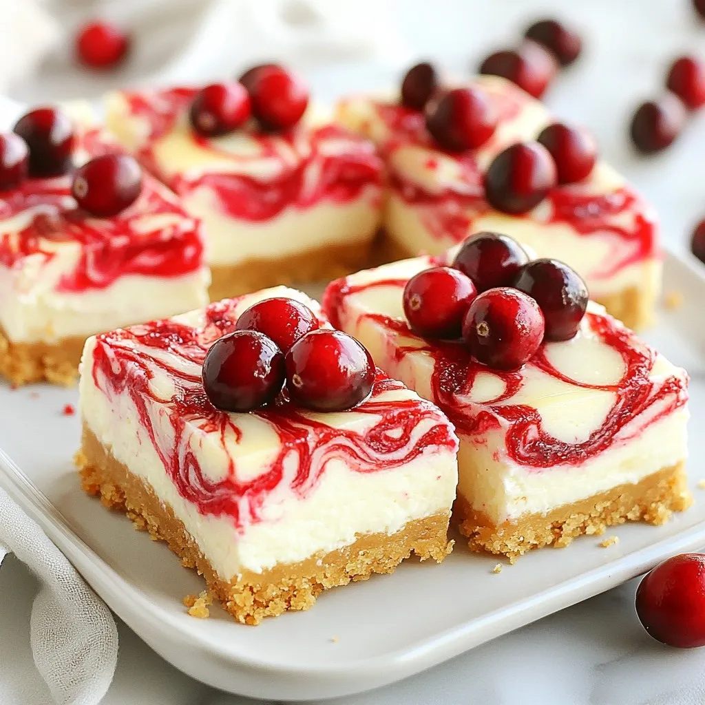 To make delicious cranberry cheesecake bars, you need the following ingredients: - 1 cup graham cracker crumbs - 1/4 cup unsalted butter, melted - 1/4 cup granulated sugar - 1 (8 oz) package cream cheese, softened - 1/2 cup granulated sugar (for the cheesecake layer) - 1 teaspoon vanilla extract - 2 large eggs - 1 cup cranberry sauce (preferably homemade or whole-berry) - 1/2 teaspoon orange zest (optional for a citrus twist) - Fresh cranberries for garnish (optional) Each of these ingredients plays an important role in creating a rich and creamy dessert. The graham cracker crumbs give your crust a nice crunch. The melted butter holds the crust together. The cream cheese is the star of the filling, making it rich and smooth. Using both sugars in the recipe balances the sweetness. The vanilla extract adds depth to the flavor. Eggs help the filling set while keeping it light. The cranberry sauce adds a sweet and tart burst. If you choose to add orange zest, it brings a fresh note to the mix. Lastly, fresh cranberries are optional but can make your bars look festive and appealing. Gather these ingredients, and you’re ready to create a tasty treat that everyone will love! {{ingredient_image_2}} First, preheat your oven to 350°F (175°C). This step is key for even baking. Next, grab an 8x8 inch baking pan. Line it with parchment paper, ensuring some overhang. This makes it easy to lift out the bars later. In a medium bowl, mix 1 cup of graham cracker crumbs, 1/4 cup of melted unsalted butter, and 1/4 cup of granulated sugar. Stir until the mix looks moist and crumbly. Press the crust firmly into the bottom of your lined pan. Make sure it is even for a solid base. In a large bowl, beat 1 (8 oz) package of softened cream cheese until it's smooth. Gradually add 1/2 cup of granulated sugar, mixing until blended. Stir in 1 teaspoon of vanilla extract. Now, add 2 large eggs one at a time. Mix on low speed until fully combined. Be careful not to overmix. Next, if you like, fold in 1/2 teaspoon of orange zest for a zesty twist. Add half of your cranberry sauce to the mix. Use a spatula to gently swirl it in. This gives a lovely marbled effect. Pour the cheesecake filling over your crust. Smooth the top for an even surface. Drop spoonfuls of the remaining cranberry sauce on top. With a knife, create swirls in the sauce for decoration. Bake the pan in the oven for 25-30 minutes. The edges should be set, but the center should still jiggle a bit. After baking, take the pan out of the oven and let it cool completely at room temperature. This is important for the best texture. Once cooled, move the pan to the fridge. Chill it for at least 2 hours. This allows the bars to firm up and the flavors to blend beautifully. When ready to serve, lift the cheesecake bars out of the pan using the parchment overhang. Cut them into squares. For a festive touch, add fresh cranberries on top if you wish. Enjoy your delicious cranberry cheesecake bars! To get the best texture for your cranberry cheesecake bars, mix the filling gently. Overmixing can make the bars too dense. When you add the eggs, mix on low speed. Only mix until the eggs blend in. This keeps your bars light and fluffy. Baking is a science, so small details matter a lot. Make your bars look fancy with a few easy steps. Serve them on a nice platter. Drizzle extra cranberry sauce around the edges. This adds color and makes each slice pop. You can also top the bars with fresh cranberries for a festive touch. A sprinkle of orange zest gives a bright finish. Want to add more flavor? Try a pinch of cinnamon or nutmeg. These spices blend well with cranberries. You can also add a few drops of almond extract for a nutty twist. If you love citrus, use lemon zest instead of orange zest. Each small change can make your bars unique and special. Enjoy experimenting with flavors! Pro Tips Chill the Ingredients: For a smoother cheesecake filling, ensure your cream cheese is at room temperature before mixing. This helps prevent lumps and creates a creamy texture. Use Fresh Cranberries: If you desire a tart flavor contrast, consider adding fresh cranberries on top. They provide a beautiful garnish and enhance the visual appeal of your bars. Adjust Sweetness: Taste your cranberry sauce before adding it to the filling. If it’s too sweet, you may want to reduce the sugar in the cheesecake layer to balance the flavors. Let It Rest: Allow the bars to cool completely at room temperature before chilling. This step helps develop the flavors and ensures a firmer texture when you cut into them. {{image_4}} You can change the flavor of these bars easily. Try using other fruits like blueberries, strawberries, or raspberries. Each fruit brings its own taste. For a tropical twist, add pineapple or mango. You can also top the bars with chocolate chips, nuts, or whipped cream. Mixing in spices like cinnamon or nutmeg can add warmth. Get creative with your favorite flavors! If you need a gluten-free option, use gluten-free graham crackers. You can also make the filling with gluten-free flour instead of regular flour. This keeps the texture smooth and tasty. Another option is to use nut-based crusts. Almond flour or crushed nuts work great for a rich flavor. This way, everyone can enjoy these delicious bars! If you want to swap out cream cheese, use Greek yogurt or silken tofu. Both options create a creamy texture. For a lower-sugar version, try using honey or maple syrup instead of granulated sugar. You can also use dairy-free cream cheese for a vegan option. These substitutions let you adjust the recipe to fit your needs. Enjoy customizing your cranberry cheesecake bars! To keep your cranberry cheesecake bars fresh, store them in an airtight container. This will help prevent them from drying out. Make sure to chill the bars in the fridge before storing. If you use parchment paper, it can help keep them intact. Try to separate layers with wax paper to avoid sticking. You can freeze these bars for later enjoyment. First, let the bars cool completely. Next, wrap them tightly in plastic wrap or foil. Place the wrapped bars in a freezer-safe container. When you're ready to enjoy them, thaw the bars in the fridge overnight. For a quick thaw, you can leave them at room temperature for a couple of hours. In the fridge, the cranberry cheesecake bars last about five days. If you freeze them, they can last up to three months. Just remember, the longer they sit, the more they lose some freshness. Enjoy them within these time frames for the best taste! You can use either homemade or store-bought cranberry sauce. Homemade sauce often tastes fresher and can have more flavor. If you choose store-bought, look for whole-berry sauce. This type has a nice texture and helps your bars look pretty. Yes, you can prepare these bars a day in advance. Just store them in the fridge after they cool. Cover them tightly with plastic wrap. This helps keep them fresh and delicious. Leftover cranberry sauce is perfect for many uses. Try it on toast or pancakes. You can mix it into yogurt or oatmeal for a sweet twist. It also makes a great topping for ice cream! Check the edges of the bars. They should be set and firm. The center can jiggle a bit. It will firm up as it cools. If the bars look slightly puffed, that’s a good sign they are ready! These cranberry cheesecake bars bring joy with every bite. We covered the needed ingredients, from graham cracker crumbs to optional orange zest. I walked you through the steps to make these bars perfectly, including baking tips to achieve great texture. Remember to chill them before serving for the best taste. Try fun flavor variations or adjust for dietary needs to suit your family. Store them well to enjoy later. These bars are not just a treat; they make memories. Enjoy making them for your next gathering!