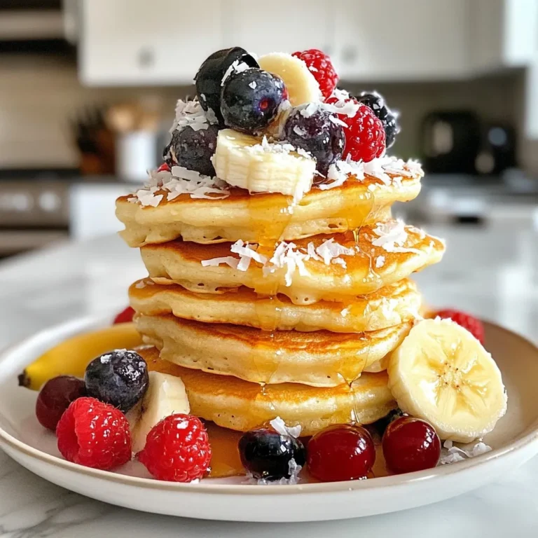 - 1 cup all-purpose flour - 1 tablespoon baking powder - 1/2 teaspoon salt - 1/4 cup granulated sugar - 1 cup coconut milk - 1/4 cup shredded coconut - 2 tablespoons vegetable oil or melted coconut oil - 1 teaspoon vanilla extract - 1 large egg - Fresh fruit toppings Choosing between sweetened and unsweetened shredded coconut You can choose sweetened or unsweetened shredded coconut. Sweetened coconut adds a nice touch of sugar. Unsweetened coconut gives a more natural flavor. Pick what suits your taste. Why full-fat coconut milk is recommended I recommend using full-fat coconut milk. It makes the pancakes soft and creamy. This adds a rich coconut taste too. Low-fat options may not provide the same texture. Alternative oils for cooking If you want to switch oils, you can use melted butter. Olive oil also works well. Each oil gives a different taste. Choose what you enjoy the most. {{ingredient_image_2}} Mixing dry ingredients Start by taking a large bowl. Sift together 1 cup of all-purpose flour, 1 tablespoon of baking powder, 1/2 teaspoon of salt, and 1/4 cup of granulated sugar. Use a whisk to mix these well. This step helps ensure that your pancakes rise nicely. Whisking the wet ingredients In another bowl, combine 1 cup of coconut milk, 1/4 cup of shredded coconut, 2 tablespoons of vegetable oil (or melted coconut oil), 1 teaspoon of vanilla extract, and 1 large egg. Whisk until smooth. This mixture adds creaminess and flavor to your pancakes. Combining wet and dry mixtures Carefully pour the wet mixture into the bowl with the dry ingredients. Use a spatula to gently fold the two together. Stop mixing once you see no dry flour. If the batter feels too thick, add a little more coconut milk. Preheating the skillet Heat a non-stick skillet or griddle over medium heat. Lightly grease it with a small amount of oil or butter. This step helps prevent sticking and gives the pancakes a nice golden color. Pouring the batter For each pancake, pour about 1/4 cup of batter onto the hot skillet. Cook for 2-3 minutes. Look for small bubbles forming on the surface. This shows they are ready to flip. Flipping pancakes for even cooking Using a spatula, flip each pancake gently. Cook for another 2-3 minutes until they are light golden brown on the other side. Repeat this with the remaining batter, greasing the skillet as needed. Stacking and garnishing Serve the pancakes warm. Stack them on a plate. Garnish with fresh fruit like bananas, strawberries, or blueberries. A sprinkle of shredded coconut on top adds texture and flavor. Suggested toppings for enhanced flavor Try drizzling with coconut milk or syrup for extra sweetness. Whipped cream can also add a lovely touch. Experiment with flavors to make your breakfast special! To make fluffy pancakes, avoid overmixing. Mix the wet and dry ingredients just until they blend. If you stir too much, the pancakes become dense. Adjusting batter consistency is key. If the batter is too thick, add more coconut milk. The right thickness helps the pancakes spread nicely in the pan. Set your heat to medium. This temperature cooks the pancakes evenly. If the heat is too high, pancakes can burn outside while remaining raw inside. Use a non-stick surface for cooking. Lightly grease it with oil or butter to stop sticking. This step ensures easy flipping and perfect pancakes. Stack the pancakes artfully on a plate. Try to make them tall for a beautiful look. Decorate with fresh fruit and sauces. Use bananas, blueberries, or strawberries for color. A sprinkle of shredded coconut on top adds a nice touch. Pro Tips Use Fresh Ingredients: Always opt for fresh coconut milk and high-quality eggs to enhance the flavor and texture of your pancakes. Adjust Sweetness: Depending on your preference and the ripeness of your fruit toppings, you may want to adjust the sugar in the batter. Keep It Warm: If you're making a large batch, keep the cooked pancakes warm in a low oven (200°F or 93°C) while you finish cooking the rest. Experiment with Toppings: Try different toppings like yogurt, honey, or nut butter for added flavor and nutrition. {{image_4}} You can easily boost the flavor of coconut cream pancakes. Here are a few ideas: - Spices: Add a pinch of cinnamon or nutmeg for warmth. These spices can really elevate the taste. - Mix-ins: Throw in some chocolate chips or nuts. Chocolate adds sweetness, while nuts give a nice crunch. These simple tweaks make each bite exciting and delicious. Do you need a different diet? No problem! Here are two great options: - Vegan Option: Use flax eggs instead of a regular egg. Mix one tablespoon of ground flaxseed with two tablespoons of water. Let it sit for five minutes to thicken. This works well and keeps the texture light. - Gluten-Free Alternatives: Swap all-purpose flour for a gluten-free blend. Look for a mix that includes xanthan gum for the best results. These modifications keep the fun and flavor intact. Make your pancakes fit the season with these ideas: - Tropical Theme: Add fresh pineapple pieces to the batter. This gives a burst of freshness and a tropical vibe. - Fall-Inspired: Mix in some pumpkin puree. It adds richness and pairs well with warm spices. These seasonal twists keep your breakfast exciting all year long! Store leftover pancakes in the fridge. Place them in an airtight container. They stay fresh for up to three days. To freeze pancakes, stack them with parchment paper in between. Wrap the stack tightly in plastic wrap. Then, place it in a freezer bag. This keeps them from sticking together. Frozen pancakes last up to two months. You can reheat pancakes in the microwave or on the stovetop. For the microwave, place pancakes on a plate. Heat them for 15-30 seconds. Check if they are warm enough. Flip them halfway through for even heating. For stovetop reheating, use a non-stick skillet. Heat on low with a bit of butter. This method keeps them fluffy and soft. Pancakes can be stored for about three days in the fridge. If frozen, they last up to two months. Check for signs of spoilage. Mold or an off smell means they are no longer good. Always trust your senses! Enjoy your pancakes fresh for the best taste. Can I use almond or oat milk instead of coconut milk? Yes, you can use almond or oat milk. However, the flavor will change. Coconut milk gives a rich, creamy taste. For a similar texture, choose unsweetened almond milk. How can I make the pancakes sweeter? You can add more sugar. Try an extra tablespoon of granulated sugar. Alternatively, use maple syrup or honey in the batter for added sweetness. What can I substitute for all-purpose flour? For a gluten-free option, use almond flour or a gluten-free blend. Keep in mind that the texture may differ slightly with these alternatives. How do I know when pancakes are done cooking? Look for small bubbles on the surface. When they pop, it’s time to flip them. The pancakes should turn golden brown. What should I do if my pancakes are too thick? If the batter is too thick, add more coconut milk. Start with a tablespoon, then mix well. The batter should flow easily but not be runny. Can I use a different sweetener? Yes, try brown sugar or coconut sugar. These sweeteners add a hint of caramel flavor. You can also use liquid sweeteners like honey or agave syrup. What’s the best oil for frying pancakes? Vegetable oil or melted coconut oil works well. Both oils have a high smoke point. This helps achieve that perfect golden brown color without burning. These pancakes mix simple ingredients for a delightful meal. We covered how to choose the best ingredients, make the batter, and cook the pancakes. You learned tips for perfecting texture and presentation. Variations let you customize flavors to suit any season or diet. Lastly, proper storage helps keep extras fresh. With these steps, you can enjoy great pancakes anytime. Happy cooking!