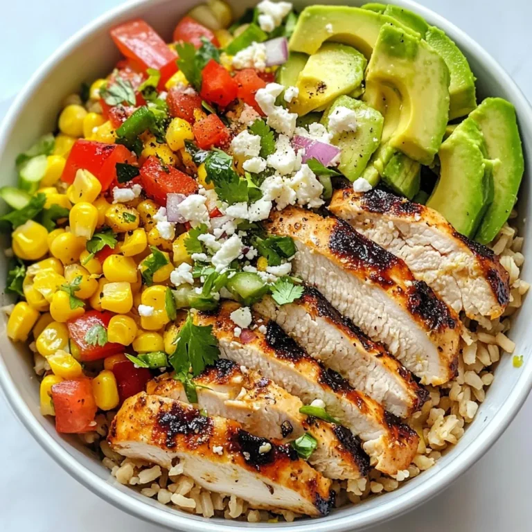 To make Street Corn Chicken Bowls, gather these key ingredients: - 2 cups cooked brown rice - 1 lb grilled chicken breast, sliced into strips - 1 cup sweet corn (fresh or canned, drained if canned) - 1 red bell pepper, diced into small pieces - 1 ripe avocado, diced - 1/2 cup red onion, finely chopped - 1/2 teaspoon smoked paprika - 1/2 teaspoon chili powder - 1 tablespoon fresh lime juice - 1/4 cup fresh cilantro, chopped - 1/2 cup crumbled feta cheese (optional but recommended for added flavor) - Salt and pepper to taste - Olive oil for marinating and cooking These ingredients create a colorful and tasty dish. You’ll love how they work together! If you need to swap ingredients, here are some ideas: - Rice: Use quinoa or cauliflower rice for a different base. - Chicken: Try grilled tofu or tempeh for a vegetarian option. - Corn: Frozen corn works well if fresh isn’t available. - Bell Pepper: Any color of bell pepper adds flavor and crunch. - Avocado: Swap with diced mango for a sweet twist. - Feta Cheese: Use goat cheese or omit it for a dairy-free version. These swaps keep the dish fresh and exciting! To elevate your Street Corn Chicken Bowls, consider these optional toppings: - Sliced jalapeños for heat - Extra lime wedges for zest - Sour cream or Greek yogurt for creaminess - Chopped green onions for added crunch - Hot sauce for a spicy kick These toppings let you customize each bowl to your taste! Enjoy mixing and matching! {{ingredient_image_2}} Start by mixing olive oil, smoked paprika, chili powder, salt, and pepper in a bowl. This mix is the marinade. Take your chicken breasts and coat them well with the marinade. Let them sit for 20 minutes. This step helps the chicken soak up all the great flavors. Next, heat your grill to medium. Grill the chicken for about 6-7 minutes on each side until it is fully cooked. Make sure there is no pink in the center. After grilling, allow the chicken to rest. Then, slice it into strips for the bowls. For the corn, grab a small skillet and drizzle some olive oil into it. Heat the skillet over medium heat. Add the sweet corn to the skillet. Sauté it for about 5 minutes. Stir occasionally to get an even char. You want the corn to have a toasted flavor. A little salt will enhance its taste. Once done, take it off the heat and set it aside. Now, it's time to build your bowls. Start with the bottom layer of cooked brown rice. This rice is a great base. Next, add the grilled chicken strips on top of the rice. Then, layer in the charred corn, diced red bell pepper, diced avocado, and finely chopped red onion. Make sure to arrange everything nicely. This makes the bowls look appealing. To finish, drizzle fresh lime juice over the toppings in each bowl. This adds a zesty kick. Sprinkle chopped cilantro on top for freshness. If you want a rich taste, add crumbled feta cheese. This step brings a creamy touch to your dish. Now, your street corn chicken bowls are ready to be served. Enjoy the bold flavors and beautiful colors! To grill chicken right, start with a good marinade. I mix olive oil, smoked paprika, chili powder, salt, and pepper. This adds flavor and helps keep the chicken juicy. Marinate the chicken for at least 20 minutes. Heat your grill to medium. Cook the chicken for about 6-7 minutes on each side. Check that there is no pink in the middle. Let it rest before slicing. This makes the chicken tender and full of flavor. For the best char on corn, use fresh or canned sweet corn. If using canned, drain it first. In a skillet, heat a little olive oil over medium heat. Add the corn and cook for about 5 minutes. Stir it often. You want it to get a nice golden color. This slight char adds a toasty flavor that enhances the dish. Season with a pinch of salt before taking it off the heat. Layering is key for a great street corn chicken bowl. Start with a base of cooked brown rice. This gives a nice texture. Next, add grilled chicken slices. Then, layer the charred corn. Follow with diced red bell pepper, avocado, and red onion. Each layer adds flavor and color. Finish with a drizzle of fresh lime juice and chopped cilantro. If you like, sprinkle crumbled feta on top. This adds creaminess and a tangy kick. A well-layered bowl looks great and tastes amazing! Pro Tips Marinate for Maximum Flavor: Allow the chicken to marinate for at least 30 minutes, or even overnight if possible. This enhances the flavor and juiciness of the chicken. Use Fresh Ingredients: Whenever possible, opt for fresh corn and ripe avocados. They contribute significantly to the overall taste and texture of the dish. Customize Your Toppings: Feel free to add other toppings like black beans, diced tomatoes, or jalapeños to suit your taste preferences. Keep It Warm: Serve the bowls immediately while everything is warm to enhance the flavors and provide a satisfying meal experience. {{image_4}} You can make a tasty street corn bowl without chicken. Try using black beans instead. They add protein and fiber. You can also use grilled zucchini or bell peppers for extra flavor. This keeps the dish colorful and fun. If you want a twist on the rice, use quinoa or cauliflower rice. Quinoa adds a nutty flavor and is full of protein. Cauliflower rice is low in carbs and great for a lighter meal. Both options keep the dish fresh and interesting. You can spice things up or make it sweet. Add jalapeños for heat, or use a spicy sauce for a kick. For a sweeter touch, drizzle honey or use sweet corn. This mix makes each bite exciting and different. To keep your street corn chicken bowls fresh, place leftovers in an airtight container. Store them in the fridge. They will stay good for about 3 days. Make sure to separate the ingredients for best results. Keep the rice, chicken, and veggies apart. This helps maintain their taste and texture. When you are ready to eat your leftovers, reheat them gently. Use the microwave for quick heating. Place the food in a microwave-safe bowl, cover it, and heat in short bursts. Stir between intervals to heat evenly. Heat until the food is warm, about 1-2 minutes. You can also reheat on the stove. Add a splash of water to the pan and cover it. This keeps the food moist. Heat on low until warmed through. Making street corn chicken bowls ahead of time is easy. Cook the chicken and corn in advance. Store them in separate containers. Prepare the rice fresh before serving. You can chop the veggies and store them in the fridge. This way, it’s quick to assemble your bowls. Add lime juice and cilantro right before serving for the best taste. This method saves time and makes meals fun all week long! If you don't have feta cheese, try using queso fresco or goat cheese. Both add a nice creaminess. You can also skip cheese for a dairy-free option. Yes, you can prep parts of the dish ahead. Cook the chicken and corn in advance. Store them in airtight containers in the fridge. Assemble the bowls right before serving for the best taste. These bowls pair well with fresh lime wedges and extra cilantro. You might also enjoy some tortilla chips on the side for crunch. A light salad or grilled veggies can complement the meal nicely. To add spice, increase the chili powder in the chicken marinade. You can also add sliced jalapeños or hot sauce on top. A sprinkle of cayenne pepper in the corn adds a nice kick as well. In this post, we explored tasty street corn chicken bowls. You learned about key ingredients and helpful substitutes. I shared step-by-step instructions and grilling tips for perfect chicken. We also covered vegetarian options and how to store leftovers. These bowls are fun to make and easy to adapt. Enjoy the flavors and get creative with your meals. Your kitchen can be a place for new tastes and ideas. Try something new today!