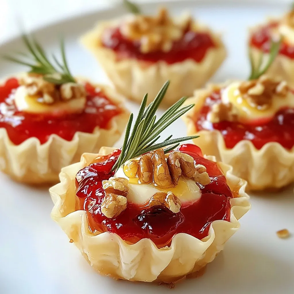 - Mini phyllo pastry cups - Brie cheese - Cranberry sauce - Walnuts - Fresh rosemary leaves - Honey Choosing the best Brie cheese is key. Look for a cheese that is creamy and fresh. A well-aged Brie has a rich flavor that pairs well with fruit. You can choose between homemade or store-bought cranberry sauce. Homemade sauce gives a personal touch, while store-bought saves time. Both options work well. For added texture, consider using finely chopped walnuts. They add a nice crunch to each bite. If you want more flavor, try adding a sprinkle of spices like cinnamon or nutmeg to the cranberry sauce. This small change can elevate your dish. {{ingredient_image_2}} 1. First, preheat your oven to 350°F (175°C). This helps the cups bake just right. 2. Next, arrange the mini phyllo pastry cups on a baking sheet. Space them out for even baking. 1. Start by adding a small cube of Brie cheese into each pastry cup. Aim for about 1-inch cubes. 2. Then, use a small spoon to add 1 teaspoon of cranberry sauce on top of the Brie. Cover it well. 3. If you like, sprinkle chopped walnuts on the cranberry sauce. This adds a nice crunch! 1. Bake the cups in the oven for around 12 to 15 minutes. Keep an eye on them. 2. Look for the cheese to melt and bubble. The phyllo should turn golden brown. 3. After baking, take the baking sheet out and let it cool for a few minutes. This makes the cups easier to handle. To ensure even melting of cheese, cut the Brie into small cubes. Each piece should be about 1 inch wide. This helps the cheese melt evenly in every cup. Spread the cubes well in the phyllo cups. To avoid soggy phyllo dough, make sure the cups are not overfilled. The cranberry sauce adds moisture, so use just a teaspoon in each cup. Also, bake them until the pastry turns golden brown. This gives a nice crunch. For a great presentation, arrange the cups on a decorative platter. Serve them warm for the best taste. You can also add a small sprig of rosemary on top. This adds color and aroma. Pair the cups with drinks like sparkling wine or a light beer. The tartness of the cranberry and the creamy Brie work well with these drinks. You can prepare the cups in advance. Assemble them, then keep them in the fridge for a few hours. Just bake them right before serving. For reheating, place the cups back in a preheated oven at 350°F. Bake them for about 5-7 minutes. This helps them regain their crispness while warming the filling. Pro Tips Use Room Temperature Brie: Allow your Brie cheese to sit at room temperature for about 30 minutes before assembling. This ensures it melts beautifully in the oven. Experiment with Flavors: Try adding different toppings like chopped pecans, dried fruits, or a sprinkle of cinnamon to customize the flavor profile of your cups. Keep an Eye on Baking Time: Ovens can vary, so start checking your cups at the 10-minute mark to avoid over-baking. You want the cheese bubbly and the phyllo golden. Make Ahead: You can prepare the cups in advance and store them in the fridge before baking. Just add a few extra minutes to the baking time if they are cold from the fridge. {{image_4}} You can make these cups even better with a few simple tweaks. Try adding spices like cinnamon or nutmeg for warmth. A sprinkle of black pepper can add a nice kick too. Fresh herbs like thyme or basil will give a new twist. They pair great with the creamy Brie and tart cranberry sauce. For fruit sauces, consider using raspberry or apricot. They add a sweet and fruity touch. You can even mix your favorite jams with the cranberry sauce for a unique blend. The options are endless, and you can make it your own! If you need a gluten-free option, look for gluten-free phyllo pastry. Many brands offer this choice now. It will work just like regular phyllo, so you won’t lose any crunch. For a vegan version, swap out the Brie for a plant-based cheese. There are many tasty vegan cheeses on the market. You can also use a homemade cashew cheese for a creamy feel. Just blend soaked cashews with lemon juice and nutritional yeast. These cups can fit any season or holiday. For fall, try adding a sprinkle of pumpkin spice. You can even top them with roasted pumpkin seeds. In winter, add a few pomegranate seeds for a festive touch. For a holiday twist, use cranberry sauce mixed with orange zest. It gives a bright flavor and looks beautiful. Garnish with fresh mint leaves in spring for a light and fresh touch. The key is to have fun and let your creativity shine! To keep your Mini Phyllo Brie Cranberry Cups fresh, store them in an airtight container. Place parchment paper between layers to avoid sticking. You can keep them in the fridge for up to three days. After that, they may lose their crunch and flavor. You can freeze these cups before or after baking. If you freeze them before baking, arrange the filled cups on a baking sheet. Freeze them until solid, then transfer them to a freezer bag. They can last up to three months. If you bake them first, allow them to cool and then freeze. Thaw in the fridge overnight before reheating. To keep the cups crunchy, use the oven for reheating. Preheat your oven to 350°F (175°C) and bake for about 10 minutes. This method ensures the phyllo stays crispy. If you're in a hurry, you can use the microwave. However, this may make the cups soggy. If using the microwave, heat them for just 30 seconds to 1 minute. Making Mini Phyllo Brie Cranberry Cups is quick and easy. You will need about 10 minutes to prep. During this time, you will gather your ingredients and assemble the cups. Then, bake them for 12-15 minutes until the cheese melts and the pastry turns golden. In total, you can have these tasty bites ready in 30 minutes! Yes, you can! While Brie is rich and creamy, other cheeses work well too. Try using Camembert for a similar flavor. Goat cheese adds a tangy twist. Cream cheese can give a smooth texture. Feel free to experiment with your favorites! These cups shine on their own, but pairing can enhance your spread. Serve them with a fresh green salad for balance. Sparkling wine or white wine complements the flavors nicely. For a fun twist, try them with apple slices or crackers for added crunch. In this post, we explored making Mini Phyllo Brie Cranberry Cups. We discussed key ingredients, from the best Brie to homemade cranberry sauce. I shared step-by-step instructions to prep and bake these tasty bites. You also learned tips for perfecting your cups and how to serve them well. Finally, we covered ways to store leftovers and variations to try. Enjoy crafting these delightful appetizers for your next gathering! They’re sure to impress and satisfy your guests.
