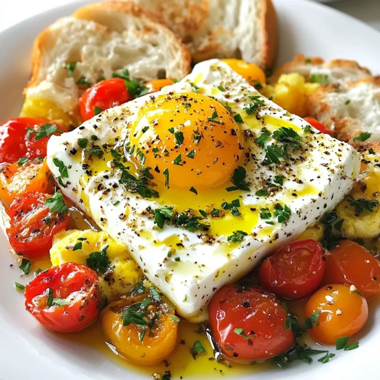 - 200g block of feta cheese - 1 cup cherry tomatoes, halved - 1 bell pepper, diced (red or yellow) - 2 cloves of garlic, minced - 1 teaspoon dried oregano - 2 tablespoons extra virgin olive oil - 4 large eggs - Fresh parsley, finely chopped - Salt and freshly ground black pepper - Crusty bread or warm pita for serving The main ingredients make this dish vibrant and delicious. Feta cheese is the star. It adds creaminess and tang. Cherry tomatoes bring sweetness and color, while bell peppers add crunch. Garlic gives a nice flavor boost, and oregano ties everything together. - Other vegetables (zucchini, spinach) - Different cheese options (goat cheese, mozzarella) - Spices (red pepper flakes, paprika) Feel free to customize your baked feta! Adding zucchini or spinach can deepen the flavor. You can swap the feta for goat cheese for a different taste. If you love heat, sprinkle in red pepper flakes or paprika to spice things up. {{ingredient_image_2}} - Preheat oven to 375°F (190°C). - Prepare the baking dish. Use a medium-sized dish for even cooking. - Combine 1 cup halved cherry tomatoes, 1 diced bell pepper, and 2 cloves minced garlic in the dish. - Season with 1 teaspoon dried oregano, salt, and freshly ground black pepper. - Drizzle with 2 tablespoons extra virgin olive oil. Toss well until coated. - Create a well in the center for the feta cheese. Place a 200g block of feta into this well. - Drizzle a bit more olive oil over the feta for extra flavor. - Bake the dish for 20 minutes. Look for soft, golden edges on the feta. - Carefully remove the dish and make four small wells in the mixture. - Crack 4 large eggs into each well, keeping yolks intact. - Return the dish to the oven and bake for another 10-12 minutes. - Check egg whites; they should be set but yolks should remain runny. - Once done, take it out and sprinkle with fresh parsley. Serve with crusty bread or warm pita for a tasty breakfast. Choosing the right feta I always choose a firm block of feta. Look for brands with a creamy texture. If it feels too dry, skip it. Fresh feta melts beautifully and adds flavor. You can find it in most grocery stores, often in brine. Checking for optimal softness To check if the feta is ready, bake it for 20 minutes. You'll know it's perfect when it softens and turns golden around the edges. If it looks too dry, add a splash of olive oil on top. Tips for runny vs. hard yolks For runny yolks, keep a close watch while baking. I recommend baking the eggs for about 10-12 minutes. If you prefer hard yolks, leave them in for a few extra minutes. How to avoid breaking yolks When cracking the eggs, do it gently. Make small wells in the feta and veggies. This helps keep the yolks whole. If you’re careful, you'll have perfectly intact yolks every time. Best bread for serving I love serving this dish with crusty bread or warm pita. It soaks up the creamy feta and runny yolks. Choose something with a good crust for the best experience. Pairing with Mediterranean sides You can add olives or a simple salad on the side. Fresh herbs like basil or mint also brighten the dish. These sides complement the flavors and make the meal even better. Pro Tips Choose Quality Feta: Opt for a high-quality feta cheese, preferably one that is packed in brine, as it tends to have a creamier texture and richer flavor once baked. Customize Your Veggies: Feel free to add other vegetables such as zucchini, spinach, or olives to the dish for added flavor and nutrition. Experiment with Herbs: Don’t limit yourself to oregano! Try adding fresh basil, thyme, or rosemary for a different aromatic experience. Perfect Egg Texture: For runny yolks, keep a close eye on the eggs during the last baking phase. Start checking at around 8 minutes to achieve your desired consistency. {{image_4}} You can easily change this dish to suit your taste. Adding olives gives it a rich flavor. Green or black olives work great. They add saltiness and a nice bite. You can also toss in fresh basil or mint. These herbs bring a bright taste that lifts the dish. Just chop them up and sprinkle on top before serving. This recipe is great for everyone. It is vegetarian-friendly, making it a perfect choice for non-meat eaters. To serve it gluten-free, choose a gluten-free bread or skip the bread altogether. You can enjoy it with a salad or on its own. Spices can transform this dish. Try adding cumin or coriander for a warm, earthy taste. They work well with the feta and veggies. You can also switch the cheese. Goat cheese or mozzarella can give a different twist. Each cheese brings its own unique flavor and texture. Experiment and find what you love best! To keep your Mediterranean Baked Feta Breakfast fresh, follow these steps: - Let the dish cool to room temperature. - Transfer leftovers to an airtight container. - Store in the fridge for up to three days. For best results, use glass containers. They help keep flavors intact. To enjoy your leftovers again, reheat them properly: - Preheat your oven to 350°F (175°C). - Place the dish in the oven for about 15 minutes. This keeps the texture nice. To avoid sogginess, do not microwave. Microwaving can make the dish watery. Yes, you can freeze baked feta! Here’s how: - Allow the dish to cool completely. - Cut it into portions and wrap tightly in foil. - Place wrapped portions in a freezer-safe bag. Label the bag with the date. To thaw, move it to the fridge overnight before reheating. I love serving Mediterranean Baked Feta with warm pita or crusty bread. This dish tastes great when you dip the bread into the creamy feta and runny eggs. For a nice touch, drizzle more olive oil on top and sprinkle fresh oregano before serving. You can add a side of olives or a simple salad for extra crunch. Yes, you can prep the veggies and feta a day before. Just store them in the fridge until you’re ready to bake. When you want to cook it, just follow the baking steps. This makes it easy for busy mornings. If you have leftovers, store them in an airtight container in the fridge. Check the egg whites first. They should be fully set but not rubbery. The yolks should look soft and slightly jiggly. If you like firmer yolks, bake a bit longer. Just keep an eye on them to avoid overcooking. Yes! You can portion out the baked feta and eggs into containers. Keep the bread separate until you serve. This way, your meal stays fresh. It’s a great option for quick breakfasts during the week. Just reheat in the oven or microwave. This blog post covered how to make a delicious Mediterranean Baked Feta. We discussed key ingredients like feta cheese, tomatoes, and eggs. I shared step-by-step instructions and gave tips to get the best flavors. You can add other veggies or spices for some fun twists. Remember to store leftovers correctly and reheat them for the best taste. This dish is easy, tasty, and perfect for meal prep. Give it a try and enjoy your cooking adventure!