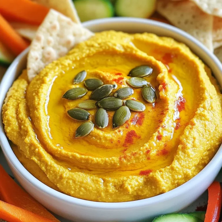 - 1 cup canned pumpkin puree - 1 (15 oz) can of chickpeas, drained and rinsed - 2 tablespoons tahini - 2 tablespoons olive oil - 2 tablespoons lemon juice - 1 clove garlic, minced - 1 teaspoon ground cumin - 1/2 teaspoon smoked paprika - Sea salt and black pepper to taste - Water, as needed - Optional garnishes: pumpkin seeds or paprika To make creamy pumpkin hummus, gather these ingredients first. The canned pumpkin puree gives the dip its rich color and flavor. Use pure pumpkin, not pie filling. Chickpeas add protein and creaminess. Tahini adds a nutty taste and smooth texture. Extra virgin olive oil enhances the richness. Fresh lemon juice adds brightness. Minced garlic brings a bold kick. Ground cumin and smoked paprika provide depth and warmth. Adjust the sea salt and black pepper to your taste. If the hummus is too thick, water helps achieve the desired consistency. You can also add optional garnishes for a lovely finishing touch. {{ingredient_image_2}} 1. Adding ingredients to the food processor Start by placing the pumpkin puree, chickpeas, tahini, olive oil, lemon juice, minced garlic, ground cumin, and smoked paprika into the food processor. Make sure all the ingredients fit comfortably. 2. Blending to a smooth consistency Secure the lid on the food processor. Blend the mixture on high until it becomes completely smooth. You may need to pause and scrape down the sides to ensure everything mixes well. 3. Adjusting thickness with water If the hummus is too thick, add water slowly. Use one tablespoon at a time. Blend again after each addition until you reach a creamy and spreadable texture. 4. Seasoning and adjusting flavors Taste your hummus and add sea salt and freshly cracked black pepper as needed. Blend again to mix in the seasonings. This step is crucial for achieving the perfect flavor. 5. Transferring to a serving bowl Once you are satisfied with the taste and texture, carefully transfer the creamy pumpkin hummus into a decorative serving bowl. Take your time to avoid spills. 6. Finishing touches and presentation Drizzle a little extra virgin olive oil over the top for added richness. If you like, sprinkle pumpkin seeds or a dash of smoked paprika for extra color and crunch. This makes the hummus look appealing and inviting. These steps will guide you in making a delicious and creamy pumpkin hummus that is perfect for any gathering. - Scraping sides during blending: This step is key. It helps mix all the ingredients evenly. If you skip this, you might get lumps. Pause the blender and use a spatula to scrape down the sides. - Adjusting consistency for preference: Hummus can be thick or smooth. If you want it creamier, add water slowly. Start with one tablespoon, then blend. Keep adding until it’s just right for you. - Flavor balancing tips: Taste as you go. You might want more salt or lemon juice. This will make the hummus pop! Remember, fresh ingredients always boost flavor. - Using fresh ingredients for best results: Fresh garlic and lemon juice make a big difference. They add brightness. Canned pumpkin is fine, but check it’s pure pumpkin, not pie filling. - Ideal dippers for pumpkin hummus: Use crispy pita chips for crunch. Fresh veggies like carrots, celery, and bell peppers add color and flavor. Warm crusty bread is also a great choice. - Creative serving ideas for gatherings: Arrange dippers around the hummus. This not only looks nice but invites people to dig in. You can also serve it in small cups for individual portions. - Pairing suggestions with drinks: This hummus pairs well with a light white wine like Sauvignon Blanc. For non-alcoholic options, try sparkling water with lemon. Pro Tips Choosing the Right Pumpkin: Opt for pure pumpkin puree instead of pumpkin pie filling to ensure your hummus isn't overly sweet. Adjusting Texture: If your hummus is too thick, gradually add water until you reach your desired creaminess; this ensures a smooth finish. Flavor Enhancements: Feel free to add a pinch of cinnamon or nutmeg for an extra layer of warmth and spice that complements the pumpkin. Serving Suggestions: Pair this hummus with a variety of dippers like sliced apples or pear for a sweet contrast to the savory flavors. {{image_4}} You can make creamy pumpkin hummus even more exciting! Here are some simple ideas: - Adding spices: Sprinkle in cinnamon or nutmeg for warmth. These spices pair well with pumpkin and add a cozy flavor. Try adding a pinch to your mix. - Incorporating additional vegetables: Want a twist? Blend in roasted red peppers or cooked carrots. These add color and depth to your hummus. - Using different bean alternatives: Not a fan of chickpeas? Use white beans or black beans instead. They offer a different taste while keeping it creamy. Making creamy pumpkin hummus work for everyone is easy! - Vegan options: This recipe is already vegan. Just ensure all your ingredients are plant-based. You can enjoy this dip with confidence. - Gluten-free variations: All ingredients in this hummus are gluten-free. Serve it with gluten-free dippers like veggie sticks or rice crackers. - Nut-free adjustments: If you have nut allergies, skip the tahini. You can replace it with sunflower seed butter for a nut-free kick. - Best container for storage: Use an airtight container. This helps keep the hummus fresh and tasty. Glass containers work well, but plastic ones are fine too. Just make sure they seal tightly. - Refrigeration shelf life: Creamy pumpkin hummus lasts about five days in the fridge. Check for any changes in smell or color before eating. If it looks or smells off, it's best to toss it. - Freezing options and tips: You can freeze this hummus for up to three months. Use a freezer-safe container but leave some space at the top. The hummus may expand when it freezes. When ready to eat, thaw it overnight in the fridge. - Best practices for keeping texture: When reheating, use a microwave or stove on low heat. Stir well to make sure it warms evenly. If it feels thick, add a splash of water and mix until smooth. - Creative ways to repurpose leftovers: Use leftover hummus as a spread in wraps or sandwiches. You can also add it to soups for creaminess or serve it as a pasta sauce. It’s a fun way to enjoy the flavors in new dishes! Creamy pumpkin hummus lasts about 4 to 5 days in the fridge. Store it in an airtight container. This keeps it fresh and tasty. Yes, you can use dried chickpeas. Soak them overnight and cook until soft. This gives you a great texture. Pumpkin hummus is healthy! It is packed with fiber and vitamins. Chickpeas add protein, while pumpkin offers antioxidants. Absolutely! Making it a day ahead enhances the flavors. Just store it in the fridge until you are ready to serve. If you don’t have tahini, try using sunflower seed butter or Greek yogurt. Both options will still give a nice creamy texture. In this post, we covered how to make creamy pumpkin hummus. We started with essential ingredients and detailed preparation steps. I shared blending tips and serving ideas to elevate your dish. Variations for flavor and dietary needs help customize your hummus. Proper storage guidelines ensure your hummus stays fresh. Pumpkin hummus is versatile and fun. Try different flavors to keep it exciting. Enjoy sharing this tasty treat with friends and family!