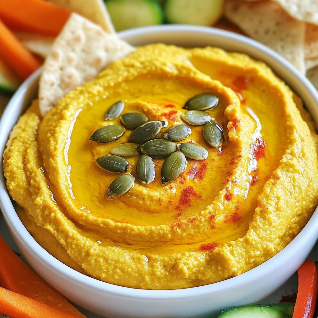 - 1 cup canned pumpkin puree - 1 (15 oz) can of chickpeas, drained and rinsed - 2 tablespoons tahini - 2 tablespoons olive oil - 2 tablespoons lemon juice - 1 clove garlic, minced - 1 teaspoon ground cumin - 1/2 teaspoon smoked paprika - Sea salt and black pepper to taste - Water, as needed - Optional garnishes: pumpkin seeds or paprika To make creamy pumpkin hummus, gather these ingredients first. The canned pumpkin puree gives the dip its rich color and flavor. Use pure pumpkin, not pie filling. Chickpeas add protein and creaminess. Tahini adds a nutty taste and smooth texture. Extra virgin olive oil enhances the richness. Fresh lemon juice adds brightness. Minced garlic brings a bold kick. Ground cumin and smoked paprika provide depth and warmth. Adjust the sea salt and black pepper to your taste. If the hummus is too thick, water helps achieve the desired consistency. You can also add optional garnishes for a lovely finishing touch. {{ingredient_image_2}} 1. Adding ingredients to the food processor Start by placing the pumpkin puree, chickpeas, tahini, olive oil, lemon juice, minced garlic, ground cumin, and smoked paprika into the food processor. Make sure all the ingredients fit comfortably. 2. Blending to a smooth consistency Secure the lid on the food processor. Blend the mixture on high until it becomes completely smooth. You may need to pause and scrape down the sides to ensure everything mixes well. 3. Adjusting thickness with water If the hummus is too thick, add water slowly. Use one tablespoon at a time. Blend again after each addition until you reach a creamy and spreadable texture. 4. Seasoning and adjusting flavors Taste your hummus and add sea salt and freshly cracked black pepper as needed. Blend again to mix in the seasonings. This step is crucial for achieving the perfect flavor. 5. Transferring to a serving bowl Once you are satisfied with the taste and texture, carefully transfer the creamy pumpkin hummus into a decorative serving bowl. Take your time to avoid spills. 6. Finishing touches and presentation Drizzle a little extra virgin olive oil over the top for added richness. If you like, sprinkle pumpkin seeds or a dash of smoked paprika for extra color and crunch. This makes the hummus look appealing and inviting. These steps will guide you in making a delicious and creamy pumpkin hummus that is perfect for any gathering. - Scraping sides during blending: This step is key. It helps mix all the ingredients evenly. If you skip this, you might get lumps. Pause the blender and use a spatula to scrape down the sides. - Adjusting consistency for preference: Hummus can be thick or smooth. If you want it creamier, add water slowly. Start with one tablespoon, then blend. Keep adding until it’s just right for you. - Flavor balancing tips: Taste as you go. You might want more salt or lemon juice. This will make the hummus pop! Remember, fresh ingredients always boost flavor. - Using fresh ingredients for best results: Fresh garlic and lemon juice make a big difference. They add brightness. Canned pumpkin is fine, but check it’s pure pumpkin, not pie filling. - Ideal dippers for pumpkin hummus: Use crispy pita chips for crunch. Fresh veggies like carrots, celery, and bell peppers add color and flavor. Warm crusty bread is also a great choice. - Creative serving ideas for gatherings: Arrange dippers around the hummus. This not only looks nice but invites people to dig in. You can also serve it in small cups for individual portions. - Pairing suggestions with drinks: This hummus pairs well with a light white wine like Sauvignon Blanc. For non-alcoholic options, try sparkling water with lemon. Pro Tips Choosing the Right Pumpkin: Opt for pure pumpkin puree instead of pumpkin pie filling to ensure your hummus isn't overly sweet. Adjusting Texture: If your hummus is too thick, gradually add water until you reach your desired creaminess; this ensures a smooth finish. Flavor Enhancements: Feel free to add a pinch of cinnamon or nutmeg for an extra layer of warmth and spice that complements the pumpkin. Serving Suggestions: Pair this hummus with a variety of dippers like sliced apples or pear for a sweet contrast to the savory flavors. {{image_4}} You can make creamy pumpkin hummus even more exciting! Here are some simple ideas: - Adding spices: Sprinkle in cinnamon or nutmeg for warmth. These spices pair well with pumpkin and add a cozy flavor. Try adding a pinch to your mix. - Incorporating additional vegetables: Want a twist? Blend in roasted red peppers or cooked carrots. These add color and depth to your hummus. - Using different bean alternatives: Not a fan of chickpeas? Use white beans or black beans instead. They offer a different taste while keeping it creamy. Making creamy pumpkin hummus work for everyone is easy! - Vegan options: This recipe is already vegan. Just ensure all your ingredients are plant-based. You can enjoy this dip with confidence. - Gluten-free variations: All ingredients in this hummus are gluten-free. Serve it with gluten-free dippers like veggie sticks or rice crackers. - Nut-free adjustments: If you have nut allergies, skip the tahini. You can replace it with sunflower seed butter for a nut-free kick. - Best container for storage: Use an airtight container. This helps keep the hummus fresh and tasty. Glass containers work well, but plastic ones are fine too. Just make sure they seal tightly. - Refrigeration shelf life: Creamy pumpkin hummus lasts about five days in the fridge. Check for any changes in smell or color before eating. If it looks or smells off, it's best to toss it. - Freezing options and tips: You can freeze this hummus for up to three months. Use a freezer-safe container but leave some space at the top. The hummus may expand when it freezes. When ready to eat, thaw it overnight in the fridge. - Best practices for keeping texture: When reheating, use a microwave or stove on low heat. Stir well to make sure it warms evenly. If it feels thick, add a splash of water and mix until smooth. - Creative ways to repurpose leftovers: Use leftover hummus as a spread in wraps or sandwiches. You can also add it to soups for creaminess or serve it as a pasta sauce. It’s a fun way to enjoy the flavors in new dishes! Creamy pumpkin hummus lasts about 4 to 5 days in the fridge. Store it in an airtight container. This keeps it fresh and tasty. Yes, you can use dried chickpeas. Soak them overnight and cook until soft. This gives you a great texture. Pumpkin hummus is healthy! It is packed with fiber and vitamins. Chickpeas add protein, while pumpkin offers antioxidants. Absolutely! Making it a day ahead enhances the flavors. Just store it in the fridge until you are ready to serve. If you don’t have tahini, try using sunflower seed butter or Greek yogurt. Both options will still give a nice creamy texture. In this post, we covered how to make creamy pumpkin hummus. We started with essential ingredients and detailed preparation steps. I shared blending tips and serving ideas to elevate your dish. Variations for flavor and dietary needs help customize your hummus. Proper storage guidelines ensure your hummus stays fresh. Pumpkin hummus is versatile and fun. Try different flavors to keep it exciting. Enjoy sharing this tasty treat with friends and family!