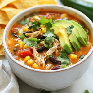 To make Chicken Enchilada Soup, gather these key ingredients: - 2 tablespoons extra-virgin olive oil - 1 medium onion, finely diced - 3 cloves garlic, minced - 1 red bell pepper, finely diced - 1 green bell pepper, finely diced - 1 teaspoon ground cumin - 1 teaspoon chili powder - 1 teaspoon smoked paprika - 1 can (14 oz) diced tomatoes with green chilies, undrained - 4 cups low-sodium chicken broth - 2 cups cooked chicken, shredded (preferably rotisserie chicken for flavor) - 1 can (15 oz) black beans, drained and rinsed thoroughly - 1 cup corn (fresh, frozen, or canned, drained) - Salt and freshly cracked pepper to taste - 1 tablespoon freshly squeezed lime juice - Fresh cilantro, chopped (for garnish) - Slices of avocado (for serving) - Tortilla chips (for serving) Want to make your soup even better? Here are a few tasty add-ins you can try: - Chopped jalapeños for heat - Cream cheese for a creamy texture - Sliced olives for a briny kick - Diced avocado for freshness - Sour cream for a rich finish The quality of your ingredients matters. Here are some tips: - Use fresh veggies for the best taste. - Opt for low-sodium broth to control salt. - Choose organic or high-quality chicken for flavor. - Select ripe avocados for perfect creaminess. - Use fresh herbs for bright flavor notes. {{ingredient_image_2}} To start, gather all your ingredients. This makes cooking smoother. You need: - 2 tablespoons extra-virgin olive oil - 1 medium onion, finely diced - 3 cloves garlic, minced - 1 red bell pepper, finely diced - 1 green bell pepper, finely diced - 1 teaspoon ground cumin - 1 teaspoon chili powder - 1 teaspoon smoked paprika - 1 can (14 oz) diced tomatoes with green chilies, undrained - 4 cups low-sodium chicken broth - 2 cups cooked chicken, shredded - 1 can (15 oz) black beans, drained and rinsed - 1 cup corn, drained - Salt and freshly cracked pepper to taste - 1 tablespoon freshly squeezed lime juice - Fresh cilantro, chopped (for garnish) - Slices of avocado (for serving) - Tortilla chips (for serving) Chop your onion and peppers finely. This helps them cook well. Mince the garlic too. 1. Heat the olive oil in a large pot over medium heat. This usually takes about 1 minute. 2. Add the diced onion. Sauté it for 3-4 minutes until it turns soft and clear. 3. Next, stir in the minced garlic and both diced bell peppers. Cook for 2 minutes until they soften. 4. Now, add ground cumin, chili powder, and smoked paprika. Stir for 1 minute to toast the spices. 5. Pour in the diced tomatoes and chicken broth. Add the shredded chicken, black beans, and corn. Mix well. 6. Bring the soup to a gentle simmer. Cover and cook for 15-20 minutes. This helps the flavors mix nicely. 7. After cooking, taste the soup. Season with salt, pepper, and lime juice. Adjust to your liking. 8. Serve the soup in bowls. Top with chopped cilantro and avocado slices. Add tortilla chips on the side for crunch. If you prefer a thicker soup, let it simmer longer. You can also mash some beans in the soup. This will add body and thickness. If it gets too thick, add a bit more chicken broth. Adjust the cooking time based on your taste. Enjoy your delicious Chicken Enchilada Soup! To make your Chicken Enchilada Soup burst with flavor, try these tips: - Use fresh ingredients. Fresh herbs like cilantro add brightness. - Squeeze lime juice at the end. This adds a fresh zing. - Experiment with spices. Add a pinch of cayenne for heat. - Consider adding a splash of hot sauce. This gives a nice kick. Texture matters in soup. Here are ways to mix it up: - Use rotisserie chicken for a richer flavor. It adds depth. - Add crispy tortilla strips. They give a crunch that contrasts the soup. - Try different beans for variety. Pinto beans can offer creaminess. - Top with avocado slices for creaminess. It balances the soup's heat. Store your soup well to keep it fresh. Here’s how: - Cool the soup before storing. This helps prevent bacteria growth. - Use airtight containers. They keep the soup from drying out. - Label the containers with dates. This helps track freshness. - For best quality, consume within three days. Reheat gently to enjoy later. Pro Tips Fresh Ingredients: Using fresh vegetables, especially the bell peppers, enhances the overall flavor and texture of the soup. Adjust Spice Levels: If you prefer a spicier soup, consider adding diced jalapeños or a dash of hot sauce to boost the heat. Garnish Wisely: Fresh cilantro and avocado not only provide great flavor but also add a beautiful color contrast to the dish. Make It Ahead: This soup can be made in advance and actually tastes better the next day as the flavors continue to meld. {{image_4}} You can easily make this soup vegetarian. Swap the chicken for more black beans or add lentils. Use vegetable broth instead of chicken broth for a rich flavor. Add extra veggies like zucchini or mushrooms for texture. You can also toss in some spinach or kale to boost nutrients. Want some heat? Add diced jalapeños when you cook the onions. You can also sprinkle in some cayenne pepper or use a spicy enchilada sauce. Hot sauce is another great way to kick up the spice level, so feel free to adjust to your taste. If you're gluten-free, check your tortilla chips to ensure they fit your diet. Use corn tortillas instead of flour ones for serving. For dairy-free options, skip the cheese or use a dairy-free sour cream. If you're watching sodium, use low-sodium beans and broth to keep it healthy. To store leftover chicken enchilada soup, let it cool first. Then, pour it into an airtight container. Make sure to seal it tightly. This helps keep the soup fresh. You can store it in the fridge for 3 to 4 days. If you want to enjoy it later, freezing is a great option. For freezing, use freezer-safe containers. Leave some space at the top for expansion. The soup can be frozen for up to 3 months. When you are ready to eat it, just take it out of the freezer. Let it thaw in the fridge overnight before reheating. To reheat the soup, you can use the stove or microwave. For the stove, pour the soup into a pot. Heat it over medium heat, stirring often. This helps the soup heat evenly. If using a microwave, place the soup in a microwave-safe bowl. Heat it for 1 to 2 minutes, stirring halfway through. Make sure it is hot all the way through before serving. Yes, you can use different beans. You can try pinto beans or kidney beans. Each type gives a unique taste. Mixing beans adds texture and flavor. Just make sure to drain and rinse them well before adding to your soup. You can store Chicken Enchilada Soup for about 3 to 4 days. Keep it in an airtight container in the fridge. If you want to store it longer, freeze it. It will last for up to 3 months in the freezer. This soup pairs well with tortilla chips for crunch. You can also serve it with a side of rice or a fresh salad. Slices of avocado on top add creaminess. A sprinkle of cheese or a dollop of sour cream can bring richness to each bowl. In this blog post, we explored the key ingredients for Chicken Enchilada Soup. We discussed optional add-ins and the importance of using quality ingredients. I provided step-by-step instructions for cooking, including tips on adjusting time for thickness. We shared helpful tricks to enhance flavors and store leftovers efficiently. Variations like vegetarian options and ingredient swaps cater to different diets. Finally, I answered common questions about beans, storage time, and pairings. Enjoy experimenting with this recipe and make it your own!