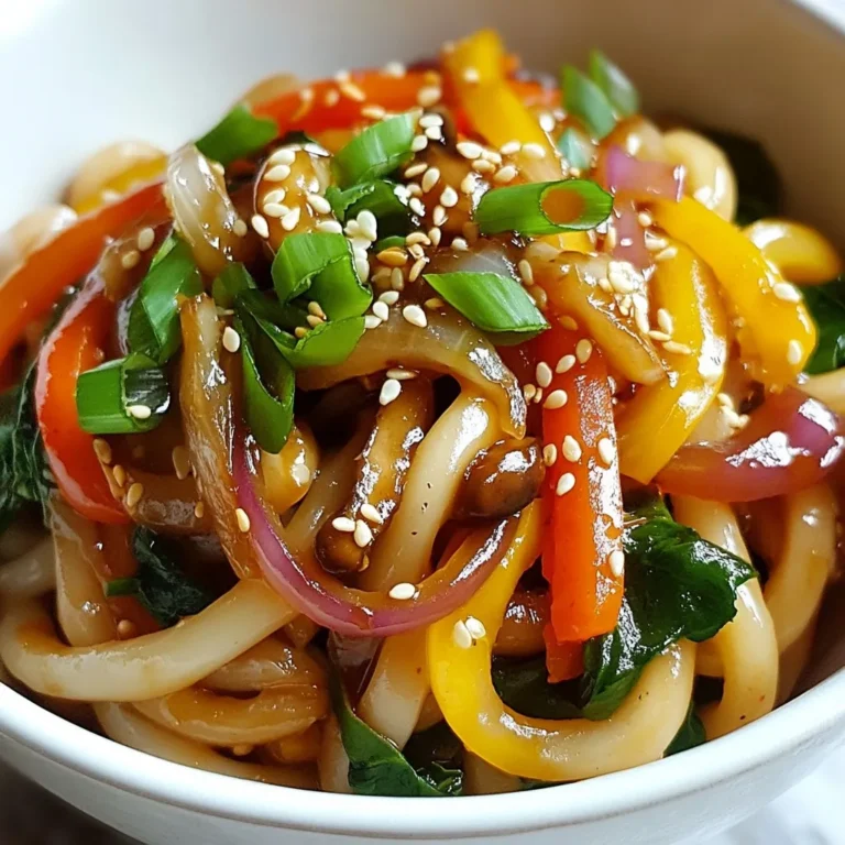 For the yaki udon, you need: - 300g udon noodles - 1 tablespoon sesame oil - 1 tablespoon vegetable oil - 1 medium onion, thinly sliced - 1 large carrot, julienned - 1 bell pepper, thinly sliced - 200g shiitake mushrooms, thinly sliced - 2 garlic cloves, minced - 1 cup fresh baby spinach - 2 tablespoons soy sauce - 1 tablespoon teriyaki sauce - 1 teaspoon freshly grated ginger - Salt and freshly ground black pepper, to taste - Chopped scallions and toasted sesame seeds for garnish The recipe uses two types of oil: - Sesame oil adds a nutty flavor. - Vegetable oil helps with cooking and browning. These oils work together to create a rich taste and a great texture in your dish. You can mix and match veggies to suit your taste. Here are some options: - Onion for sweetness. - Carrot for color and crunch. - Bell pepper for a fresh bite. - Shiitake mushrooms for umami flavor. - Fresh baby spinach adds nutrients and color. For protein, you can use tofu, chicken, or shrimp. Just cook them before adding to the mix. {{ingredient_image_2}} To start, you will cook the udon noodles. Use 300g of udon noodles for this recipe. Boil water in a pot. Add the noodles and follow the package instructions. This usually takes about 8-10 minutes. Once cooked, drain the noodles and set them aside. They should be tender but not mushy. This step is key. It allows the noodles to soak up all the flavors later. Next, you will sauté the vegetables. In a large wok or deep pan, heat 1 tablespoon of sesame oil and 1 tablespoon of vegetable oil over medium-high heat. Wait until the oil shimmers. Then, add 1 medium onion, thinly sliced. Stir and sauté for 2-3 minutes until the onion becomes soft and translucent. This brings out its sweet flavor. Now, add 1 large carrot, julienned, and 1 bell pepper, thinly sliced. Cook these for 3-4 minutes. You want them to soften but still have a slight crunch. This keeps your dish vibrant and interesting. After that, toss in 200g of thinly sliced shiitake mushrooms and 2 minced garlic cloves. Stir-fry them for about 2 more minutes. The mushrooms should be tender and fragrant. Now it’s time to bring everything together. Add the cooked udon noodles to your pan with the vegetables. Pour in 2 tablespoons of soy sauce, 1 tablespoon of teriyaki sauce, and 1 teaspoon of freshly grated ginger over the top. Toss everything together well. Make sure the noodles and veggies mix evenly. The noodles should become glossy from the sauce. To finish, fold in 1 cup of fresh baby spinach. Stir just until it wilts. This adds color and nutrients. Season with salt and freshly ground black pepper to your taste. Remove from heat and serve hot. For a nice touch, garnish with chopped scallions and toasted sesame seeds. Enjoy your vibrant yaki udon! To make yaki udon shine, focus on texture. First, cook the udon noodles until just tender. If overcooked, they become mushy. You want them soft but firm, so they hold their shape. Next, choose fresh vegetables for crunch. Thinly slice your onion, bell pepper, and carrots. This lets them cook evenly. Shiitake mushrooms add a nice umami flavor and a chewy texture. Finally, add the soy sauce and teriyaki sauce toward the end. This preserves their bold taste and enhances the dish's flavor. Managing heat is key to a great stir-fry. Start with medium-high heat to get your oils hot. This helps sear the veggies and brings out their sweetness. When adding the garlic, lower the heat slightly. Garlic burns quickly and can taste bitter. Keep stirring as you cook to prevent anything from sticking. After adding the noodles, increase the heat again. This helps the noodles absorb the flavor from the sauces. A hot pan gives a nice, glossy finish to your yaki udon. Presentation matters, even for simple dishes. Serve yaki udon in shallow bowls for a lovely look. Arrange the vegetables on top of the noodles. This makes your dish colorful and appealing. Sprinkle chopped scallions and toasted sesame seeds on top. These add a bright flavor and a nice crunch. You can also add a wedge of lime for a zesty kick. This dish pairs well with a light salad or some steamed dumplings. Enjoy your meal and impress your friends! Pro Tips Perfect Noodle Texture: Ensure the udon noodles are cooked al dente according to package instructions. This prevents them from becoming mushy when stir-frying. Vegetable Searing: Sear the vegetables over high heat to enhance their flavors. This creates a beautiful char and retains their crunchiness. Flavor Boost: For an extra umami kick, consider adding a splash of oyster sauce or a sprinkle of shiitake mushroom powder when tossing the noodles. Garnish Wisely: Use fresh herbs like cilantro or basil alongside scallions for a vibrant finish that adds freshness and complexity to each bite. {{image_4}} You can change the protein in yaki udon to suit your taste. Some great options include: - Chicken: Thinly slice cooked chicken for added flavor. - Shrimp: Toss in shrimp for a seafood twist. - Tofu: Use firm tofu for a vegetarian option. - Beef: Sauté thin slices of beef for a rich taste. Each protein adds its own unique flavor. Feel free to mix and match! Yaki udon is flexible with vegetables. You can add or swap any of these: - Broccoli: Add small florets for crunch. - Snap peas: Toss in snap peas for a sweet bite. - Zucchini: Use thin slices or ribbons for a light touch. - Cabbage: Shred cabbage for added texture. Adding more veggies boosts the nutrition and flavor. You can customize it based on what you like. If you want to switch up the taste, try these sauce options: - Hoisin sauce: A sweet and savory twist. - Chili paste: For a spicy kick, mix in some chili paste. - Miso paste: Adds umami and depth. - Oyster sauce: Brings a rich flavor to the dish. Experimenting with sauces can change the whole vibe. It’s fun to find your favorite! To keep your yaki udon fresh, cool it down quickly. Place it in a shallow dish. Cover the dish tightly with plastic wrap or a lid. Store it in the fridge for up to three days. This helps to keep the noodles and veggies safe. Check for any signs of spoilage before eating. If it smells off or looks strange, it’s best to throw it away. If you want to save yaki udon for later, freezing is a great option. Allow the dish to cool completely before freezing. Portion it into airtight containers or freezer bags. Make sure to remove as much air as possible. Yaki udon can last in the freezer for up to three months. When you're ready to eat, just thaw it overnight in the fridge. Reheating yaki udon is simple. For the best results, use a pan. Heat it on medium-low and add a splash of water or broth. This keeps it moist and prevents sticking. Stir often until it’s hot throughout. You can also use the microwave. Place it in a safe dish, cover it, and heat in short bursts. Stir between bursts to ensure even heating. Enjoy your delicious yaki udon just like it was fresh! To make yaki udon vegetarian, simply skip any meat. You can use the same vegetables. For protein, add tofu or tempeh. Both options soak up flavor well. Choose your favorite veggies like bell peppers, carrots, and spinach. Season with soy sauce and teriyaki sauce for taste. This way, you still enjoy a satisfying meal without meat. Yes, you can use other types of noodles. Soba noodles or rice noodles are great choices. Just make sure to adjust cooking times. Soba noodles cook faster than udon. Rice noodles need soaking, so check the package instructions. The key is to keep some chewiness. This keeps the dish enjoyable and delicious. If you don’t have teriyaki sauce, use soy sauce mixed with honey. Mix one part soy sauce to one part honey or maple syrup. This gives a sweet and savory taste. Another option is hoisin sauce, which adds a rich flavor. Adjust the amount to fit your taste. These substitutes will keep your yaki udon tasty and flavorful. In this post, we covered making yaki udon step by step. We explored the key ingredients, like noodles, vegetables, and protein. You also learned how to cook and combine everything for the best taste. I shared tips to improve texture and heat control. Variations let you mix and match ingredients easily. Finally, storage tips help keep your meal fresh. Enjoy cooking and customizing your yaki udon for every meal! Your creativity makes this dish truly yours.