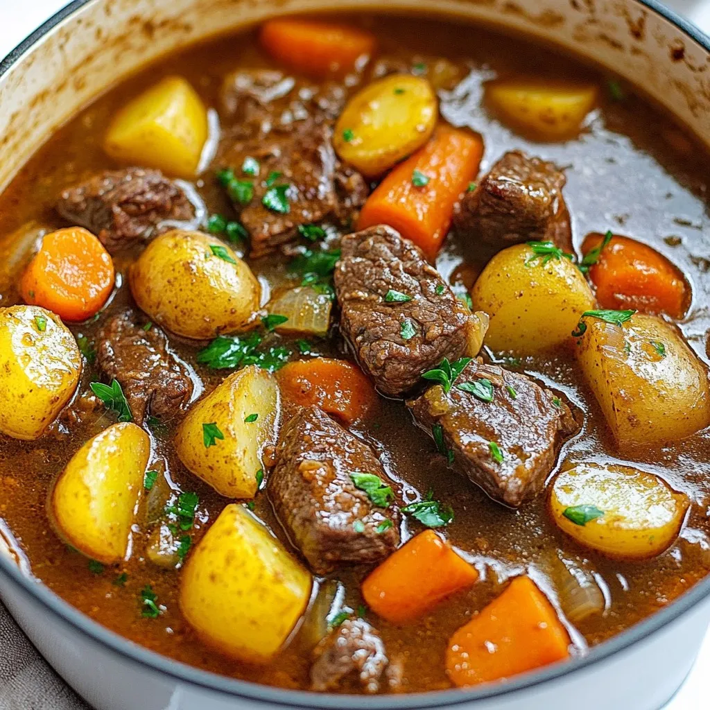 - 2 lbs beef chuck, cut into 1-inch cubes - 3 tablespoons olive oil - 1 large onion, chopped - 4 cloves garlic, minced - 4 medium carrots, sliced - 3 medium potatoes, diced - 2 cups beef broth - 1 cup diced tomatoes (canned or fresh) - 2 teaspoons dried thyme - 1 teaspoon smoked paprika - 2 bay leaves - Salt and pepper to taste - Fresh parsley, chopped, for garnish Gather these ingredients to start your cooking adventure. Beef chuck gives the stew a rich flavor. Olive oil is great for browning the beef and sautéing the vegetables. Onions and garlic add a nice base, while carrots and potatoes bring sweetness and texture. Beef broth and diced tomatoes create a savory sauce. For seasonings, dried thyme and smoked paprika add depth. Bay leaves bring aromatic notes. Adjust salt and pepper to your taste. Fresh parsley is the perfect touch for garnish. This mix will create a hearty, comforting dish that captures Bourdain's love for bold flavors. {{ingredient_image_2}} Start by heating three tablespoons of olive oil in a heavy pot over medium-high heat. The oil should shimmer but not smoke. While it heats, season two pounds of beef chuck with salt and pepper. Once the oil is hot, add the beef cubes in batches. This helps avoid overcrowding. Cook the beef until it's brown on all sides. This step creates a nice crust, adding flavor to your stew. When browned, remove the beef and set it aside on a plate to keep the juices in. Next, lower the heat to medium. In the same pot, add one chopped onion and four minced garlic cloves. Sauté these for about three to four minutes. You want the onion to turn translucent and smell fragrant. Then, add four sliced carrots and three diced potatoes. Stir these vegetables for another three to four minutes. This helps soften them and brings out their natural flavors. Now, return the browned beef to the pot. Pour in two cups of beef broth and one cup of diced tomatoes. Add two teaspoons of dried thyme, one teaspoon of smoked paprika, and two bay leaves. Stir well to mix everything. Increase the heat until it gently boils. Then, lower the heat to let it simmer. Cover the pot and let it cook for one and a half to two hours. Stir occasionally. If it sticks, add more broth to keep it moist. When the beef is tender, taste the stew and adjust the salt and pepper as needed. Remove the bay leaves before serving. Ladle the stew into bowls and sprinkle with fresh parsley for a bright finish. To make a great beef stew, adjusting seasonings is key. Start with salt and pepper to bring out the beef's natural flavors. You can also add more thyme or smoked paprika for depth. Taste the stew while it cooks. If it needs more flavor, add a pinch of salt or a dash of paprika. Simmering time is very important. Letting the stew cook slowly helps the flavors blend. Aim for a gentle simmer of 1.5 to 2 hours. This time allows the beef to become tender and the veggies to soften. Stir it occasionally to avoid sticking. If it gets too thick, add more broth. Bourdain loved to mix flavors from around the world. Consider adding soy sauce for a touch of umami. You can even toss in some fresh herbs like cilantro or basil for brightness. These small tweaks can make a big difference. Unique ingredients can elevate your stew. Try using red wine instead of beef broth for richness. You can also add a splash of balsamic vinegar for a hint of sweetness. These additions create layers of taste that make the dish special. Experiment with what you have on hand to make it your own! Pro Tips Brown the Beef Properly: Ensure the beef cubes are well-browned to develop a rich flavor base. Avoid overcrowding the pot; brown in batches if necessary. Use Fresh Herbs: While dried thyme works well, consider using fresh thyme for a more vibrant flavor. Add it towards the end of cooking for a fresher taste. Adjust Consistency: If the stew is too thick, add more beef broth or water gradually. If it’s too thin, let it simmer uncovered for a little longer to thicken. Rest Before Serving: Allow the stew to rest for about 10-15 minutes after cooking. This helps the flavors meld together for a more delicious dish. {{image_4}} You can make this beef stew even more exciting by adding different flavors. Think about Asian or Mediterranean twists. For an Asian flair, add soy sauce, ginger, or star anise. These ingredients will change the taste and give it a unique touch. For a Mediterranean vibe, try adding olives, capers, or artichokes. These ingredients will bring a bright flavor to your stew. You can also swap beef for lamb if you want that Mediterranean taste. If you need a gluten-free option, just check your broth and any sauces. Many brands offer gluten-free choices. You can also use cornstarch to thicken the stew instead of flour. Are you looking for a vegetarian version? Use mushrooms in place of beef. They add rich flavor and texture. Replace the beef broth with vegetable broth. You can also add more veggies like bell peppers or zucchini. This way, everyone can enjoy a hearty stew! To keep your beef stew fresh, store it in the fridge. Use an airtight container. This will help keep the flavors locked in. Your stew should last about 3 to 4 days in the fridge. If you want to save it longer, freezing is a great option. For freezing, let the stew cool completely. Then, place it in freezer bags. Make sure to remove as much air as possible. This prevents freezer burn. Your stew can last up to 3 months in the freezer. When you’re ready to eat it, just thaw in the fridge overnight. To reheat your stew, the stovetop is best. Pour stew into a pot over low heat. Stir often to ensure even heating. You can also use a microwave. If you do, place it in a microwave-safe bowl. Cover it loosely to avoid spills. Heat in short bursts, stirring in between. Common mistakes include overheating or not stirring enough. This can cause the stew to dry out. Always check the temperature before serving. It should be steaming hot. Enjoy your flavorful beef stew just like the first time! Anthony Bourdain's cooking style is simple yet bold. He loved to explore flavors from different cultures. His dishes often reflect a respect for fresh ingredients. Bourdain believed in honest cooking that tells a story. He favored comfort food and traditional recipes, often with a twist. His work highlighted the joy of sharing meals with others. In his view, cooking should be fun and adventurous. Yes, you can make this beef stew in a slow cooker! Start by browning the beef in a pan first. This step adds great flavor to the stew. After browning, transfer the beef to the slow cooker. Add all the other ingredients, including broth and veggies. Set the slow cooker to low for about 6-8 hours. If you’re short on time, set it to high for 3-4 hours. Stir occasionally and enjoy the rich aroma as it cooks. Beef stew goes well with many side dishes. Here are some great options to try: - Crusty artisan bread for dipping - Garlic bread for a tasty twist - A simple green salad to balance flavors - Mashed potatoes for a cozy touch - Roasted vegetables to add color and taste Each side complements the stew's rich flavors beautifully. This blog post guides you through making a delicious beef stew. You learned about key ingredients, cooking steps, tips for flavor, and variations to fit your taste. Remember, the right simmer and seasoning make a big difference. Use fresh, quality ingredients for the best results. Whether you prefer traditional or creative twists, this dish can suit any meal. Enjoy the warm flavors and comfort of your homemade beef stew!