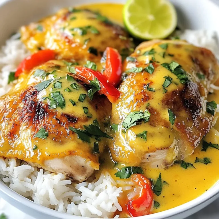 - 4 boneless chicken thighs - 1 can of coconut milk (400ml) - 1 tablespoon olive oil - 1 medium onion, finely chopped - 3 cloves garlic, minced - 1 red bell pepper, diced - 2 teaspoons ground cumin - 1 teaspoon paprika - 1 teaspoon turmeric powder - Salt and pepper to taste - 1 lime, juiced - Fresh cilantro for garnish The main ingredients are simple yet powerful. The chicken thighs are juicy and tender. Coconut milk adds a creamy richness. Olive oil helps sauté the aromatics. For the aromatics, onion and garlic are essential. They build a strong flavor base. The red bell pepper adds a pop of color and sweetness. Spices like cumin, paprika, and turmeric give depth. You can adjust the salt and pepper to fit your taste. Fresh lime juice brightens the dish and adds zest. Finally, the garnish of fresh cilantro adds freshness. It makes your dish look beautiful. When you gather these ingredients, you set yourself up for a delicious meal. {{ingredient_image_2}} Heat 1 tablespoon of olive oil in a large skillet over medium heat. Add 1 medium onion, finely chopped, and sauté until soft. This takes about 5 minutes. Next, mix in 3 cloves of minced garlic and 1 diced red bell pepper. Cook for another 2-3 minutes until the garlic smells great and the pepper softens. Now it's time to add the star of the show! Place 4 boneless chicken thighs in the skillet. Season them well with 2 teaspoons of ground cumin, 1 teaspoon of paprika, 1 teaspoon of turmeric powder, salt, and pepper. Sear the chicken for about 6-7 minutes on each side until it looks golden brown. Once the chicken is nicely browned, pour in 1 can (400ml) of coconut milk. Gently stir to mix everything and raise the heat slightly to bring it to a simmer. Reduce the heat and cover the skillet with a lid. Let the chicken braise for 20-25 minutes. This makes the chicken tender and juicy. After it cooks, stir in the juice of 1 lime and taste the sauce. Adjust the seasoning with more salt and pepper if needed. Now, your Brazilian Coconut Chicken is ready to shine! To make your Brazilian coconut chicken shine, adjust the seasonings. If you love spice, add more cumin or paprika. For a richer taste, consider extra salt. Searing the chicken is key. It creates a golden crust, adding depth and texture. Aim for about 6-7 minutes on each side. This will lock in the juices and boost flavors. You can cook this dish on the stovetop or in the oven. The stovetop gives you more control. It allows for quick adjustments if needed. If you prefer the oven, cook at 350°F (175°C) for about 30-35 minutes. A slow cooker is also a great option. Just set it on low for 4-6 hours. This method will make the chicken very tender. Serving your coconut chicken over fluffy jasmine rice looks stunning. The white rice contrasts beautifully with the golden chicken. Drizzle extra coconut sauce over the top for added flavor. For a pop of color, add a lime wedge on the side. Fresh cilantro sprinkled on top brings freshness and visual appeal. Pro Tips Marinate for Extra Flavor: For a deeper flavor, marinate the chicken thighs in the coconut milk and spices for at least an hour, or overnight if possible. Adjust the Spice Level: If you prefer a spicier dish, add chopped fresh chili or a pinch of cayenne pepper to the coconut sauce. Use Fresh Herbs: Enhance the freshness of the dish by adding chopped fresh herbs, such as basil or mint, along with the cilantro garnish. Serve with Sides: Complement the dish with side options like black beans or a fresh salad to balance the richness of the coconut chicken. {{image_4}} You can use chicken breast instead of thighs. Chicken breast is leaner, so it cooks faster. It will still soak up the flavors of the coconut milk, but it might be less juicy. If you want a lighter dish, this is a good choice. For coconut milk alternatives, you can try almond milk or oat milk. These options will change the flavor. Coconut milk gives a rich and sweet taste. Almond and oat milk are less creamy but still tasty. To add more depth, try using spices like ginger or chili. Ginger gives a warm, spicy taste. Chili can add heat and make the dish exciting. You can adjust these spices based on your taste. You can also add vegetables for extra color and nutrition. Bell peppers, carrots, or snap peas work well. They add crunch and freshness to the dish. You can customize it to fit your preferences. To make this dish gluten-free, check your seasonings. Ground spices are usually safe, but some blends may contain gluten. Always read labels carefully. If you want a dairy-free option, this recipe already fits the bill! Coconut milk is a great dairy substitute. It gives a creamy texture without using any dairy. Feel free to enjoy without worries! To store leftovers, let the chicken cool down first. Place it in a container with a tight lid. This keeps it fresh and prevents odors. I recommend using glass or BPA-free plastic containers. They are safe and easy to clean. If you want to freeze the dish, make sure it is cool. Transfer the chicken and sauce to a freezer-safe container. Leave some space at the top for expansion. When you are ready to eat, thaw the chicken in the fridge overnight. To reheat, warm it on the stovetop or in the microwave until hot throughout. In the fridge, this dish lasts about 3 to 4 days. If you freeze it, it can last up to 3 months. Always check for signs of spoilage before eating. If it looks or smells off, it's best to throw it away. To add heat to Brazilian Coconut Chicken, try adding more chili peppers. You can use fresh chilies or chili flakes. Another option is to mix in some hot sauce. Start with a small amount and taste as you go. This way, you control the spice level. Each addition will enhance the dish without overpowering it. You can also try spicy seasonings like cayenne pepper or crushed red pepper. These spices will give your meal a nice kick. Yes, you can use light coconut milk. However, it may change the flavor and texture. Light coconut milk has less fat, which means it will be less creamy. This can make the sauce thinner and less rich. If you want to keep the flavor strong, consider adding more spices or herbs. You could also use a bit of regular coconut milk to boost the taste. Brazilian Coconut Chicken pairs well with many side dishes. Here are some great options: - Fluffy jasmine rice - Quinoa for a healthy twist - Steamed vegetables for added color - A light salad with fresh greens - Black beans for a hearty side These sides will complement the flavors of the chicken and create a balanced meal. Plus, they add texture and nutrition to your plate. This blog post shared a simple and tasty recipe for Brazilian Coconut Chicken. You learned about key ingredients, step-by-step instructions, and helpful tips. We explored variations and how to store leftovers. Enjoy making this dish for family or friends. With easy adjustments, you can customize it to fit your taste. Dive into this meal, and savor each bite!