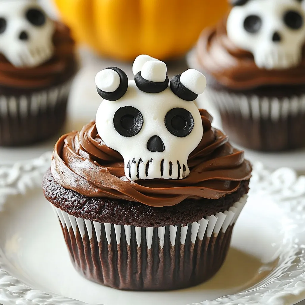 To make these spooky skeleton cupcakes, gather the following items: - 1 box chocolate cake mix - 3 large eggs - 1 cup water - 1/3 cup vegetable oil - 1 cup chocolate frosting - 1 cup white frosting - 12 mini marshmallows - 12 black olives, sliced - 1/4 cup candy eyeballs (or chocolate chips) - Edible black marker (optional) You can add your own flair with these extra ingredients: - Edible glitter for a spooky sparkle - Halloween-themed sprinkles - Gummy worms or spiders for added creepiness If you have allergies, use these substitutes: - Gluten-free cake mix for those with gluten issues - Egg replacer for a vegan option - Dairy-free frosting to keep it vegan-friendly These ingredients let you create fun and spooky treats while meeting everyone’s needs! {{ingredient_image_2}} Start by preheating your oven to 350°F (175°C). This temperature helps the cupcakes rise well. Next, line a cupcake pan with cupcake liners. This step keeps the cupcakes from sticking and makes cleanup easy. In a large bowl, combine the chocolate cake mix, three large eggs, one cup of water, and one-third cup of vegetable oil. Whisk until the batter is smooth. Make sure there are no lumps. This batter will give your cupcakes a rich chocolate flavor. Pour the batter into the cupcake liners, filling each about two-thirds full. Place the pan in the oven and bake for 18-20 minutes. To check if they are done, insert a toothpick into the center. If it comes out clean, they are ready. After baking, transfer the cupcakes to a wire rack to cool completely. Once the cupcakes cool, it’s time to frost! Use chocolate frosting for a dark base. Apply a generous layer on top of each cupcake. This layer should be smooth and even, setting the stage for your skeleton design. Using white frosting, pipe a skeleton face on the chocolate layer. Make a large circle for the head and smaller ones for the jaw and eyes. For the eyes, place a mini marshmallow in each socket, topping it with a slice of black olive for a spooky touch. Create the mouth using black icing or an edible black marker. You can draw a creepy grin or jagged teeth. For fun, add candy eyeballs or a sprinkle of edible glitter for extra flair! To get moist and fluffy cupcakes, mix the batter well. Use a whisk to blend the ingredients until there are no lumps. Make sure to fill the cupcake liners only two-thirds full. This allows room for rising. Also, let the cupcakes cool completely before frosting. This step helps the frosting stay smooth. Homemade frosting gives you more control over flavor and texture. You can adjust the sweetness or add flavors. However, store-bought frosting saves time. It is a great choice for busy days. If you want to try homemade, whip butter with powdered sugar and a splash of vanilla. This creates a creamy and delicious frosting. To make cleanup simple, use a disposable piping bag for frosting. This way, you won’t need to wash any tools. Place a damp cloth under your mixing bowl to catch spills. Cover your workspace with parchment paper for easy disposal. Once done, just toss everything in the trash. For a fun display, use a Halloween-themed platter. Arrange the cupcakes with fake spiders or cobwebs. You can also place them on a tray with little plastic skeletons. This adds to the spooky vibe. Consider using colored cupcake liners to match your theme. A little creativity makes your treats stand out at any party! Pro Tips Use Room Temperature Ingredients: Allow your eggs and water to reach room temperature before mixing. This helps create a smoother batter and results in fluffier cupcakes. Check for Doneness: Instead of relying solely on time, check for doneness by inserting a toothpick into the center of a cupcake. It should come out clean for perfectly baked cupcakes. Experiment with Flavors: Feel free to add in chocolate chips, nuts, or even a hint of peppermint extract to the chocolate batter for a unique twist on your cupcakes! Make Ahead: You can bake the cupcakes a day in advance. Store them in an airtight container at room temperature, then frost them just before serving to keep the frosting fresh. {{image_4}} You can change the flavor of the cupcakes easily. Instead of chocolate cake mix, try vanilla or red velvet. Both flavors give a fun twist for Halloween. You can also mix in spices like cinnamon or nutmeg for a warm taste. If you want a fruity touch, consider adding some pureed pumpkin or mashed bananas. Skeleton cupcakes can have many designs. Instead of a classic skull, try a ghost or monster face. Use colored frosting to create different themes. You can make a zombie cupcake with green frosting and gummy worms. For a cute look, add candy corn or colorful sprinkles. Get creative with the eyes using jelly beans or different candies. If you need vegan cupcakes, substitute eggs with applesauce or flaxseed meal. Use almond milk instead of regular milk. For gluten-free cupcakes, choose a gluten-free cake mix. Always check the labels to avoid any allergens. You can still decorate them with fun designs. These modifications keep your treats tasty and spooky for everyone. To keep your Skeleton Halloween cupcakes fresh, store them in an airtight container. This helps keep them moist and tasty. If you want to stack them, place parchment paper between layers. Avoid storing in the fridge unless you have cream cheese frosting. The cold can dry them out. If you have lots of cupcakes left, you can freeze them. First, let them cool completely. Then, place them in a single layer on a baking sheet. Freeze for about two hours. Once frozen, wrap each cupcake in plastic wrap. Put them in a freezer-safe bag or container. They can last up to three months. When stored correctly at room temperature, these cupcakes can last for up to four days. If frozen, they will stay good for about three months. Just remember to let them thaw in the fridge overnight before decorating or eating. Enjoy your spooky treats anytime! Yes, you can use different fillings. Try adding raspberry jam or peanut butter. These options can add fun flavors inside the chocolate cupcakes. You can also use cream cheese for a rich, tangy twist. I recommend chocolate and white frosting for these cupcakes. The chocolate adds depth, while the white gives a nice contrast. You can also use colorful frosting for extra fun. Consider orange or green for a Halloween vibe! To make your cupcakes spookier, add more details. Use the edible black marker for creepy designs. Try adding candy spiders or gummy worms on top. You can also sprinkle edible glitter for a ghostly sparkle. Yes, you can make these cupcakes a day ahead. Just store them in an airtight container. Frost them the day of your event for best results. This way, they stay fresh and look great! You can explore many fun Halloween themes. Try monster cupcakes with colorful frosting and candy eyes. Ghost cupcakes with white frosting and chocolate chips also work well. Use your imagination for endless spooky designs! Baking fun skeleton cupcakes can be easy and enjoyable. We covered all you need, from ingredients to storage. Use our tips for perfect texture and fun designs. Don't hesitate to get creative—try new flavors and decorations for your next Halloween party. Remember, these cupcakes are easy to store and can last for days. Enjoy making, sharing, and tasting your spooky creations!