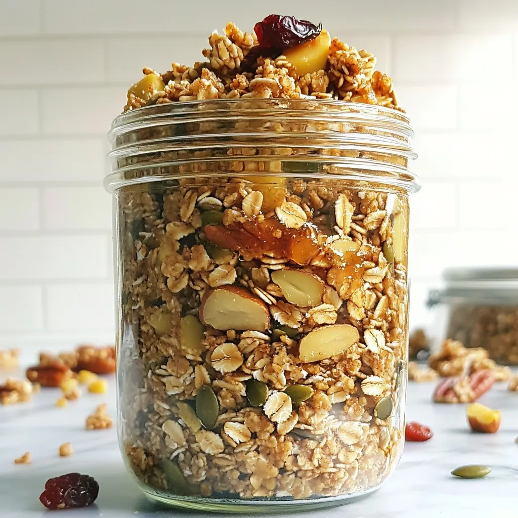 To make gingerbread granola, gather these simple ingredients. They offer great flavor and nutrition. - 2 cups rolled oats - 1 cup assorted nuts (pecans, walnuts, almonds) - 1/2 cup pumpkin seeds - 1/4 cup flaxseeds - 1/2 cup honey or maple syrup - 1/4 cup coconut oil - 1 teaspoon pure vanilla extract - 2 teaspoons ground ginger - 1 teaspoon ground cinnamon - 1/2 teaspoon ground nutmeg - 1/4 teaspoon ground cloves - 1/2 cup dried cranberries or raisins (optional) - Pinch of salt These pantry staples come together to create a warm, spiced flavor. The oats serve as a hearty base. Nuts add crunch and healthy fats. Pumpkin seeds offer extra protein. Flaxseeds boost the fiber content. Honey or maple syrup sweetens without overpowering. Coconut oil helps bind the mix and adds richness. Spices like ginger, cinnamon, nutmeg, and cloves give this granola its signature gingerbread flavor. They add warmth and comfort, making it perfect for chilly days. If you want a sweeter touch, consider adding dried cranberries or raisins. They give bursts of sweetness and chewy texture. This balanced mix provides a nutritious snack that feels indulgent. Get ready to enjoy a delightful treat! {{ingredient_image_2}} - Preheat your oven to 350°F (175°C). Line a large baking sheet with parchment paper. - In a big bowl, mix together the rolled oats, chopped nuts, pumpkin seeds, flaxseeds, ground ginger, ground cinnamon, ground nutmeg, ground cloves, and a pinch of salt. Stir well to blend all the dry ingredients. - In another bowl, melt the coconut oil if it’s not already melted. Whisk it with honey or maple syrup and the vanilla extract until smooth. - Pour the wet mixture over the dry ingredients. Use a sturdy spatula to combine everything until well-coated. - Spread the granola mixture evenly on the lined baking sheet. - Bake it for 20-25 minutes, stirring halfway through. This helps it cook evenly and get a nice golden color. Watch it carefully to prevent burning. - Once it turns golden and smells great, take it out and let it cool completely on the baking sheet. It will become crisp as it cools. - If you want, add dried cranberries or raisins to the cooled granola. Mix gently to combine. - Store your gingerbread granola in an airtight container. It stays fresh for up to two weeks. Stirring your granola halfway through baking is key. This step helps it cook evenly. It also ensures all the oats and nuts get that golden color. Without stirring, some parts may burn while others stay soft. I recommend using a spatula to gently mix the granola. Choosing the right nuts and seeds makes a big difference. I love using pecans for their rich flavor. Walnuts add a nice crunch, while almonds bring a mild taste. You can also try pumpkin seeds for extra nutrition. Mix and match to find your favorite blend. Pairing your gingerbread granola with yogurt or milk creates a great snack. It adds creaminess and balances the spices. I like using Greek yogurt for extra protein. It makes a filling breakfast that keeps you energized. For a decorative presentation, use a clear glass jar or bowl. Show off those beautiful layers of oats and nuts. You can also sprinkle a bit of cinnamon on top. Adding a few dried cranberries or raisins enhances the look and flavor. Pro Tips Use Fresh Spices: Ensure your ground spices are fresh for the best flavor. Old spices can lose their potency and affect the taste of your granola. Experiment with Nuts: Feel free to mix and match different nuts based on your preference. Each type brings a unique flavor and texture to the granola. Adjust Sweetness: Customize the sweetness by varying the amount of honey or maple syrup according to your taste. You can also add more dried fruits for extra sweetness. Store Properly: Keep your granola in an airtight container to maintain its crispness. You can also refrigerate it to extend its shelf life beyond two weeks. {{image_4}} You can easily play with the flavors in your gingerbread granola. Adding chocolate chips gives a sweet kick. It makes your granola feel like dessert! Just stir in some chips after baking. Another fun option is to add different spices. You might try allspice or cardamom. These spices bring a new warmth to the mix. Each twist makes your granola unique and tasty! If you want a vegan version, use maple syrup instead of honey. This simple swap keeps your granola plant-based and still delicious. For those with nut allergies, don’t worry! You can use seeds instead of nuts. Try sunflower seeds or pumpkin seeds. They add a nice crunch and a boost of nutrition. These options make gingerbread granola friendly for everyone! To keep your gingerbread granola fresh, use airtight containers. These containers keep air out and prevent sogginess. Glass jars or plastic bins work well. Store the granola in a cool, dry place. Avoid storing it near heat sources like stoves or ovens. You can keep gingerbread granola for up to two weeks at room temperature. After that, it may lose its crunch and flavor. Look for signs of spoilage, like a stale smell or soft texture. If it feels sticky or clumps together, it’s time to toss it. Always trust your senses! How to make gingerbread granola gluten-free? To make gingerbread granola gluten-free, use gluten-free rolled oats. Check the packaging to ensure they are certified gluten-free. This will keep your granola safe for those with gluten issues. Can I substitute honey with agave syrup? Yes, you can substitute honey with agave syrup. This swap works well for a vegan option. Just remember that agave is sweeter than honey. You may need less, so adjust to taste. Is gingerbread granola healthy? Gingerbread granola can be healthy. It has oats, nuts, and seeds, which provide fiber and protein. Use less sweetener to keep it low in sugar. Adding dried fruit adds vitamins, but watch the amount to keep it balanced. How can I make granola clusters? To make granola clusters, use more sweetener. This helps the ingredients stick together. Press the mixture firmly onto the baking sheet before baking. Do not stir too much while baking, as this keeps the clusters intact. Where can I buy gingerbread granola pre-made? You can find gingerbread granola in health food stores or online. Look for brands that use natural ingredients. Reading labels helps ensure you choose a healthy option. This blog post covered everything you need to make delicious gingerbread granola. We explored simple ingredients, step-by-step instructions, and helpful tips. You learned about flavor variations, storage best practices, and answered common questions. Incorporating your own twists can make this granola truly special. Enjoy it with yogurt or just as a snack. Whether you stick to the basics or try something new, this recipe will brighten your day. Happy baking!