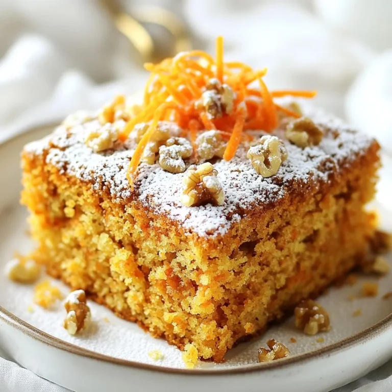 To make this tasty cake, gather these key ingredients: - 2 cups rolled oats - 1 teaspoon baking powder - 1 teaspoon baking soda - 1 teaspoon ground cinnamon - 1/2 teaspoon ground nutmeg - 1/4 teaspoon salt - 2 cups grated carrots (about 3 medium carrots) - 1/2 cup unsweetened applesauce - 1/4 cup honey or maple syrup - 1/4 cup plain Greek yogurt - 2 large eggs - 1 teaspoon pure vanilla extract These ingredients work together to create a moist and flavorful cake. The oats give it a hearty texture, while the carrots add natural sweetness. You can enhance your cake with these fun add-ins: - 1/2 cup chopped walnuts or pecans - 1/2 cup raisins These options add crunch and sweetness. Feel free to mix and match for your perfect cake! If you need alternatives, consider these: - Replace honey with agave syrup for a vegan option. - Use dairy-free yogurt if you prefer a non-dairy cake. These swaps help you fit your diet while still enjoying a delicious treat. {{ingredient_image_2}} First, you need to preheat your oven to 350°F (175°C). This makes sure the cake bakes evenly. While the oven heats, take a 9-inch round cake pan. Lightly grease it with butter or oil. You can also line it with parchment paper for easy removal. In a large bowl, add the rolled oats, baking powder, baking soda, ground cinnamon, ground nutmeg, and salt. Whisk these ingredients together until they blend well. Make sure there are no clumps, as this helps the cake rise nicely. In another bowl, whisk together the grated carrots, unsweetened applesauce, honey or maple syrup, Greek yogurt, eggs, and pure vanilla extract. Mix until everything is smooth and well combined. This mixture adds moisture and flavor to your cake. Now, pour the wet mixture into the bowl with your dry ingredients. Gently stir them together until just combined. Be careful not to over-mix; this keeps your cake light and fluffy. If you want, now is the time to fold in chopped walnuts or pecans and raisins. Transfer the batter to your prepared cake pan. Spread it evenly with a spatula. Place the pan in the oven and bake for 30-35 minutes. To check if it's done, insert a toothpick into the center. It should come out clean. After baking, let the cake cool in the pan for 10 minutes. Then, move it to a wire rack to cool completely before slicing. To get the best texture in your Healthy Oatmeal Carrot Cake, avoid over-mixing. Once you add wet ingredients to dry, stir until just mixed. This keeps your cake light. Use rolled oats, not instant oats. They give the cake a nice chew. Make sure your grated carrots are not too wet. Excess moisture can make the cake dense. A common mistake is not measuring ingredients correctly. Too much flour or oats can ruin the balance. Always use a kitchen scale for accuracy. Another mistake is baking too long. Check your cake with a toothpick at 30 minutes. If it comes out clean, your cake is done. Lastly, don’t skip the cooling step. Letting the cake cool helps it set and makes slicing easier. For a lovely presentation, dust the cooled cake with powdered sugar. Add a few strands of grated carrots on top for color. You can also sprinkle some walnuts to add texture. Serve slices with a dollop of Greek yogurt for creaminess. This adds a nice touch and makes it more appealing. Pro Tips Grate Carrots Finely: Finely grated carrots will blend more seamlessly into the batter, providing a moist texture without large chunks. Use Room Temperature Ingredients: Allow your eggs and Greek yogurt to come to room temperature before mixing; this helps create a smoother batter. Don’t Overmix: Mix the batter just until combined to avoid a dense cake. A few lumps are perfectly fine! Check for Doneness: Since ovens can vary, start checking your cake a few minutes before the recommended baking time to prevent overbaking. {{image_4}} To make this cake vegan, replace the eggs with flax eggs. Mix one tablespoon of ground flaxseed with three tablespoons of water for each egg. Let it sit until it thickens. You can also swap Greek yogurt with a plant-based yogurt. Use maple syrup instead of honey for a fully vegan treat. This keeps the cake moist and delicious. If you need a gluten-free version, use gluten-free rolled oats. Make sure to check labels for any hidden gluten. You can also use almond flour or a gluten-free baking mix in place of regular flour. This change allows the cake to rise well while remaining soft. For a lower sugar option, cut down on honey or maple syrup. Use mashed bananas or unsweetened applesauce for sweetness. You can also try stevia or monk fruit sweetener. Both options provide sweetness without added sugar. Adjust the amount based on your taste. This keeps the cake light and healthy. To keep your Healthy Oatmeal Carrot Cake fresh, store it in an airtight container. This helps maintain moisture and flavor. You can place the container in the fridge. It will stay good for about 5 days. If you notice any signs of mold or a change in smell, it's best to toss it. Freezing is a great option if you want to save some cake for later. First, let the cake cool completely. Then, slice it into pieces for easy serving. Wrap each piece tightly in plastic wrap, then place them in a freezer-safe bag. This helps prevent freezer burn. Your cake can last in the freezer for up to 3 months. When you're ready to enjoy it, just thaw it in the fridge overnight. To reheat your cake, you have a few options. The microwave is quick and easy. Just heat a slice for 15-20 seconds. If you prefer a warm, freshly baked taste, use the oven. Preheat your oven to 350°F (175°C) and heat the cake for about 10 minutes. This method helps keep the cake's texture nice and soft. Enjoy your delicious slice! Yes, you can use quick oats instead of rolled oats. Quick oats cook faster and make the cake softer. The texture may change slightly, but it will still taste good. If you choose quick oats, reduce the baking time by a few minutes. Absolutely! You can replace eggs with applesauce or mashed banana. Use 1/4 cup of applesauce or 1/2 a mashed banana for each egg. This change keeps the cake moist and adds natural sweetness. The cake can last up to five days in the fridge. Make sure to store it in an airtight container. This helps keep it fresh and tasty. You can also cover it with plastic wrap for extra protection. For brunch, slice the cake and serve it warm or at room temperature. You can add a dollop of Greek yogurt on each slice for creaminess. A light dusting of powdered sugar and some grated carrots on top makes it look pretty, too. Healthy oatmeal carrot cake blends great taste and nutrition. You learned about essential ingredients and clever add-ins. I shared step-by-step instructions to make it easy. You got tips on texture and common mistakes. Variations keep it fun with vegan and gluten-free options. Finally, I covered how to store and serve your cake. Remember, cooking is about joy and creativity. Enjoy every bite of your delicious creation!