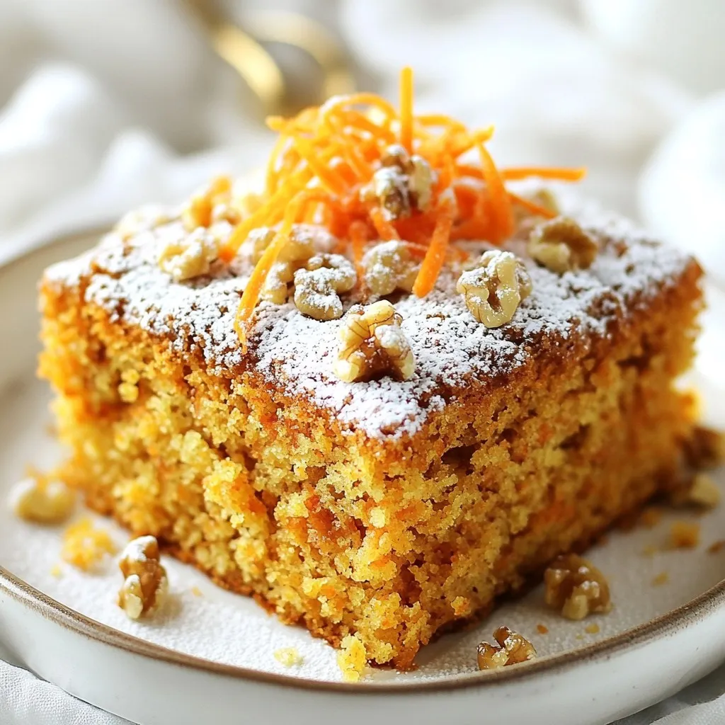 To make this tasty cake, gather these key ingredients: - 2 cups rolled oats - 1 teaspoon baking powder - 1 teaspoon baking soda - 1 teaspoon ground cinnamon - 1/2 teaspoon ground nutmeg - 1/4 teaspoon salt - 2 cups grated carrots (about 3 medium carrots) - 1/2 cup unsweetened applesauce - 1/4 cup honey or maple syrup - 1/4 cup plain Greek yogurt - 2 large eggs - 1 teaspoon pure vanilla extract These ingredients work together to create a moist and flavorful cake. The oats give it a hearty texture, while the carrots add natural sweetness. You can enhance your cake with these fun add-ins: - 1/2 cup chopped walnuts or pecans - 1/2 cup raisins These options add crunch and sweetness. Feel free to mix and match for your perfect cake! If you need alternatives, consider these: - Replace honey with agave syrup for a vegan option. - Use dairy-free yogurt if you prefer a non-dairy cake. These swaps help you fit your diet while still enjoying a delicious treat. {{ingredient_image_2}} First, you need to preheat your oven to 350°F (175°C). This makes sure the cake bakes evenly. While the oven heats, take a 9-inch round cake pan. Lightly grease it with butter or oil. You can also line it with parchment paper for easy removal. In a large bowl, add the rolled oats, baking powder, baking soda, ground cinnamon, ground nutmeg, and salt. Whisk these ingredients together until they blend well. Make sure there are no clumps, as this helps the cake rise nicely. In another bowl, whisk together the grated carrots, unsweetened applesauce, honey or maple syrup, Greek yogurt, eggs, and pure vanilla extract. Mix until everything is smooth and well combined. This mixture adds moisture and flavor to your cake. Now, pour the wet mixture into the bowl with your dry ingredients. Gently stir them together until just combined. Be careful not to over-mix; this keeps your cake light and fluffy. If you want, now is the time to fold in chopped walnuts or pecans and raisins. Transfer the batter to your prepared cake pan. Spread it evenly with a spatula. Place the pan in the oven and bake for 30-35 minutes. To check if it's done, insert a toothpick into the center. It should come out clean. After baking, let the cake cool in the pan for 10 minutes. Then, move it to a wire rack to cool completely before slicing. To get the best texture in your Healthy Oatmeal Carrot Cake, avoid over-mixing. Once you add wet ingredients to dry, stir until just mixed. This keeps your cake light. Use rolled oats, not instant oats. They give the cake a nice chew. Make sure your grated carrots are not too wet. Excess moisture can make the cake dense. A common mistake is not measuring ingredients correctly. Too much flour or oats can ruin the balance. Always use a kitchen scale for accuracy. Another mistake is baking too long. Check your cake with a toothpick at 30 minutes. If it comes out clean, your cake is done. Lastly, don’t skip the cooling step. Letting the cake cool helps it set and makes slicing easier. For a lovely presentation, dust the cooled cake with powdered sugar. Add a few strands of grated carrots on top for color. You can also sprinkle some walnuts to add texture. Serve slices with a dollop of Greek yogurt for creaminess. This adds a nice touch and makes it more appealing. Pro Tips Grate Carrots Finely: Finely grated carrots will blend more seamlessly into the batter, providing a moist texture without large chunks. Use Room Temperature Ingredients: Allow your eggs and Greek yogurt to come to room temperature before mixing; this helps create a smoother batter. Don’t Overmix: Mix the batter just until combined to avoid a dense cake. A few lumps are perfectly fine! Check for Doneness: Since ovens can vary, start checking your cake a few minutes before the recommended baking time to prevent overbaking. {{image_4}} To make this cake vegan, replace the eggs with flax eggs. Mix one tablespoon of ground flaxseed with three tablespoons of water for each egg. Let it sit until it thickens. You can also swap Greek yogurt with a plant-based yogurt. Use maple syrup instead of honey for a fully vegan treat. This keeps the cake moist and delicious. If you need a gluten-free version, use gluten-free rolled oats. Make sure to check labels for any hidden gluten. You can also use almond flour or a gluten-free baking mix in place of regular flour. This change allows the cake to rise well while remaining soft. For a lower sugar option, cut down on honey or maple syrup. Use mashed bananas or unsweetened applesauce for sweetness. You can also try stevia or monk fruit sweetener. Both options provide sweetness without added sugar. Adjust the amount based on your taste. This keeps the cake light and healthy. To keep your Healthy Oatmeal Carrot Cake fresh, store it in an airtight container. This helps maintain moisture and flavor. You can place the container in the fridge. It will stay good for about 5 days. If you notice any signs of mold or a change in smell, it's best to toss it. Freezing is a great option if you want to save some cake for later. First, let the cake cool completely. Then, slice it into pieces for easy serving. Wrap each piece tightly in plastic wrap, then place them in a freezer-safe bag. This helps prevent freezer burn. Your cake can last in the freezer for up to 3 months. When you're ready to enjoy it, just thaw it in the fridge overnight. To reheat your cake, you have a few options. The microwave is quick and easy. Just heat a slice for 15-20 seconds. If you prefer a warm, freshly baked taste, use the oven. Preheat your oven to 350°F (175°C) and heat the cake for about 10 minutes. This method helps keep the cake's texture nice and soft. Enjoy your delicious slice! Yes, you can use quick oats instead of rolled oats. Quick oats cook faster and make the cake softer. The texture may change slightly, but it will still taste good. If you choose quick oats, reduce the baking time by a few minutes. Absolutely! You can replace eggs with applesauce or mashed banana. Use 1/4 cup of applesauce or 1/2 a mashed banana for each egg. This change keeps the cake moist and adds natural sweetness. The cake can last up to five days in the fridge. Make sure to store it in an airtight container. This helps keep it fresh and tasty. You can also cover it with plastic wrap for extra protection. For brunch, slice the cake and serve it warm or at room temperature. You can add a dollop of Greek yogurt on each slice for creaminess. A light dusting of powdered sugar and some grated carrots on top makes it look pretty, too. Healthy oatmeal carrot cake blends great taste and nutrition. You learned about essential ingredients and clever add-ins. I shared step-by-step instructions to make it easy. You got tips on texture and common mistakes. Variations keep it fun with vegan and gluten-free options. Finally, I covered how to store and serve your cake. Remember, cooking is about joy and creativity. Enjoy every bite of your delicious creation!