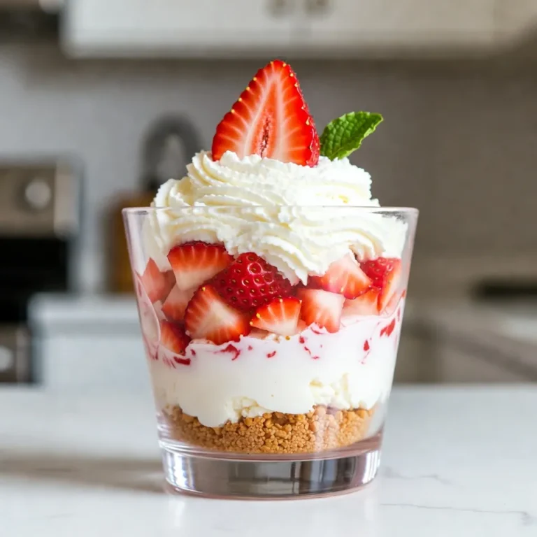 - 1 cup cream cheese, softened to room temperature - ½ cup powdered sugar - 1 teaspoon pure vanilla extract - 1 cup heavy whipping cream - 1 cup fresh strawberries, diced into small pieces - ½ cup graham cracker crumbs - 2 tablespoons unsalted butter, melted - Fresh mint leaves, for garnish (optional) To make No-Bake Strawberry Cheesecake Cups, you need simple and fresh ingredients. Start with cream cheese. It gives the cheesecake its rich flavor and creamy texture. Next, add powdered sugar for sweetness. This sweet touch balances the tang of the cream cheese. Don’t forget the vanilla extract! It adds a lovely aroma and taste. Heavy whipping cream is key for that light, fluffy texture. Whipping it well makes your dessert airy. Fresh strawberries give a burst of flavor and color. Use ripe strawberries for the best taste; they should be sweet and juicy. Graham cracker crumbs form the base of your cups. Mix them with melted butter to create a nice, crunchy layer. Finally, consider adding fresh mint leaves for garnish. They add a pop of color and a hint of freshness. Gather these ingredients, and you're ready to create a delightful treat! {{ingredient_image_2}} - Combining Ingredients Start by taking a mixing bowl. Add 1 cup of softened cream cheese, ½ cup of powdered sugar, and 1 teaspoon of pure vanilla extract. Mix these ingredients together until they blend well. - Mixing Technique Use an electric mixer set to medium speed. Beat the mixture for about 2-3 minutes. You want it to be smooth and creamy, with no lumps. This step is key for a great texture. - Whipping Process In a separate bowl, pour in 1 cup of heavy whipping cream. Using a hand mixer or stand mixer, whip the cream on high speed. This will take about 3-5 minutes. - Achieving Stiff Peaks Keep whipping until you see stiff peaks form. The whipped cream should be thick enough to hold its shape. This will add air and fluffiness to your cheesecake cups. - Layering Instructions Start with a spoonful of the graham cracker mixture at the bottom of each cup. Press it down gently to form a base. Next, spread a layer of the cream cheese mixture over the crust. Then, add a layer of diced strawberries. - Firmness of Layers Repeat the layers: graham cracker crumbs, cream cheese mixture, and strawberries. Keep layering until you use all the ingredients. Make sure the final layer is the cream cheese mixture. This keeps the cups looking nice and neat. Avoiding Deflation of Whipped Cream To keep your whipped cream fluffy, fold gently. Use a spatula to lift and turn the mixture. This method helps maintain air bubbles. If you mix too hard, the cream can deflate. Remember, a light touch is key! Smoothing the Cream Cheese Layer For a rich texture, ensure your cream cheese is soft. Let it sit at room temperature before mixing. This makes it easier to blend with sugar and vanilla. Beat the mixture until it is smooth and free of lumps. Garnishing with Mint A fresh mint leaf adds color and taste. It makes your dessert look fancy. Place it on top of the last layer. This simple step elevates the dish. Serving Style Options Consider using clear glasses for a pretty view of the layers. You can also serve them on a decorative platter. Add extra strawberries around the cups for a colorful display. Over-mixing Ingredients When combining whipped cream with the cream cheese mix, don’t over-mix. This can make your dessert heavy. Aim for a light and airy blend. Incorrect Layering Layering is crucial for looks and taste. Always start with graham cracker crumbs. Follow with cream cheese, then strawberries. Make sure the last layer is cream cheese. This keeps everything neat and tasty. Pro Tips Use Room Temperature Ingredients: Allow the cream cheese to soften completely at room temperature for a smoother mixture. This will help prevent lumps when you mix it with the powdered sugar and vanilla. Perfect Whipping Cream: Ensure your mixing bowl and beaters are cold before whipping the cream. This will help the cream whip faster and achieve stiff peaks more easily. Layering Technique: When layering your cups, press down gently on each layer to create a stable structure. This will keep the cups from collapsing and make for a beautiful presentation. Fresh Strawberries: Use fresh, ripe strawberries for the best flavor. If strawberries are out of season, consider using other fruits like blueberries or raspberries for a different twist. {{image_4}} You can change the flavors in your no-bake strawberry cheesecake cups. Adding other fresh fruits gives a fun twist. Try blueberries, raspberries, or even chopped peaches. Each fruit adds its own taste and looks great in the cups. You can also use flavor extracts to switch things up. A bit of almond or lemon extract can make for a tasty surprise. Just add a few drops to the cream cheese mix. This can enhance the flavor without adding extra fruit. If you have dietary needs, don't worry. You can easily make gluten-free options. Use gluten-free graham cracker crumbs for the crust. Many brands now offer great-tasting substitutes that work well. For dairy-free alternatives, swap cream cheese with a dairy-free version. Look for cashew or almond-based cream cheeses. Use coconut cream instead of heavy cream for a rich texture. You can still enjoy this dessert without dairy. You can adjust the serving sizes for your needs. If you want more servings, double the recipe. This is easy and keeps the same delicious taste. You can also halve the recipe for a smaller treat. For a fun twist, make miniature versions. Use small cups or shot glasses for a bite-sized dessert. These are perfect for parties or gatherings. Everyone loves a cute dessert they can grab and enjoy! To keep your no-bake strawberry cheesecake cups fresh, store them in the fridge. Place them in a covered container. This limits air exposure and helps maintain flavor. Use airtight containers. These containers prevent moisture from ruining your delicious treat. If you do not have a lid, wrap each cup with plastic wrap. Make sure it is tight around the edges. These cheesecake cups last about 3 to 5 days in the fridge. After that, they may not taste good. Look for signs of spoilage. If the cups smell sour or have a watery texture, it’s time to toss them. Fresh strawberries on top may also turn mushy or change color. Always check before enjoying! You can store No-Bake Strawberry Cheesecake Cups in the fridge for up to three days. Make sure to cover them tightly. This keeps them fresh and tasty. After three days, the texture may change. Always check for freshness before enjoying! Yes, you can make this recipe ahead of time. I suggest preparing it the day before you plan to serve. This gives the flavors a chance to blend. Just make sure to store them in the fridge until you're ready to enjoy. If you need a substitute for heavy cream, try using coconut cream. This option works well and gives a nice flavor. You can also use half-and-half, but it may not whip as well as heavy cream. Yes, you can use frozen strawberries! Just make sure to thaw them first. Drain any excess liquid to avoid a soggy texture. Frozen strawberries can still taste great and add sweetness to your cheesecake cups. Absolutely! You can prepare the cups and layer them ahead of time. Just keep them in the fridge. This makes it easy for parties or family gatherings. It’s a great way to save time and still impress your guests! You learned how to make no-bake strawberry cheesecake cups. We covered essential ingredients, easy steps, and tips for perfect layers. You can customize flavors and scale the recipe for any gathering. Remember to store your treats properly to keep them fresh. Enjoy making this delicious dessert and impress your friends and family! Keep experimenting and having fun in the kitchen. Simple variations can lead to delightful surprises. Happy baking!