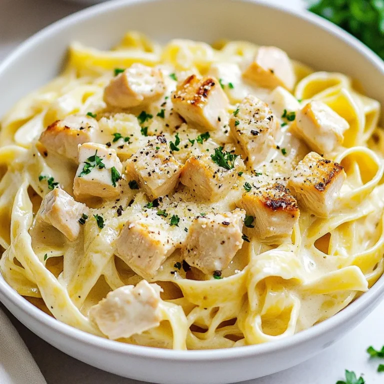 - 1 pound boneless, skinless chicken breasts, diced into bite-sized cubes - 12 ounces fettuccine pasta - 4 cups chicken broth (homemade or low-sodium) - 1 cup heavy cream - 1 cup grated Parmesan cheese (plus extra for serving) - 3 cloves garlic, finely minced - 1 teaspoon dried Italian seasoning - Salt and freshly cracked black pepper, to taste - 2 tablespoons extra virgin olive oil The star of our dish is the chicken. It gives a nice, tender bite. Next, we have fettuccine pasta. It cooks well in the Instant Pot and holds the sauce perfectly. Chicken broth adds depth to the flavor while keeping it moist. Heavy cream makes it rich and creamy, and Parmesan cheese adds that savory kick. Garlic and Italian seasoning infuse the dish with wonderful aromas. Salt and pepper enhance all the flavors, while olive oil helps with cooking the chicken. - Fresh parsley, finely chopped (for garnish) - Additional grated Parmesan cheese Garnishes add a fresh touch. Fresh parsley brightens the dish and adds color. Extra Parmesan gives it that cheesy finish many love. Feel free to get creative with your garnishes! {{ingredient_image_2}} To start, I select the Sauté function on my Instant Pot. I pour in 2 tablespoons of extra virgin olive oil. After about a minute, the oil will shimmer. Now, I add 1 pound of diced chicken breasts. I make sure to season it well with salt and freshly cracked black pepper. I sauté the chicken for around 5 minutes until it turns a golden brown on all sides. Next, I incorporate 3 cloves of finely minced garlic and 1 teaspoon of dried Italian seasoning into the pot. I sauté this mix for another 1 to 2 minutes. I keep an eye on the garlic so it doesn’t burn. Burnt garlic can ruin the dish. Now comes the fun part! I carefully pour in 4 cups of chicken broth. I use a spatula to scrape any tasty bits stuck on the bottom of the pot. This process is called deglazing. It helps to boost the flavor of the dish. Then, I add 12 ounces of fettuccine pasta. I make sure the pasta is fully submerged in the broth so it cooks evenly. I close the lid tightly and set the Instant Pot to the Manual or Pressure Cook setting for 4 minutes. When the cooking cycle is over, I perform a quick release of the pressure. I turn the vent to let the steam out carefully. Once the steam escapes, I open the lid with care. I stir in 1 cup of heavy cream and 1 cup of grated Parmesan cheese. I mix it well until everything is combined. After that, I taste the dish and adjust the seasoning with more salt and pepper if needed. I let the dish sit for about 5 minutes. This resting time helps thicken the sauce. The result is a rich and creamy delight you will love! To get a rich and creamy texture, stir well after adding cream and cheese. This helps blend everything nicely. After cooking, let the dish sit for about five minutes. This resting time allows the sauce to thicken and become even creamier. When sautéing chicken, aim for nice browning. This adds great flavor to your dish. Be careful with garlic; sauté it just until it smells good. If garlic burns, it can make your dish taste bitter. Set the Instant Pot to high pressure. This helps cook everything evenly and quickly. To avoid pasta clumping, spread it out in the broth. Make sure all pasta is submerged for even cooking. Pro Tips Use Fresh Ingredients: Fresh chicken and high-quality Parmesan cheese will elevate the flavor of your Alfredo dish significantly. Deglaze Properly: Make sure to scrape the bottom of the pot well while deglazing to incorporate all the delicious browned bits into the sauce. Don't Overcook the Pasta: The pasta will continue to cook slightly after pressure cooking, so ensure you set the timer for exactly 4 minutes. Adjust Consistency: If the sauce is too thick after resting, add a splash of chicken broth or extra cream to reach your desired consistency. {{image_4}} You can change up this recipe to fit your diet. For gluten-free pasta, choose rice or quinoa pasta. These options work well and still taste great. For a dairy-free version, use coconut cream or cashew cream. They provide a rich texture without dairy. Adding veggies is a smart way to boost nutrition. Consider spinach, broccoli, or peas. Just add them in with the pasta. You can also spice things up with red pepper flakes. This little kick adds fun heat and makes the dish more exciting. If you want a twist, swap chicken for shrimp or sausage. Shrimp cooks quickly and adds a nice flavor. For a vegetarian option, use mushrooms or a mix of your favorite veggies. They soak up the sauce well and make the dish hearty. To keep your Chicken Alfredo fresh, store it in the fridge. Place leftovers in an airtight container. Make sure to cool the dish to room temperature before sealing. This helps prevent bacteria growth. The Alfredo will stay good for about three to four days. Remember, the sooner you eat it, the better the taste! When you reheat Chicken Alfredo, you want to keep it creamy. The stovetop is the best choice for this. Pour the leftovers into a pan over low heat. Stir often and add a splash of cream or broth if it seems thick. If you use the microwave, heat it in short bursts. Stir between each burst to help it heat evenly. Yes, you can freeze Chicken Alfredo! First, let it cool completely. Then, put it in a freezer-safe container. Make sure to leave some space at the top for expansion. It can freeze well for up to three months. When you’re ready to eat it, thaw it in the fridge overnight. Reheat it on the stove with a bit of cream to restore its creamy texture. Enjoy! Cooking Chicken Alfredo in an Instant Pot takes about 30 minutes from start to finish. This includes prep time and cooking time. The actual cooking time under pressure is just 4 minutes. However, don't forget to count the time it takes for the pot to come to pressure. This can add an extra 10 to 15 minutes. The total time may vary based on your model and the amount of ingredients. Yes, you can use frozen chicken for this recipe. Just remember to add a few extra minutes to the cooking time. If you use frozen chicken breasts, cook them for 6 to 8 minutes under pressure. Make sure the chicken pieces are about the same size for even cooking. Always check that the chicken is cooked through before serving. If you want a lower fat option, there are several ingredients you can use instead of heavy cream. Here are some ideas: - Half-and-half: This is a great substitute that keeps it creamy. - Greek yogurt: This adds creaminess and protein. Mix it in after cooking. - Coconut milk: This option gives a hint of sweetness and is dairy-free. - Milk with a little flour: This can help thicken the sauce while keeping it light. These alternatives can change the flavor, so choose what you like best! This blog post covered making Chicken Alfredo in an Instant Pot. We explored the main ingredients like chicken, pasta, and broth, and optional garnishes such as fresh herbs. I shared step-by-step instructions for cooking. You learned essential tips for a creamy texture and sautéing. We also discussed tasty variations and storage tips. In summary, this dish is quick and adaptable. Whether you prefer it classic or with twists, Chicken Alfredo is sure to please. Enjoy your cooking journey!