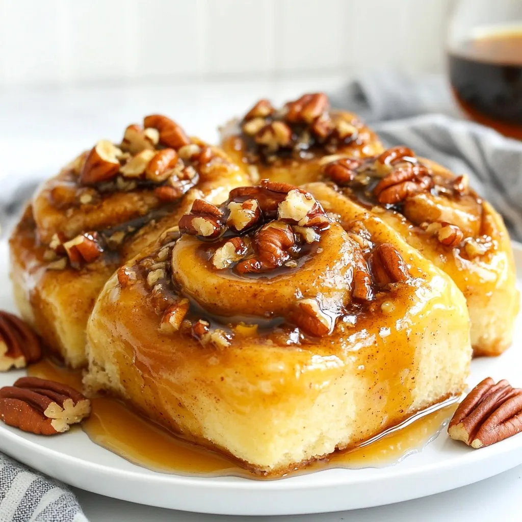 To make delicious Maple Pecan Sticky Buns, you need some key ingredients. Here’s what you will use: - 2 cups all-purpose flour - 1/4 cup granulated sugar - 1/2 teaspoon salt - 1 packet (2 1/4 tsp) instant yeast - 1/2 cup warm milk (about 110°F) - 1/4 cup unsalted butter, melted - 1 large egg - 1 teaspoon vanilla extract - 1/2 cup brown sugar, packed - 1/2 cup chopped pecans - 1/4 cup maple syrup - 1/2 teaspoon ground cinnamon - 1/4 teaspoon nutmeg - 1/4 cup raisins (optional for added sweetness) These ingredients come together to create a sweet and sticky treat. The flour and sugar form the base, while the yeast helps the dough rise. Milk adds moisture, and butter gives it richness. The egg and vanilla enhance the flavor. The brown sugar and maple syrup provide that lovely sweetness we crave. Pecans add a nice crunch, and spices like cinnamon and nutmeg bring warmth. If you like, toss in some raisins for extra texture. Make sure you use fresh ingredients. This ensures your sticky buns turn out fluffy and flavorful. Enjoy gathering these items; each one plays an important role in your baking adventure! {{ingredient_image_2}} - Combine dry ingredients: In a large bowl, mix 2 cups of flour, 1/4 cup of sugar, 1/2 teaspoon of salt, and 1 packet of instant yeast. Make sure to blend them well. - Mix wet ingredients: In another bowl, whisk together 1/2 cup of warm milk, 1/4 cup of melted unsalted butter, 1 large egg, and 1 teaspoon of vanilla extract. This will create a smooth mixture. - Knead the dough: Pour the wet mix into the dry ingredients. Stir until they blend. Now, knead the dough on a floured surface for about 5-7 minutes until it is soft and elastic. - Transfer to a greased bowl: Place the kneaded dough into a greased bowl. This helps it not to stick. - Cover and find a warm spot: Cover the bowl with a clean kitchen towel. Place it in a warm area. Let it rise until it doubles in size, which takes about 1 hour. - Roll out the dough: Once the dough has risen, punch it down gently. Roll it out on a floured surface into a rectangle about 12x8 inches. - Prepare the filling mixture: In a small bowl, mix 1/2 cup of brown sugar, 1/2 cup of chopped pecans, 1/2 teaspoon of ground cinnamon, and 1/4 teaspoon of nutmeg. Add raisins if you like extra sweetness. - Spread filling and roll the dough: Evenly spread the filling over the dough, leaving a small edge. Roll it tightly from the long side to form a log. - Slice the rolled dough: Cut the log into 12 equal pieces. Each piece should be about 1 inch thick. - Arrange in baking dish: Place the slices cut side up in a greased baking dish. Make sure they are spaced evenly. - Prepare the maple mixture: In a saucepan, heat 1/4 cup of maple syrup and any leftover melted butter. Stir until it thickens slightly. - Preheat oven and let rise again: Preheat your oven to 350°F (175°C). Let the buns rise for about 30 more minutes while the oven heats. - Bake and cool: Bake the buns for 25-30 minutes until golden brown. Allow them to cool for a few minutes before flipping them onto a plate. Enjoy the sweet aroma! To get a soft dough, use warm milk. It helps the yeast wake up. Knead the dough well for 5-7 minutes. This builds the gluten and adds strength. A good dough should feel smooth and elastic. If it sticks to your hands, add a bit more flour. You can add extras to boost flavor. Consider adding chocolate chips or dried cranberries. These give a nice twist to the classic taste. You can also adjust the sweetness. If you prefer less sugar, cut back on the brown sugar or maple syrup. Serve the sticky buns warm for the best taste. You can drizzle extra maple syrup on top for added sweetness. Garnishing with whole pecans makes them look great too. They are perfect for brunch or dessert. Enjoy them with a cup of coffee or tea for a cozy treat! Pro Tips Use Fresh Ingredients: Ensure your yeast is fresh for the best rise. Check the expiration date on the packet to guarantee optimal results. Temperature Matters: Make sure the milk is warm but not hot when mixing with the yeast, as excessive heat can kill the yeast and prevent the dough from rising. Let Them Rise: Don’t rush the rising time. Allowing the dough to double in size is crucial for achieving that fluffy, airy texture in your sticky buns. Perfect Serving: Serve the sticky buns warm for the best flavor and texture. Drizzling additional maple syrup just before serving will enhance their sweetness. {{image_4}} You can change the nuts in this recipe. If you don't have pecans, try walnuts or almonds. Both give a nice crunch. Walnuts add a rich taste, while almonds bring a sweet touch. Just chop them up and use the same amount as pecans. You will still get that lovely nutty flavor. Add a twist by mixing in chocolate chips or cranberries. Chocolate chips offer a sweet, rich flavor that blends well with the maple. You can use dark or milk chocolate based on your taste. If you prefer a fruity note, cranberries add tanginess. Toss in about half a cup of either for a fun surprise. Want a vegan version? It's easy! Replace the egg with a flax egg. Mix one tablespoon of flaxseed meal with three tablespoons of water. Let it sit until thick. Use almond or oat milk in place of regular milk. Coconut oil can replace butter. These swaps keep the sticky buns delicious and plant-based. To keep your Maple Pecan Sticky Buns fresh, place them in an airtight container. You can store them in the refrigerator for up to five days. This helps to maintain their softness and flavor. If you want to freeze them, wrap each bun tightly in plastic wrap. Then, place them in a freezer-safe bag. They can last in the freezer for up to three months. When you're ready to eat, just thaw them in the fridge overnight. To enjoy your sticky buns warm again, use the oven. Preheat it to 350°F (175°C). Place the buns in a baking dish, cover with foil, and heat for about 10 minutes. This warms them without drying them out. You can also use the microwave. Place a bun on a microwave-safe plate. Add a damp paper towel on top. Heat for 15-20 seconds. Check if it's warm enough. If not, heat in short bursts until warm. Yes, you can make the dough the night before. After you knead it, cover it and put it in the fridge. This slows down the yeast. In the morning, take it out and let it rise. It should take about an hour to double in size. The buns are done when they turn golden brown. You can also check the center with a toothpick. If it comes out clean, they are ready. The tops should feel firm but soft when you touch them. If your dough does not rise, the yeast might be old. Check the expiration date on the packet. You can also try placing the dough in a warm spot. If it still doesn't rise, you may need to start over with fresh yeast. Yes, you can use instant yeast instead of active yeast. It works faster and does not need to be dissolved first. Just mix it with your dry ingredients. You can skip the proofing step, saving you some time. We covered the key ingredients and steps to make delicious sticky buns. You learned how to prepare the dough, shape it, and bake it perfectly. I shared tips for the best texture and flavor, along with variations for personalization. Remember, practice makes perfect when baking. With these methods, you’ll create treats everyone loves. Enjoy baking and sharing your sticky buns with friends and family!