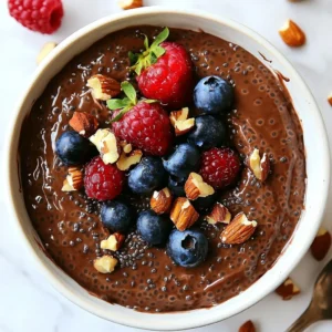 To make vegan chocolate chia pudding, you need a few simple ingredients. Each one plays a vital role in making this treat delicious and creamy. Here’s what you will need: - 1/2 cup chia seeds - 2 cups unsweetened almond milk (or any preferred plant-based milk) - 1/2 cup unsweetened cocoa powder - 1/4 cup pure maple syrup (adjust based on sweetness preference) - 1 teaspoon vanilla extract - A pinch of sea salt - Fresh berries (such as strawberries, blueberries, or raspberries) and chopped nuts (like almonds or walnuts) for garnishing (optional) Chia seeds are the stars of this recipe. They swell and absorb liquid, creating a lovely, thick texture. Almond milk adds creaminess without dairy. Cocoa powder gives the rich chocolate flavor. Maple syrup brings sweetness, while vanilla extract adds a nice aroma. Finally, sea salt enhances all the flavors. Feel free to get creative with the optional garnishes. Fresh berries add a pop of color and freshness, while nuts provide a satisfying crunch. Each ingredient contributes to a balanced and tasty pudding. {{ingredient_image_2}} First, grab a medium-sized mixing bowl. Add the following ingredients: - 1/2 cup chia seeds - 2 cups unsweetened almond milk - 1/2 cup unsweetened cocoa powder - 1/4 cup pure maple syrup - 1 teaspoon vanilla extract - A pinch of sea salt Now, take a whisk and mix everything well. Whisk for about 2 to 3 minutes. This step helps remove lumps from the cocoa powder. You want a smooth mixture with no dry spots. After mixing, let the pudding sit for 10 minutes. This resting time is key. It allows the chia seeds to absorb some liquid. After 10 minutes, whisk the mixture again. This breaks up any clumps that formed. Once mixed again, you can either cover the bowl with plastic wrap or divide the pudding into cups. I like using small jars for easy serving. Then, pop it into the fridge. Chill for at least 4 hours or overnight. This waiting time lets the pudding thicken beautifully. When you are ready to eat, stir it well. If it feels too thick, add a splash of almond milk. Adjust until you reach your perfect consistency. Now, you can enjoy your creamy, delicious vegan chocolate chia pudding! To get the right texture, you may need to adjust the consistency. If your pudding seems too thick, just add a splash of almond milk. Stir it in until you reach your desired creaminess. This pudding needs time to thicken. Let it rest and chill properly. The chia seeds absorb the milk and swell up. This process is key to having a smooth, thick pudding. Whisking is crucial to avoid clumps. When you mix the ingredients, do it vigorously for a few minutes. This helps break up any cocoa powder lumps. If you notice clumps after resting, whisk again for a smooth finish. Choosing quality cocoa powder matters too. Look for a fine texture. This ensures even mixing and a rich chocolate flavor. Pro Tips Chia Seed Soaking Time: Allowing the chia seeds to soak for longer than 4 hours or overnight will yield an even thicker pudding, enhancing the texture. Sweetness Adjustment: Feel free to adjust the sweetness by adding more or less maple syrup, or even a different sweetener like agave or date syrup based on your taste preferences. Flavor Variations: Experiment with different flavors by adding a spoonful of nut butter or a dash of espresso powder to the mix for a unique twist on the classic chocolate flavor. Serving Suggestions: For an extra special touch, serve the pudding in elegant glasses or bowls, and layer it with granola or coconut whipped cream for added texture and flavor. {{image_4}} You can make your vegan chocolate chia pudding even more fun by adding flavors. One great option is nut butter. You can mix in a spoonful of peanut or almond butter. This addition adds creaminess and a rich taste. Another way to enhance flavor is by using extracts. Try adding mint or orange extract. These will give your pudding a unique twist. Just a drop or two can make a big difference. Sweetness is key for this pudding. You can use different sweeteners to suit your taste. Agave syrup is a good choice if you want a mild flavor. Coconut sugar offers a caramel-like taste. Both work well in this recipe. You can also change how sweet you want it. If you like it sweeter, add more maple syrup. If you prefer it less sweet, simply use less. Adjusting sweetness is easy and makes the pudding just right for you. To keep your leftover pudding fresh, place it in an airtight container. This step helps avoid any unwanted odors from your fridge. You can also cover the bowl tightly with plastic wrap. Refrigerate the pudding for up to five days. After that, the texture and taste may change. Yes, you can freeze vegan chocolate chia pudding! To freeze, portion it into small containers. Make sure to leave some space at the top for expansion. When you want to enjoy it, move a container to the fridge overnight to thaw. If it's too thick after thawing, stir in a little almond milk until it's creamy again. Enjoy! The pudding needs at least 4 hours to set. I often recommend leaving it overnight. This time allows chia seeds to absorb the milk and thicken properly. You’ll get a smooth, creamy texture that you will love. Yes, you can use regular milk if you prefer. However, this recipe shines with plant-based milk. Almond milk adds a nice flavor. You can also try oat milk or coconut milk for a different taste. Chia seeds are tiny powerhouses. They are high in fiber, which helps with digestion. They also provide omega-3 fatty acids, good for heart health. Plus, they are a great source of protein and calcium. Absolutely! Just swap almond milk for another plant-based milk. Soy milk or oat milk work great. This way, you can enjoy the pudding without any nuts. Yes, this pudding is perfect for meal prep. You can make it up to five days ahead. Store it in individual cups or a sealed container. Just remember to add fresh toppings right before serving. In this article, we explored how to make delicious vegan chocolate chia pudding. We covered the ingredients, step-by-step instructions, and useful tips. You learned how to mix, rest, and chill the pudding for the best texture. We also discussed fun variations and storage tips. Making this simple dessert at home is easy and fun. Enjoy getting creative with flavors and toppings. This treat is not just tasty; it's also nutritious and easy to store for later. Dive into your kitchen and start making your own pudding today!